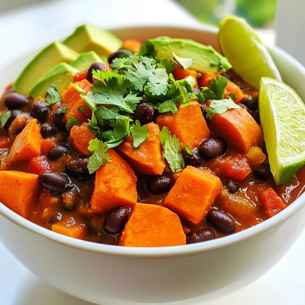- 2 medium sweet potatoes, peeled and diced - 1 can (15 oz) black beans, drained and rinsed - 1 can (14 oz) diced tomatoes (with juices) - 1 medium onion, diced - 3 cloves garlic, minced - 1 bell pepper (red or green), diced - 2 cups vegetable broth - 2 teaspoons ground cumin - 1 teaspoon smoked paprika - 1 teaspoon chili powder - ½ teaspoon cayenne pepper (adjust to taste) - Salt and pepper to taste - 1 tablespoon olive oil - Fresh cilantro, chopped (for garnish) - Avocado slices (for serving) - Lime wedges (for serving) Sweet potatoes bring a sweet taste and nice texture to this chili. Black beans add protein and fiber. Diced tomatoes add moisture and flavor. The onion, garlic, and bell pepper give a great base. Vegetable broth makes it all come together. Spices make this dish pop. Cumin adds warmth. Smoked paprika adds a slight smokiness. Chili powder gives heat, while cayenne pepper adds a kick. You can adjust the cayenne to your taste. Olive oil helps to sauté the vegetables. Fresh cilantro gives a burst of color and flavor. Avocado slices add creaminess, and lime wedges add brightness. This combination makes a hearty meal. 1. Start by heating olive oil in a large pot over medium heat. 2. Add the diced onion and bell pepper. Sauté until soft, about 5 minutes. 3. Next, stir in the minced garlic. Cook for another 1-2 minutes, but don’t let it burn. 1. Now, add the diced sweet potatoes, black beans, and diced tomatoes with their juices. 2. Pour in the vegetable broth, then sprinkle the ground cumin, smoked paprika, chili powder, cayenne pepper, salt, and pepper. 3. Bring everything to a boil. After it boils, lower the heat and cover the pot. 4. Let the chili simmer for 25-30 minutes. Stir occasionally until the sweet potatoes are tender. 1. Taste your chili. Adjust the seasoning if needed, adding salt, pepper, or spices. 2. Serve the chili hot. Garnish with fresh cilantro and avocado slices. Add lime wedges for a zesty kick. - Best practices for softening sweet potatoes: Cut sweet potatoes into small, even pieces. This helps them cook faster and become tender. Cook them in the chili from the start. The simmering chili will soften them well. You can also boil them for 10 minutes before adding them to the pot. - How to prevent burning the garlic: Add garlic after the onion and bell pepper start to soften. Cook the garlic for just 1-2 minutes. Stir it often and watch it closely. If it starts to brown too much, lower the heat. Burnt garlic tastes bitter, so keep it fresh and fragrant. - Serving suggestions with garnishes: Serve the chili in bright bowls. Top each bowl with fresh cilantro and avocado slices. Squeeze fresh lime juice on top for a zesty kick. This adds color and flavor. - Bowl and plate ideas for aesthetic appeal: Choose colorful bowls to make the dish pop. A deep bowl highlights the chili's texture. Use small plates for lime wedges and extra toppings. You can also add a sprinkle of chili powder for a nice touch on the rim of the bowl. {{image_2}} You can mix up the beans in this chili. Try kidney beans or pinto beans instead of black beans. You can also add more veggies. Zucchini, corn, or spinach work great in this dish. For extra protein, ground turkey or tofu makes a nice addition. Just brown the turkey first or press the tofu to remove extra water before adding it to the pot. Do you want more heat? Add more cayenne pepper or some diced jalapeños. If you prefer it milder, skip the cayenne and reduce the chili powder. You can also use sweet paprika instead of smoked paprika for a softer flavor. This chili is easy to make gluten-free. Just use gluten-free vegetable broth, and you're set. If you want vegan options, skip the ground turkey or tofu. You can also add more beans or veggies to keep it hearty and satisfying. Store leftover chili in an airtight container. Make sure it cools down first. This keeps flavors fresh. Use glass or plastic containers that seal well. Label with the date for easy tracking. To reheat, the stovetop works best. Heat on low, stirring often. This way, it warms evenly. If you choose the microwave, use a microwave-safe bowl. Stir halfway through to avoid hot spots. You can freeze this chili for later meals. Let it cool completely before freezing. Use freezer-safe bags or containers. Remove as much air as possible to prevent freezer burn. To thaw, place it in the fridge overnight. Reheat on the stovetop or microwave until hot. Yes, you can make this chili in a slow cooker. Start by sautéing the onion and bell pepper in a pan. After that, add all the ingredients to the slow cooker. Cook on low for 6-8 hours or on high for 3-4 hours. This method makes the flavors blend well and keeps your kitchen cool. You can store leftovers in the refrigerator for up to 5 days. Make sure to put the chili in an airtight container. This keeps it fresh and safe to eat. This chili pairs well with many sides. You can serve it with rice or cornbread. Toppings like avocado, lime, or cilantro add flavor. A fresh salad can also balance the meal. Yes, you can use fresh tomatoes instead of canned. Just chop about 2-3 medium tomatoes. Add them to the pot with some extra broth, as fresh tomatoes have more water. Absolutely! This chili is great for meal prep. It stores well and tastes even better the next day. You can pack it in single servings for easy lunches or dinners throughout the week. This blog post covered the key elements of making Sweet Potato Black Bean Chili. You learned about the best ingredients, step-by-step cooking, and tips for perfect taste. I shared ideas for variations and how to store leftovers. Remember, your chili can change based on your taste and needs. Enjoy experimenting with spices or adding protein! This dish is not just tasty; it’s also healthy and easy to make. Dive in, get creative, and serve up a bowlful of comfort!