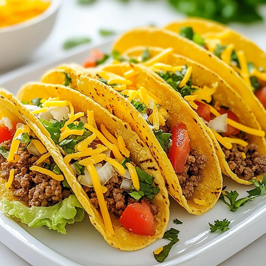 - 1 lb ground beef - 8 small taco shells The main star of Big Mac Tacos is ground beef. You want a good quality beef for the best taste. I like using 80/20 ground beef for juiciness. Taco shells are the perfect vessel for all that delicious filling. You can use hard or soft shells, depending on your preference. - 1 tablespoon garlic powder - 1 tablespoon onion powder - 1 teaspoon paprika - 1 tablespoon ketchup - 1 tablespoon yellow mustard - 1 tablespoon mayonnaise Seasoning is key to flavor. Garlic powder and onion powder add depth. Paprika gives a nice smokiness. The condiments bring it all together! Mixing ketchup, mustard, and mayonnaise creates a tasty special sauce. This sauce is a must for that classic Big Mac taste. - 1 cup shredded lettuce - 1 cup diced tomatoes - 1 cup shredded cheddar cheese - Optional: pickles, sliced for topping Fresh toppings make these tacos pop! Shredded lettuce adds crunch, while diced tomatoes bring freshness. Cheddar cheese melts beautifully, giving a rich taste. If you love pickles, a few slices on top add that extra zing. These toppings make your Big Mac Tacos colorful and fun! {{ingredient_image_1}} 1. Start by browning the ground beef in a large skillet. Set your heat to medium-high. Use a spatula to break the beef into small pieces. Cook until it turns brown and no pink remains. This takes about 5-7 minutes. 2. Drain any excess grease from the skillet. Next, add the finely chopped onion. Stir in the garlic powder, onion powder, paprika, salt, and black pepper. Mix well. Cook for about 3-4 minutes. You want the onion to soften and release its nice aroma. 3. Once cooked, remove the skillet from heat. Add the ketchup and mustard. Stir everything together. Set this mixture aside to cool for a bit. 1. In a small bowl, make the special sauce. Mix mayonnaise with a splash of ketchup. This adds a creamy touch to your tacos. 2. Now, prepare the taco shells. Follow the package instructions for heating them. You can make them crispy or keep them soft, depending on your preference. 3. To fill the tacos, spoon a portion of the beef mixture into each shell. Be generous! 1. Top each taco with shredded lettuce and diced tomatoes. Add a sprinkle of shredded cheddar cheese for that gooey goodness. 2. Drizzle the special sauce over the top. If you like pickles, add a few slices for extra flavor. 3. Serve your Big Mac Tacos right away. Enjoy them warm for the best taste! To make Big Mac Tacos even tastier, try adding spices and herbs. Here are my top picks: - 1 tablespoon garlic powder - 1 tablespoon onion powder - 1 teaspoon paprika - 1 teaspoon salt - ½ teaspoon black pepper These spices bring depth to the beef. You can also personalize the sauce. Mix mayonnaise with a splash of ketchup for a creamy twist. Add some hot sauce for a kick. Heating taco shells right is key. I recommend using the oven for the best result. Preheat it to 350°F. Place the shells on a baking sheet for about 5 minutes. This makes them warm and crisp. You can choose between crunchy and soft shells. Crunchy shells add a fun texture. Soft shells are easier to fold and eat. Pick what you like best! Meal prep can save you time. Cook a batch of beef ahead of time. Store it in the fridge for up to three days. This way, you can make tacos quickly on busy nights. If you need quick alternatives, use pre-cooked taco meat. You can also buy ready-made taco shells. These tricks keep cooking simple and fast. Pro Tips Use Lean Ground Beef: Opt for lean ground beef to reduce excess grease, making your tacos healthier without sacrificing flavor. Customize Your Sauce: Feel free to add extra spices or hot sauce to the mayonnaise-ketchup mixture for a personalized kick! Warm Taco Shells: Warm your taco shells in the oven or microwave before filling them to enhance their flavor and texture. Add Extra Toppings: Consider adding sliced jalapeños, avocado, or even crispy bacon bits for additional flavor and texture in your tacos. {{image_2}} You can change the ground beef to turkey for a leaner taco. Turkey still gives a great taste. If you want a plant-based option, use lentils or a meat substitute. These swaps keep the dish tasty and fun. For cheese, while cheddar is classic, you can try pepper jack for a kick. Creamy goat cheese adds a rich flavor too. Mixing cheeses can bring a new twist to your Big Mac Tacos. Want to spice things up? Add jalapeños for a spicy Big Mac Taco. Chop them finely and mix them in with the beef. They bring heat and flavor that pairs well with the other toppings. For a BBQ twist, drizzle barbecue sauce inside the taco. It gives a sweet and smoky flavor that will surprise your taste buds. This variation is perfect for summer cookouts or casual gatherings. If you're avoiding gluten, look for corn taco shells. They are often gluten-free and hold the filling well. You can also use lettuce leaves for a fresh, low-carb taco. Making your own taco seasoning is easy and gluten-free. Mix chili powder, cumin, and a pinch of salt. This way, you control the flavors and avoid any added fillers. To keep your Big Mac Tacos fresh, store leftovers in the fridge. Place the taco filling in an airtight container. This helps keep it moist and tasty. The taco shells can stay out, but cover them to prevent them from getting stale. You can refrigerate taco filling for up to three days. If you want to save the filling for later, freezing is a great option. Just put the cooled beef mixture in freezer bags. Squeeze out the air before sealing. This way, it can last for about three months in the freezer. Reheating your tacos is easy! For the beef filling, the best way is to use a skillet. Heat it on medium heat, stirring often. This keeps the texture nice and juicy. If you prefer the microwave, place the filling in a bowl. Cover it with a damp paper towel. Heat in short bursts of 30 seconds, stirring in between. For taco shells, heat them in the oven. Wrap them in foil and warm at 350°F for about 10 minutes. This gives them a nice crunch! Each ingredient in your Big Mac Tacos has its own shelf life. Ground beef can last in the fridge for 1-2 days after cooking. Onions and tomatoes can stay fresh for up to a week. Shredded cheese can stay good for about a week in the fridge. If you notice any mold or an off smell, it’s time to throw it out. When it comes to signs of spoilage, look for changes in color or texture. If anything smells sour or looks slimy, do not eat it. Always trust your senses! Big Mac Tacos are a fun mix of two favorites: Big Macs and tacos. They use taco shells filled with seasoned ground beef, just like a Big Mac patty. You get all the flavors of a Big Mac in a handheld taco. You have the classic toppings like lettuce, tomatoes, and cheese. This dish combines the crunch of tacos with the savory taste of a Big Mac. It’s a delicious and creative twist on both meals. Yes, you can prepare some parts ahead. You can cook the beef and mix in the seasonings a day before. Just store it in a sealed container in the fridge. You can also chop the veggies and cheese early. Keep these in separate containers. This way, you can quickly assemble the tacos when you are ready to eat. However, it’s best to fill the taco shells just before serving. This keeps them crispy and fresh. Yes, there are tasty vegetarian options. You can use lentils or black beans instead of ground beef. These offer a similar texture and are full of flavor. You can also try crumbled tofu or tempeh. Just season them like the beef with garlic, onion, and paprika. This gives you the same great taste. Make sure to add your favorite toppings like lettuce and cheese to complete the dish. In this blog post, we covered making Big Mac Tacos, from key ingredients to tips for flavor. You learned how to cook ground beef with spices and assemble the tacos with fresh toppings. Remember, you can customize these tacos with different flavors and ingredients to suit your taste. Feel free to get creative and make them your own. Enjoy the process, and share your tasty creations with friends and family! Make every taco night a fun event, and never hesitate to experiment.