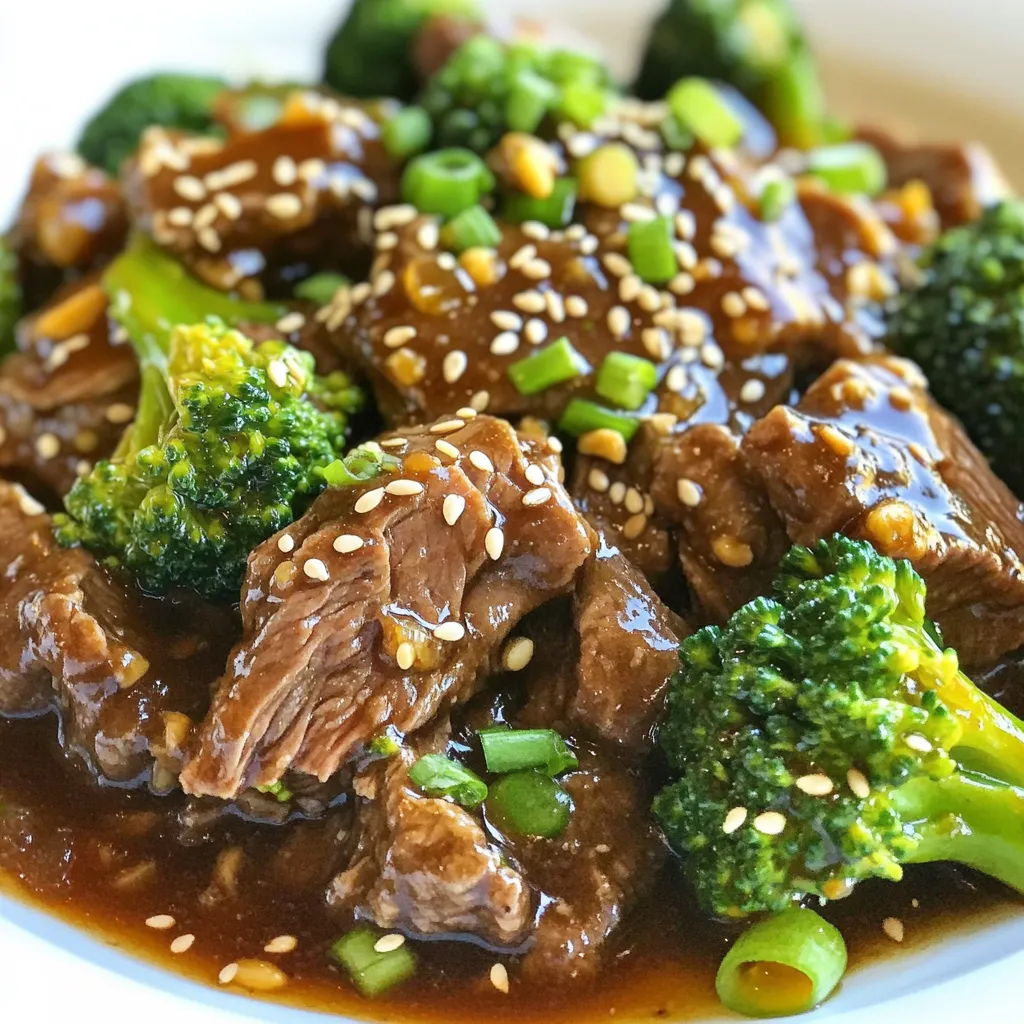 - 1.5 lbs beef flank steak, sliced thinly against the grain - 4 cups broccoli florets - 1 cup beef broth - ¼ cup soy sauce (or tamari for gluten-free) - ¼ cup brown sugar - 2 tablespoons cornstarch - 2 tablespoons fresh ginger, minced - 4 cloves garlic, minced - 1 tablespoon sesame oil - 1 tablespoon rice vinegar - ½ teaspoon black pepper - Sesame seeds, for garnish - Sliced green onions, for garnish When you shop, look for bright green broccoli. The florets should be tight and firm. Avoid any yellowing or wilting. For beef, choose flank steak with a bright red color. It should feel firm to the touch. Fresh ginger should smell strong and spicy. Look for smooth skin without wrinkles. Garlic should be hard and dry, not soft or sprouting. These tips ensure a tasty meal. {{ingredient_image_1}} To start, gather a bowl. In it, mix these ingredients: - ¼ cup soy sauce - 1 cup beef broth - ¼ cup brown sugar - 2 tablespoons cornstarch - 2 tablespoons fresh ginger, minced - 4 cloves garlic, minced - 1 tablespoon sesame oil - 1 tablespoon rice vinegar - ½ teaspoon black pepper Stir everything well until smooth. This sauce adds flavor to the beef. Next, take 1.5 lbs of thinly sliced beef flank steak. Place it in your slow cooker. Pour the sauce over the beef. Make sure each piece is coated. Cover the slow cooker. Set it to low for 4 hours or high for 2 hours. The beef will become tender and tasty. About 30 minutes before serving, add 4 cups of broccoli florets. Place them on top of the beef. Cover the slow cooker again. The steam will cook the broccoli just right. It will stay bright green and crunchy. Once ready, mix the beef and broccoli gently. If needed, adjust the seasoning. Serve hot. Garnish with sesame seeds and sliced green onions for a nice look. Enjoy your meal! To make beef tender, slice it thinly against the grain. The grain runs in one direction. Cutting against it breaks down tough fibers. This helps the meat cook better and taste great. Marinating the beef for at least 30 minutes also helps. Use soy sauce or a bit of vinegar. This adds flavor and helps soften the meat. You can change the sauce to fit your taste. If you like it sweeter, add more brown sugar. For a saltier taste, add extra soy sauce. If you want more heat, try adding red pepper flakes. Be sure to taste the sauce before cooking. Adjust it to suit your family’s likes. You can always add more later if needed. Use pre-sliced beef from the store to save time. This cuts down on prep work. You can also prepare the sauce the night before. Store it in the fridge. In the morning, just add it to the slow cooker with the beef. Cooking the broccoli for the last 30 minutes saves time, too. This way, it stays green and crisp. Pro Tips Slice Against the Grain: Always slice your flank steak against the grain for maximum tenderness. This technique shortens the muscle fibers, making each bite easier to chew. Don’t Overcook the Broccoli: To keep your broccoli vibrant and crunchy, add it to the slow cooker about 30 minutes before serving. This ensures it cooks through without becoming mushy. Customize Your Sauce: Feel free to adjust the sweetness or saltiness of the sauce to suit your taste preferences. Adding a splash of chili sauce can also bring a nice kick! Perfect Garnish: For a beautiful presentation, garnish your dish with freshly sliced green onions and a sprinkle of sesame seeds right before serving. {{image_2}} You can easily make this dish gluten-free. Just swap regular soy sauce for tamari. Tamari is made without wheat, so it works well for those with gluten issues. The taste remains rich and savory. This simple change keeps all the flavors intact. If you want a vegetarian meal, use tofu instead of beef. Choose firm or extra-firm tofu for the best texture. Cut it into cubes. Press the tofu to remove extra water, then marinate it in the sauce. Cook it in the slow cooker just like the beef. This is a tasty way to enjoy the dish without meat. Feel free to add more veggies to the mix. Carrots, bell peppers, and snap peas can enhance the dish. Add them about 30 minutes before serving, just like the broccoli. This keeps them crisp and colorful. Experiment with your favorite vegetables to make this dish your own. After enjoying your beef and broccoli, store the leftovers in an airtight container. Make sure the dish is cool before sealing it. This keeps the food fresh and safe to eat. You can keep it in the fridge for up to three days. If you want to enjoy it later, consider freezing it. To reheat, place the beef and broccoli in a skillet over medium heat. Add a splash of water or beef broth to keep it moist. Stir often until heated through. You can also use the microwave. Heat in short bursts of one minute. Stir in between to ensure even heating. You can freeze beef and broccoli for up to three months. First, let it cool completely. Then, place it in a freezer-safe bag or container. Remove as much air as possible. When ready to eat, thaw it in the fridge overnight. Reheat it as mentioned above for the best taste. Yes, you can use other cuts of beef. Some good options are sirloin, ribeye, or chuck roast. Each cut has a different flavor and texture. Sirloin is lean and tender, while chuck roast is richer and more marbled. Keep in mind that cooking time may vary with different cuts. Always slice the meat thinly to help it cook better. To add spice, you can mix in red pepper flakes or sriracha. Start with a small amount and taste as you go. This way, you can control the heat level. Another option is to add fresh sliced chili peppers to the sauce. They will infuse the dish with great flavor. Yes, you can prepare this dish in advance. Make the sauce and slice the beef ahead of time. Store them in the fridge for up to two days. You can also cook the dish and then store leftovers in the fridge. Reheat gently before serving for the best taste. In this blog post, we explored making Slow Cooker Beef and Broccoli from start to finish. You learned about selecting the best ingredients and preparing a rich sauce. I shared tips to ensure tender beef and how to adjust the flavors. We also reviewed tasty variations, such as gluten-free options and ways to incorporate veggies. Lastly, we discussed proper storage and reheating to maintain quality. With these insights, you can enjoy a delicious meal while saving time in the kitchen. Happy cooking!
