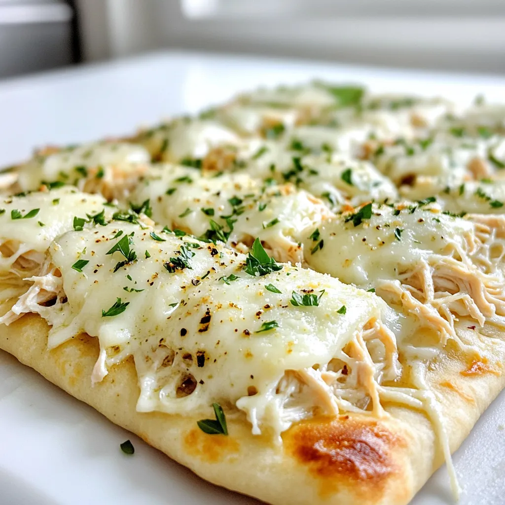 To make Chicken Alfredo Flatbread, gather these items: - 2 large flatbreads or naan - 1 cup cooked chicken breast, shredded - 1 cup Alfredo sauce - 1 cup shredded mozzarella cheese - ½ cup grated Parmesan cheese - ½ teaspoon garlic powder - ½ teaspoon Italian seasoning - Salt and pepper to taste - Fresh parsley, chopped (for garnish) You can swap flatbreads for pita or tortillas. They will still taste great. For the chicken, use rotisserie chicken for quick prep. If you want less fat, use low-fat Alfredo sauce. You can also use vegan cheese if you're avoiding dairy. For seasoning, fresh garlic can replace garlic powder. To make this dish, you need a few tools: - Baking sheet - Parchment paper - Mixing bowl - Spoon for mixing - Knife for slicing - Oven for baking These tools help you create a tasty Chicken Alfredo Flatbread with ease. Start by preheating your oven to 400°F (200°C). This helps the flatbreads get crispy. Line a baking sheet with parchment paper. This makes cleanup easy later on. Place the flatbreads or naan on the sheet. Make sure they are spread out well. In a medium bowl, combine the shredded chicken and Alfredo sauce. Add garlic powder, Italian seasoning, salt, and pepper. Mix this well until the chicken is coated nicely. This step is key for flavor. The sauce makes the chicken creamy and rich. Now, spread the chicken mixture evenly over each flatbread. Don’t be shy; use it all! Next, sprinkle the shredded mozzarella and grated Parmesan on top. This will create a cheesy crust. Bake your flatbreads in the oven for about 12-15 minutes. Look for the cheese to melt and bubble. You want the edges golden brown. Once done, take them out and let them cool for a minute. Slice and serve! Garnish with chopped parsley for a fresh touch. To get that gooey, melty cheese, use fresh mozzarella. Fresh cheese melts better than old cheese. Mix mozzarella with Parmesan for extra flavor. Use the right amount; too much can make it greasy. Bake until it bubbles and turns golden brown. This takes about 12 to 15 minutes at 400°F. Soggy flatbread can ruin your meal. To avoid this, bake your flatbread first for 3-5 minutes. This helps it stay crispy. Spread your chicken mixture on hot flatbreads. Use less sauce or drain excess liquid from the chicken. This keeps your flatbread crunchy and delicious. Chicken Alfredo Flatbread pairs well with many sides. Try a fresh salad for a light touch. Garlic bread is another tasty choice. You can also serve it with marinara sauce for dipping. A nice glass of white wine matches well, too. Enjoy your meal with family and friends! {{image_2}} To make a vegetarian version, skip the chicken. Use cooked mushrooms or spinach instead. You can also add bell peppers or artichokes. Just mix these veggies with the Alfredo sauce. This will keep the creamy taste while adding fresh flavors. Want some heat? Add red pepper flakes to the Alfredo sauce. You can also use spicy chicken. Mix in some jalapeños or sriracha for a real kick. This adds a nice contrast to the creamy sauce and makes the dish exciting. You can switch the Alfredo sauce for pesto or marinara. This gives a fresh twist to the flatbread. Try a garlic or cheese sauce for a rich flavor. Each sauce brings its own unique taste, keeping your meals fun and varied. To keep your Chicken Alfredo Flatbread fresh, store it in an airtight container. It can last in the fridge for about 3 to 4 days. Make sure it cools down before you seal it. This helps prevent sogginess and keeps the flavors intact. If you want to save some for later, freezing is a great option. Wrap each flatbread tightly in plastic wrap, then place them in a freezer bag. This keeps out air and freezer burn. You can freeze them for up to 2 months. When you’re ready to eat, just thaw in the fridge overnight. Reheating is simple! Preheat your oven to 350°F (175°C). Place the flatbread on a baking sheet. Heat for about 10 to 15 minutes or until warm. You can also use a microwave, but this may make the flatbread soggy. For the best taste, I recommend the oven method. Enjoy every bite! Yes, you can use store-bought Alfredo sauce. It saves time and still tastes great. Look for a brand with simple ingredients. This makes it easy to enjoy Chicken Alfredo Flatbread without stress. If you want more flavor, try adding garlic or herbs to the sauce. You can add many tasty items to boost flavor. Here are some ideas: - Spinach: Fresh or cooked spinach adds color and nutrition. - Mushrooms: Sautéed mushrooms give an earthy taste. - Sun-dried tomatoes: These offer a sweet and tangy kick. - Buffalo sauce: For a spicy twist, drizzle some buffalo sauce on top. - Extra herbs: Fresh basil or oregano can brighten the dish. Feel free to mix and match these to suit your taste! Chicken Alfredo Flatbread lasts for about 3-4 days in the fridge. Store it in an airtight container to keep it fresh. If you want it to last longer, you can freeze it. Just wrap the flatbreads well in plastic wrap and foil. They can stay good for up to 2 months in the freezer. You learned how to make Chicken Alfredo Flatbread from start to finish. We covered the right ingredients, step-by-step methods, and handy tips. You can experiment with fun variations and store any extras well. Remember, cooking is all about trying new things and having fun. Enjoy your dish, share it with friends, and get creative. Trust me; you’ll love every bite!