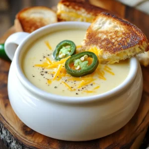 For the soup, you'll need: - 4 jalapenos, diced (remove seeds for less heat) - 1 medium onion, chopped - 3 cloves garlic, minced - 4 cups chicken or vegetable broth - 1 cup cream cheese, softened - 1 cup shredded cheddar cheese - 1 cup fresh corn (or canned, drained) - 1 teaspoon cumin - ½ teaspoon smoked paprika - Salt and pepper to taste - 2 tablespoons olive oil For the grilled cheese, gather: - 1 loaf sourdough bread - ½ cup grated mozzarella cheese - 4 tablespoons butter To finish your soup, consider: - A sprinkle of shredded cheese - A slice of jalapeno for color - Fresh herbs like cilantro or parsley for added flavor Each ingredient plays a key role in bringing this dish to life. The jalapenos give that spicy kick, while the cream cheese and cheddar create a rich, creamy base. The grilled cheese adds a comforting crunch. These simple ingredients come together to make a delightful meal that warms you up inside! {{ingredient_image_1}} First, grab a large pot and heat the olive oil over medium heat. Add the chopped onion and sauté it until it turns soft and clear, which takes about five minutes. Next, mix in the minced garlic and diced jalapenos. Cook this for another two to three minutes until you smell that spicy goodness. Now, pour in four cups of chicken or vegetable broth and bring it to a gentle simmer. Once it simmers, add in the cream cheese. Stir it well until it melts and blends with the broth. Then, toss in the shredded cheddar cheese, corn, cumin, smoked paprika, salt, and pepper. Let it simmer for about ten minutes, stirring from time to time. While your soup is bubbling away, let’s make the grilled cheese. Heat a skillet over medium heat. Take a slice of sourdough bread and spread butter on one side. On the unbuttered side, sprinkle a quarter of the grated mozzarella cheese. Place another slice of bread on top. Put the sandwich in the skillet, buttered side down. Grill it until it turns a lovely golden brown, which takes about three to four minutes. Flip it over, and grill the other side until it’s also golden and the cheese melts. Repeat this for the other sandwiches. Once your soup has cooked and is nice and creamy, it’s time to blend. Use an immersion blender to make it smooth. If you don’t have one, you can carefully blend it in batches using a regular blender. After blending, taste and adjust the seasoning if needed. Serve the soup hot, and don’t forget to cut your grilled cheese into triangles for easy dipping. Enjoy each bite of this spicy soup with the cheesy goodness of your sandwich! To make your soup creamy, use softened cream cheese. It mixes well with warm broth. Stir it in slowly to avoid lumps. Use an immersion blender for a smooth finish. This tool helps blend the soup right in the pot. If you don't have one, blend in batches in a regular blender. Be careful; hot soup can splatter. If you want less heat, remove the seeds from the jalapenos. This is key to controlling spice. You can also add more cream cheese to cool it down. A splash of lime juice can help brighten the flavors without adding heat. Try adding a dollop of sour cream on top for a creamy finish. For a perfect grilled cheese, start with good bread like sourdough. Butter one side well for a golden crust. Use a hot skillet but not too hot to burn the bread. Grill each side for 3-4 minutes. Make sure the cheese is fully melted inside. You can add more cheese for extra gooeyness. Cut the sandwich into triangles for easy dipping into your soup. Pro Tips Adjust the Heat: For a milder soup, make sure to remove all the seeds and inner membranes of the jalapenos. You can also substitute with milder peppers if desired. Perfectly Grilled Cheese: Use low and slow heat when grilling your cheese sandwiches to ensure the cheese melts evenly without burning the bread. Add Extra Flavor: Enhance the depth of flavor by adding a splash of hot sauce or a squeeze of lime juice to the soup just before serving. Make it Vegetarian: Substitute the chicken broth with vegetable broth and skip the grilled cheese or use a plant-based cheese alternative for a vegetarian version. {{image_2}} You can make this soup vegetarian easily. Just swap the chicken broth for vegetable broth. The rest of the recipe stays the same. This change keeps all the great flavors while making it meat-free. Want to kick up the flavor? You can add black beans or diced tomatoes. These add-ins boost both taste and nutrition. Try adding a squeeze of lime juice for a fresh kick. You can also sprinkle fresh cilantro on top before serving. A classic grilled cheese is great, but you can mix it up. Use pepper jack for a spicy twist. Try gouda or fontina for a creamy melt. Mixing different cheeses can create a rich flavor. Don’t forget to add some goat cheese for a tangy surprise! To store leftover soup, let it cool first. Pour it into an airtight container. Make sure to leave some space at the top. This helps avoid spills when it freezes. You can keep it in the fridge for up to three days. For longer storage, freeze it for up to three months. Just remember to label the container with the date! Store grilled cheese sandwiches in a paper towel. This keeps them from getting soggy. Place them in an airtight container. You can keep them in the fridge for up to two days. If you want to freeze them, wrap each sandwich in plastic wrap. Then, place them in a freezer bag for up to a month. To reheat the soup, pour it into a pot. Heat it over medium heat until warm. Stir it well to mix the flavors. If it’s too thick, add a splash of broth or water. For grilled cheese, use a skillet. Heat it on low to medium heat. This keeps the bread crispy and warms the cheese inside. Enjoy every warm, cheesy bite! Yes, you can use different types of cheese. You can try pepper jack for extra heat. Monterey Jack works well for a milder flavor. Mixing cheeses adds depth and richness to the soup. Just ensure the cheese melts easily for that creamy texture. The soup has a nice kick from the jalapenos. Removing the seeds makes it milder. You can adjust the heat by using fewer jalapenos. If you like more spice, add a dash of hot sauce or some crushed red pepper. Grilled cheese pairs perfectly with this soup. You can also serve a fresh salad or tortilla chips for crunch. A light avocado salad adds freshness and balances the heat. You might enjoy cornbread on the side for a comforting touch. Yes, you can make this soup ahead of time. It stores well in the fridge for about three days. Just reheat on the stove, adding a splash of broth if needed. The flavors deepen when it sits, making it even better! This blog post covered making Spicy Jalapeno Popper Soup and Grilled Cheese. We discussed the main ingredients, tips for a creamy texture, and how to balance heat. You can try different cheese and add flavors for variety. Don't forget to store leftovers right to keep them fresh. This dish is easy to make and perfect for sharing. Enjoy the comfort of good food, and remember to experiment with your own twists. Happy cooking!