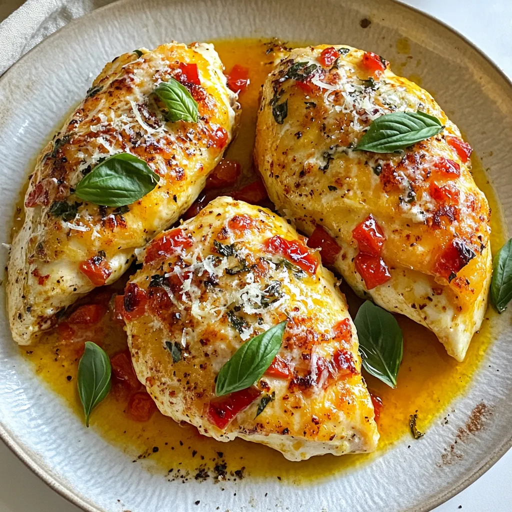 To make Red Pepper Mozzarella Stuffed Chicken, you need: - 4 boneless, skinless chicken breasts - 1 cup roasted red peppers, chopped - 1 cup fresh mozzarella cheese, diced - 1 cup fresh basil leaves, chopped - 3 tablespoons olive oil You will also need: - 1 teaspoon garlic powder - 1 teaspoon onion powder - Salt and pepper to taste - ½ cup grated Parmesan cheese (for topping) - 1 tablespoon balsamic glaze (for drizzling, optional) This dish pairs well with: - Mixed greens salad - Roasted vegetables - Garlic bread - Steamed rice {{ingredient_image_1}} Start by preheating your oven to 375°F (190°C). Take four boneless, skinless chicken breasts. Pat them dry with paper towels. This helps the seasoning stick better. Next, lightly season both sides with garlic powder, onion powder, salt, and pepper. Use a sharp knife to make a pocket in each breast. Slice horizontally but do not cut all the way through. A good pocket holds the stuffing well. In a mixing bowl, combine one cup of chopped roasted red peppers, one cup of diced fresh mozzarella cheese, and one cup of chopped fresh basil leaves. This mix adds great flavor and color. Stir the ingredients well until they blend together. Stuff each chicken breast with the mixture. Divide it evenly among all the breasts. Secure the openings with toothpicks. This keeps the delicious filling inside while cooking. Heat three tablespoons of olive oil in a large oven-safe skillet over medium-high heat. Once the oil is hot, add the stuffed chicken breasts. Sear them for about 3-4 minutes on each side. Look for a nice golden-brown color. After searing, sprinkle half a cup of grated Parmesan cheese on top of each breast for extra flavor. Transfer the skillet to the preheated oven. Bake for 20-25 minutes. Check the internal temperature; it should reach 165°F (74°C). When done, let the chicken rest for five minutes. A drizzle of balsamic glaze adds a nice touch before serving. To stuff chicken well, make sure to cut a pocket. Use a sharp knife for this. Slice horizontally, but do not cut all the way through. This keeps the filling inside. I like to use a mix of roasted red peppers, fresh mozzarella, and basil. This mix adds great flavor. Make sure to fill each pocket evenly. Secure the openings with toothpicks to hold everything in. Cooking the chicken to the right temperature is key. The chicken should reach an internal temperature of 165°F (74°C). Use a meat thermometer to check this. Sear the chicken first for a nice golden color. Then, bake it in the oven at 375°F (190°C) for 20-25 minutes. Let it rest for 5 minutes before cutting. This keeps the juices inside. How you serve the chicken makes a big difference. Place each stuffed chicken breast on a clean plate. Garnish with fresh basil leaves for a pop of color. You can also drizzle balsamic glaze on top for extra flavor. Serve it with mixed greens or roasted veggies. This adds color and makes the dish look fancy. Pro Tips Use Fresh Ingredients: Always opt for fresh basil and high-quality mozzarella for the best flavor. Perfectly Cooked Chicken: Use a meat thermometer to ensure your chicken reaches 165°F (74°C) for safe consumption. Enhance Flavor: Marinate the chicken breasts in olive oil, garlic, and herbs for an hour before cooking for an extra flavor boost. Presentation Matters: Drizzle balsamic glaze artistically on the plate for a touch of elegance and flavor contrast. {{image_2}} If you want to change the cheese, you can use provolone or gouda. Both give a rich taste. You could also try feta for a tangy kick. Just remember, each cheese melts differently. Choose one that fits your flavor and texture needs. You can switch up the stuffing too. Spinach and ricotta make a great mix. Artichokes and cream cheese are another tasty combo. For a spicy twist, add jalapeños or pepper jack cheese. Feel free to get creative! You can grill or bake this chicken. Grilling gives a nice smoky flavor. It also cooks quicker, so watch the time. Baking is easy and keeps the chicken juicy. Both methods work well, so choose what you like best. After enjoying your red pepper mozzarella stuffed chicken, let any leftovers cool. Place the chicken in an airtight container. Store it in the fridge for up to three days. If you want to keep it longer, freezing is a great option. To reheat, take the chicken out of the fridge. Preheat your oven to 350°F (175°C). Place the chicken in an oven-safe dish. Cover it with aluminum foil to keep it moist. Heat for about 15-20 minutes or until warm. You can also use a microwave. Heat it on medium power for 2-3 minutes. Make sure it's hot all the way through. If you want to freeze the stuffed chicken, wrap each piece tightly in plastic wrap. Then, place them in a freezer bag. Label the bag with the date. You can freeze it for up to three months. When ready to eat, thaw it in the fridge overnight before reheating. This keeps the chicken tasty and safe. You can serve this dish with many tasty sides. Here are some ideas: - Mixed greens salad with a light vinaigrette - Roasted vegetables like zucchini and carrots - Garlic bread for a comforting touch - Creamy mashed potatoes for added richness These sides add color and flavor to your meal. Yes, you can prepare this dish in advance. Stuff the chicken breasts and store them in the fridge. You can keep them for up to a day. When you're ready to cook, just sear and bake them as directed. This makes meal prep easy and quick. To check if the chicken is done, use a meat thermometer. Insert it into the thickest part of the chicken. The temperature should read 165°F (74°C). If you don’t have a thermometer, cut into the chicken. The meat should be white and the juices should run clear. This shows it's safe to eat. You now have a clear guide for making red pepper mozzarella stuffed chicken. We covered key ingredients, step-by-step cooking methods, and useful tips for perfect results. Remember, choosing the right side dishes and storing leftovers properly can make a big difference. Whether you grill or bake, enjoy experimenting with variations and substitutions. This dish is not just tasty; it’s fun to prepare. Now, go ahead and impress your friends and family with your cooking skills!