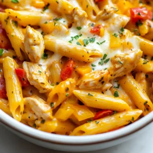 - 12 oz penne pasta - 1 lb chicken breast, diced - 1 tablespoon Cajun seasoning - 1 onion, finely chopped - 3 cloves garlic, minced - 1 bell pepper (red or green), diced - 1 can (14 oz) diced tomatoes - 3 cups chicken broth - 1 cup heavy cream - 1 cup shredded mozzarella cheese - 1 tablespoon olive oil - Salt and pepper to taste - Fresh parsley, chopped (for garnish) This recipe uses simple yet bold ingredients. Penne pasta serves as the base, soaking up all the yummy Cajun flavors. The chicken breast gives protein and heartiness. Cajun seasoning adds a spicy kick, making it fun to eat. In the veggie department, I choose onion, garlic, and bell pepper. They bring sweetness and depth to the dish. The diced tomatoes add moisture and tang. Chicken broth enhances the flavor, while heavy cream creates a rich sauce. Finally, mozzarella cheese melts perfectly into the mix. It adds creaminess and makes the dish comforting. A drizzle of olive oil helps cook the chicken and veggies. Don't forget salt and pepper to taste! Garnish with fresh parsley for a pop of color. Gather these ingredients for a quick and delightful meal. Everything cooks together in one pot, making cleanup easy! Enjoy the process and the flavors that come together. {{ingredient_image_1}} - Heat 1 tablespoon of olive oil in a large pot over medium heat. - Add 1 pound of diced chicken breast to the pot. - Sprinkle with salt, pepper, and 1 tablespoon of Cajun seasoning. - Cook the chicken for 7-8 minutes. It should be browned and cooked through. - Remove the chicken from the pot and set it aside. - In the same pot, add 1 finely chopped onion and 1 diced bell pepper. - Sauté the vegetables for 3-4 minutes until they soften. - Next, add 3 cloves of minced garlic and cook for 1 more minute until it smells great. - Stir in 1 can of diced tomatoes with juices and 3 cups of chicken broth. - Add the rest of the Cajun seasoning. Bring the mixture to a boil. - Once boiling, add 12 ounces of penne pasta. - Reduce the heat to a simmer and cover the pot. - Cook for 12-15 minutes, stirring now and then, until the pasta is al dente. - Stir in the cooked chicken, 1 cup of heavy cream, and 1 cup of shredded mozzarella cheese. - Cook for another 2-3 minutes until the cheese melts and the dish is creamy. - Taste the pasta and adjust seasoning if needed. - Finally, garnish with fresh chopped parsley before serving. - To ensure chicken is properly cooked, cut it into small pieces. This helps it cook evenly. Cook until it reaches 165°F (75°C) inside. Use a meat thermometer for best results. Always let the chicken rest before cutting. This keeps it juicy. - For perfectly al dente pasta, follow the package instructions. Start checking your pasta a minute or two early. It should be firm yet tender. Drain it right away to stop the cooking process. - You can try adding smoked paprika for a deeper flavor. A pinch of cayenne pepper can boost the heat. Experiment with thyme or oregano for extra herbs. - For extra creaminess, mix in cream cheese or a splash of sour cream. You can also fold in some Greek yogurt at the end for a tangy kick. - Serve the pasta in large bowls for a family-style meal. You can also plate it individually for a fancy touch. - For garnishing, sprinkle fresh parsley on top just before serving. Add a few extra cheese shreds for a nice look. A squeeze of lemon can brighten the dish and add color. Pro Tips Cook Chicken Perfectly: Ensure the chicken is browned on all sides before removing it from the pot. This adds depth of flavor to your dish. Adjust Spice Levels: If you prefer a milder dish, reduce the amount of Cajun seasoning. You can always add more later if desired. Use Fresh Ingredients: For the best flavor, opt for fresh garlic and vegetables. They enhance the overall taste and texture of the pasta. Perfect Creaminess: Stir in the heavy cream and cheese gradually, allowing them to melt completely for a silky smooth sauce. {{image_2}} You can switch up the protein in this dish. Shrimp works great in place of chicken. Just cook it until it turns pink and tender. Sausage can bring a nice smoky flavor too. If you prefer vegetarian or vegan options, try using mushrooms or chickpeas. They add texture and flavor without meat. Penne pasta is a classic choice. However, you can use fusilli or rigatoni for a fun twist. Just make sure the pasta holds the sauce well. For gluten-free diets, look for gluten-free penne or other gluten-free pasta. They cook similarly and taste great in this dish. To lighten up the recipe, consider using half-and-half instead of heavy cream. This reduces fat but keeps some creaminess. For dairy-free options, you can use coconut milk or almond milk. These alternatives add a different flavor but keep the dish rich and tasty. To store leftovers, place the pasta in an airtight container. This keeps it fresh longer. You can store it in the fridge for up to three days. Make sure it cools down before sealing. Always check for any off smells before eating. The best way to reheat is in a pot over low heat. Stir it gently to avoid burning. You can add a splash of broth or cream to keep it creamy. Microwaving works too, but cover it to keep moisture in. Heat in short bursts, stirring in between. For meal prep, you can freeze this pasta. Use a freezer-safe container. Leave some space at the top for expansion. It lasts for up to three months in the freezer. When ready to eat, thaw it overnight in the fridge. Reheat on the stove or microwave, adding cream if needed. Yes, you can make this dish ahead of time. Cook the pasta and sauce, then let it cool. Store it in the fridge for up to three days. When you’re ready to eat, reheat it on the stove. You may need to add a splash of broth or cream to keep it creamy. If you want a lighter option, use half-and-half. You can also use coconut milk for a dairy-free choice. Both will give you a creamy texture without heavy cream. Just remember, coconut milk adds a hint of coconut flavor. To add more heat, try using more Cajun seasoning. You can also add hot sauce or crushed red pepper flakes. Mix these into the sauce while it simmers. Start with a small amount and taste as you go. You can always add more! Yes, this recipe is great for meal prep. It stores well and reheats nicely. Divide it into meal-sized portions after cooking. Store them in airtight containers. This way, you can enjoy a delicious meal all week. Absolutely! Vegetable broth works well in this dish. It adds flavor without using chicken. This is a great option for vegetarians or those avoiding meat. Just make sure to choose a low-sodium variety for better flavor control. In this post, we explored a delicious recipe featuring penne pasta, chicken, and Cajun seasoning. We covered the main ingredients and provided step-by-step cooking instructions. I also shared helpful cooking tips, variations for different diets, and storage advice for leftovers. Remember, cooking can be fun and easy. Feel free to experiment with flavors and ingredients. You can enjoy this meal fresh, or save it for later. Keep these ideas in mind, and happy cooking!