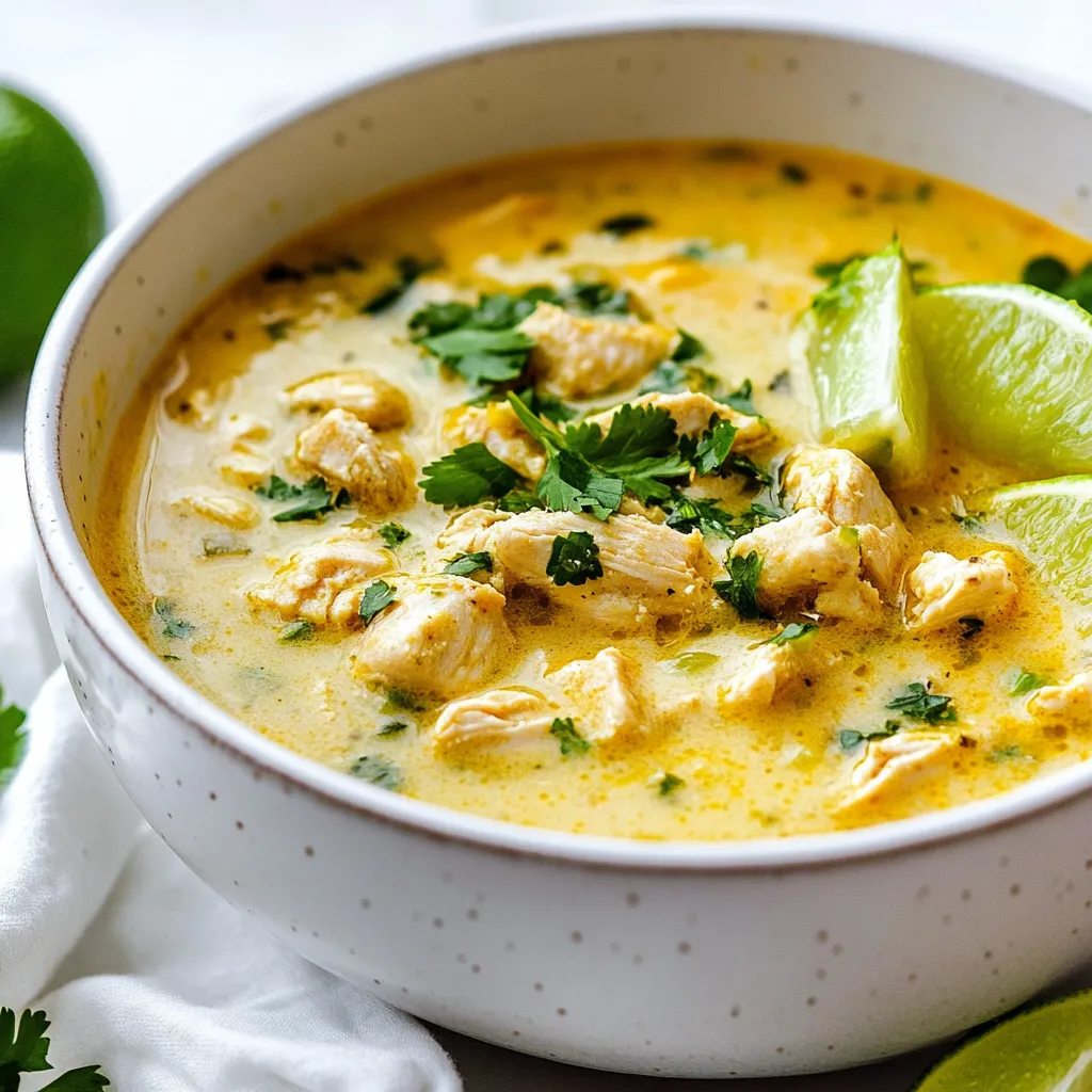 To make a tasty low-carb white chicken chili, gather these simple ingredients: - 2 tablespoons olive oil - 1 medium onion, diced - 2 cloves garlic, minced - 1 pound boneless, skinless chicken breasts, cut into small cubes - 1 can (15 oz) white kidney beans, drained and rinsed (optional for lower carbs) - 2 cups chicken broth (low sodium) - 1 cup heavy cream - 1 teaspoon ground cumin - 1 teaspoon chili powder - 1 teaspoon oregano - ½ teaspoon salt - ¼ teaspoon black pepper - 1–2 jalapeños, diced (adjust for heat preference) - ¼ cup chopped fresh cilantro (for garnish) - Lime wedges (for serving) These ingredients come together to create a creamy, rich dish that warms you up. The chicken gives protein, while the spices add depth. The optional beans can give some texture, but you can skip them for a lower carb count. Fresh cilantro and lime bring bright notes to the chili, making every bite a delight. {{ingredient_image_1}} Start by gathering your ingredients. This makes cooking smooth and fun. For the onion, use a sharp knife to dice it into small pieces. A trick is to cut the onion in half first, then slice it into strips. Finally, chop those strips into tiny cubes. For the garlic, mince it finely. It adds great flavor. Remember, fresh ingredients taste best. Make sure your chicken is cold. It cooks better when it’s not warm. If you use canned beans, rinse them well to remove extra salt. Heat the olive oil in a large pot over medium heat. Add the diced onion and sauté for about three minutes. You want it to turn translucent. Then add the minced garlic and stir for one more minute. This step fills your kitchen with a lovely aroma. Now, raise the heat to medium-high. Add the cubed chicken and cook until it turns white, about five to seven minutes. Stir often to cook the chicken evenly. Next, toss in the diced jalapeños, cumin, chili powder, oregano, salt, and black pepper. Cook for two more minutes. This toasts the spices and boosts the flavor. Pour in the chicken broth and bring it to a gentle boil. Then lower the heat and let it simmer for ten minutes. This lets the flavors blend perfectly. If you’re using white kidney beans, add them now. Reduce the heat again and pour in the heavy cream. Stir gently until mixed. Let it simmer for another five minutes. This thickens the chili nicely. When ready to serve, ladle the chili into bowls. A good tip is to sprinkle fresh cilantro on top. This adds a pop of color and flavor. Serve with lime wedges on the side. Squeeze lime juice over the chili right before eating. Enjoy each delicious bite! To boost the flavor of your low-carb white chicken chili, you can add extra spices and herbs. A touch of smoked paprika gives it a nice warmth. Fresh herbs like parsley or dill can also brighten the dish. For toppings, consider adding sliced avocado or shredded cheese. Sour cream adds creaminess, while fresh lime juice can add a tangy kick. You can even top it with crispy tortilla strips for a fun crunch. If you want to switch things up, you can use turkey instead of chicken. It’s lean and just as tasty. For a plant-based option, try using tofu. Press it to remove excess water, then cube it for cooking. Adjust the heat by adding more or fewer jalapeños. You can also use hot sauce or red pepper flakes for an extra kick. To reduce carbs, consider skipping the white kidney beans. Instead, you can add more veggies like zucchini or cauliflower. These add bulk but keep the dish low in carbs. Another tip for lowering carbs is to cut back on the heavy cream. You can replace it with unsweetened almond milk or coconut cream. This keeps the chili creamy without too many carbs. Pro Tips Choose the Right Chicken: Opt for organic, free-range chicken for better flavor and texture in your chili. Control the Heat: Adjust the number of jalapeños based on your spice tolerance. Remove seeds for a milder chili. Enhance the Creaminess: For an even creamier texture, consider adding a bit of cream cheese along with the heavy cream. Garnish Wisely: Fresh lime juice and cilantro not only add flavor but also brighten the dish visually. {{image_2}} To make a vegetarian version of this chili, swap out the chicken. Use one of these options: - 1 can (15 oz) chickpeas, drained and rinsed - 1 cup of diced mushrooms - 1 cup of diced zucchini These ingredients keep the chili hearty. They also absorb the flavors well. You can add extra beans for more protein. Use vegetable broth instead of chicken broth for a full flavor. If you like heat, add some kick to your chili. Here are some suggestions: - Increase jalapeños to 2-3, diced - Add 1 teaspoon cayenne pepper - Include a dash of hot sauce or chili flakes Adjust the spice level to your taste. Start small and add more if needed. Remember, you can always add, but you can't take away! You can turn this stovetop recipe into slow cooker magic. Here’s how: 1. Sauté the onion and garlic in olive oil first. 2. Add all other ingredients to the slow cooker. 3. Cook on low for 6-8 hours or high for 3-4 hours. This method deepens the flavors and makes it easy to prepare. Just stir in the cream for the last 30 minutes. Enjoy the rich taste! To keep your low-carb white chicken chili fresh, store it in an airtight container. Make sure it cools down before sealing. This helps prevent moisture build-up. You can keep it in the fridge for up to three days. Always check for any off smells before eating. To freeze the chili, let it cool completely first. Then, pour it into a freezer-safe container. Leave some space at the top, as the chili will expand when frozen. It can last up to three months in the freezer. When you're ready to eat, thaw it overnight in the fridge. For reheating, you can use either the stovetop or microwave. If you choose the stovetop, heat it in a pot over medium heat. Stir often to keep it from sticking. If using a microwave, place it in a bowl and cover it. Heat in short bursts, stirring in between. This helps keep the chili's creamy texture. Avoid overheating, as it may change the texture. Yes, this recipe is truly low carb. The main ingredients include chicken, spices, and broth, which have low carbohydrate counts. Each serving contains about 8 grams of carbs, especially if you skip the beans. If you choose to add white kidney beans, they will add about 20 grams per half-cup. This is still low compared to many chili recipes. The heavy cream adds richness without many carbs. Your chili can be tasty and low in carbs at the same time. You can use other beans, but it may change the carb count. Black beans or pinto beans are common choices. However, they have more carbs than white kidney beans. If you aim for a low-carb dish, you might skip the beans or use a smaller amount. Another option is to use cauliflower instead of beans for a similar texture without the carbs. This keeps it creamy and delicious without straying from your low-carb goal. Low-Carb White Chicken Chili can last about 3 to 4 days in the fridge. Store it in an airtight container to keep it fresh. Before eating, always check for any signs of spoilage. If it smells off or has strange colors, it’s best to throw it away. Reheat it on the stovetop or in the microwave. Enjoy your chili warm and safe! This blog post covered a delicious low-carb white chicken chili recipe. We explored essential ingredients, step-by-step cooking instructions, and tips to enhance flavor. I shared variations like vegetarian and spicy options, plus slow cooker methods. We also discussed storage tips to keep leftovers fresh. In conclusion, this chili is a versatile dish you can enjoy any day. With simple steps and adjustments, anyone can make it their own. Enjoy creating your perfect bowl of chili!