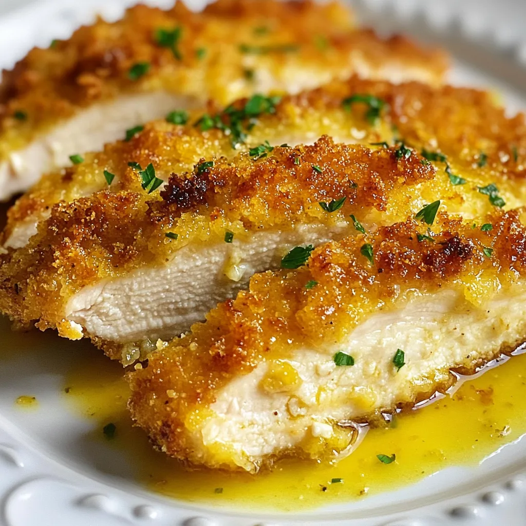 - 4 boneless, skinless chicken breasts - 1 cup grated Parmesan cheese - 1 cup panko breadcrumbs - 1 teaspoon garlic powder - 1 teaspoon onion powder - 1 teaspoon dried oregano - 1 teaspoon paprika - ½ teaspoon salt - ½ teaspoon black pepper - 2 large eggs - 1 tablespoon Dijon mustard - ¼ cup flour for dredging - Olive oil spray - Fresh parsley for garnish (optional) Each ingredient brings flavor and texture to the chicken. Use fresh Parmesan for the best taste. Panko breadcrumbs give a nice crunch. Garlic powder and onion powder add depth to the flavor. Dried oregano and paprika enhance the dish with herbs and warmth. Use good quality eggs for a richer coating. When you coat the chicken, make sure to shake off the excess flour. This helps the egg mixture stick better. Also, spray the tops with olive oil. This will help the chicken turn golden and crispy in the oven. If you're looking for gluten-free options, swap panko with gluten-free breadcrumbs. You can use almond flour or crushed nuts for a different flavor. For dairy-free needs, try a dairy-free cheese substitute. Just ensure it melts well. If you want a lighter dish, you can use skin-on chicken breasts. This will add some fat and flavor. However, it may not be as light as the skinless version. Always check labels for any allergens. {{ingredient_image_1}} To start, gather all your ingredients. You need four chicken breasts, Parmesan cheese, and panko breadcrumbs. Also, have garlic powder, onion powder, oregano, paprika, salt, and pepper ready. You'll use eggs and Dijon mustard for coating. Finally, get some flour for dredging. 1. Preheat the oven to 400°F (200°C). This helps the chicken cook evenly and get crispy. 2. Line a baking sheet with parchment paper. This prevents sticking and makes cleanup easy. 3. Mix your dry ingredients. In a shallow dish, combine the grated Parmesan, panko, garlic powder, onion powder, oregano, paprika, salt, and pepper. Stir well to blend all flavors. 4. Whisk the eggs. In another dish, mix the eggs with Dijon mustard. This will help the breadcrumbs stick to the chicken. 5. Prepare the flour. Place flour in a third shallow dish for dredging the chicken. 6. Dredge the chicken. Take a chicken breast and coat it in flour. Shake off any extra flour. 7. Dip in egg. Now, dip the floured chicken into the egg mixture. Make sure it is fully coated. 8. Coat with breadcrumbs. Press the chicken into the Parmesan breadcrumb mixture, ensuring it is evenly covered on both sides. 9. Arrange on the baking sheet. Place the coated chicken on the prepared baking sheet. Spray the tops lightly with olive oil to help them brown. 10. Bake the chicken. Cook in the oven for 25-30 minutes. Look for a golden crust and ensure the chicken is cooked through. 11. Let it rest. Once done, take the chicken out and let it rest for a few minutes before slicing. - Use panko breadcrumbs for extra crunch. They are lighter and crispier than regular bread crumbs. - Lightly spray the tops of the chicken with olive oil. This helps achieve that golden, crispy crust. - Bake on a parchment-lined sheet. It helps with easy cleanup and promotes even cooking. - Avoid overcrowding the baking sheet. Give each piece space to cook properly and get crispy all around. Following these steps and tips will help you create melt-in-your-mouth Parmesan crusted chicken. Enjoy your cooking! To keep your chicken juicy, start with even-sized breasts. This helps them cook evenly. Use a meat mallet to pound the chicken slightly. This makes the meat tender and cooks faster. Always preheat your oven to the right temperature. A hot oven gives a nice crust. Marinate your chicken for extra flavor. A simple mix of olive oil, lemon juice, and garlic works well. After coating, let the chicken sit for a few minutes before baking. This helps the crust stick better. Don’t forget to spray olive oil on top. This adds more flavor and helps crisp the crust. Serve this chicken with a fresh salad. A lemon vinaigrette pairs perfectly. You can also add roasted veggies for color and taste. Mashed potatoes or rice work great as sides too. For an extra pop, serve with lemon wedges. The acidity brightens the dish and enhances the flavors. Pro Tips Perfectly Flattened Chicken: For even cooking, gently pound the chicken breasts to an even thickness before dredging. This helps them cook uniformly and stay juicy. Breadcrumb Coating: For an extra crunch, consider adding some crushed nuts, like almonds or walnuts, to the breadcrumb mixture. It adds a delightful texture and flavor. Resting Time: Allow the chicken to rest for a few minutes after baking. This lets the juices redistribute, ensuring each bite is tender and moist. Flavor Boost: For enhanced flavor, marinate the chicken in a mixture of olive oil, lemon juice, and herbs for an hour before coating. This infuses the meat with extra taste. {{image_2}} You can add more flavor to your chicken with herbs and spices. Try mixing in fresh basil or thyme for a garden taste. You could also use Italian seasoning for a classic twist. A pinch of red pepper flakes adds a nice kick. Experiment with these options to find your perfect blend. Instead of panko, you can use crushed cornflakes or regular breadcrumbs. For a nutty flavor, try almond flour or crushed walnuts. These options give you a different texture and taste. You can also add grated cheese to the coating mix for extra richness. You can cook this chicken in several ways. The air fryer gives a crispy texture with less oil. Cook it at 400°F for about 15-20 minutes. For pan-frying, heat oil in a skillet over medium heat. Cook each side for about 5-7 minutes until golden brown. Both methods keep the chicken juicy and delicious. Store your leftover chicken in an airtight container. This keeps the chicken fresh. Place it in the fridge for up to three days. Make sure the chicken is completely cool before sealing it. This helps avoid moisture buildup. To reheat, use the oven for best results. Preheat your oven to 350°F (175°C). Place the chicken on a baking sheet. Cover it loosely with foil to keep it moist. Heat for about 10-15 minutes or until warm. You can also use a microwave, but it may make the crust soggy. Freezing is a great option for longer storage. Wrap each chicken piece tightly in plastic wrap. Then place it in a freezer-safe bag. This helps prevent freezer burn. You can freeze the chicken for up to three months. To thaw, move it to the fridge overnight before reheating. To keep chicken moist, brining helps a lot. Soak your chicken in salty water for a few hours before cooking. This adds flavor and moisture. Another tip is to cook at a lower temperature. If you bake at 400°F, watch the time closely. Don't overcook; aim for juicy, tender meat. Let it rest after cooking. This step lets juices settle back into the meat. Yes, you can make this recipe gluten-free. Use gluten-free panko breadcrumbs instead of regular ones. For dredging, replace the flour with gluten-free flour or cornstarch. Both options work well and create a nice crust. Just ensure all other ingredients are gluten-free as well. This way, everyone can enjoy the meal. To check if chicken is cooked, use a meat thermometer. Insert it into the thickest part of the chicken. The safe temperature is 165°F. If you don't have a thermometer, cut into the chicken. The juices should run clear, not pink. Cooking time varies, so keep an eye on it to avoid overcooking. Parmesan crusted chicken goes well with many sides. Here are some tasty options: - Roasted vegetables: Carrots, broccoli, and bell peppers add color and nutrients. - Mashed potatoes: Creamy and comforting, they balance the chicken’s crunch. - Caesar salad: Crisp romaine and tangy dressing complement the flavors well. - Rice pilaf: A light, fluffy side that soaks up juices nicely. These pairings enhance your meal and create a colorful plate. We covered key ingredients, how to cook, and tips for delicious Parmesan-crusted chicken. Remember to explore variations and substitutions to suit your needs. Proper storage and reheating keep leftovers tasty. With these steps, you will enjoy juicy, crispy chicken every time. Use this guide to impress your family and friends with your cooking skills. Enjoy every bite and happy cooking!