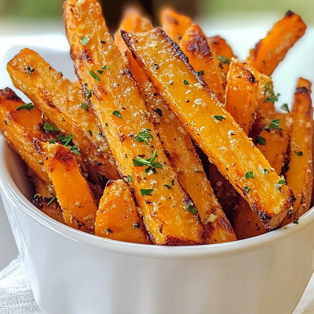 To make crispy air fryer sweet potato fries, you need the following ingredients: - 2 large sweet potatoes - 2 tablespoons olive oil - 1 teaspoon paprika - 1 teaspoon garlic powder - ½ teaspoon salt - ¼ teaspoon black pepper - ¼ teaspoon cayenne pepper (optional for heat) - Fresh parsley, chopped (for garnish) These ingredients work together to create a tasty and healthy snack. Sweet potatoes give a natural sweetness, while the spices add flavor. Olive oil is key for crispiness. You can adjust the cayenne pepper for more or less heat. Fresh parsley adds a nice touch when serving. {{ingredient_image_1}} First, peel the sweet potatoes. Then, cut them into fries. Aim for a thickness of about ¼ inch. Uniform sizing is key. It helps them cook evenly. If some fries are thick and others are thin, they won’t cook at the same rate. This step is very important for great results. Soaking the fries in cold water helps enhance crispiness. This process removes excess starch. Aim to soak them for about 30 minutes. If you skip this step, the fries may turn out soggy. Soaking makes a big difference in texture. In a bowl, mix olive oil, paprika, garlic powder, salt, black pepper, and cayenne pepper if you like heat. Toss the dried sweet potato fries in this mix. Make sure the fries are well coated. Then, dry them thoroughly with a kitchen towel. Removing moisture is crucial for crispiness. Preheat your air fryer to 400°F (200°C) for about 5 minutes. This step helps the fries cook evenly. Place the seasoned fries in a single layer in the air fryer basket. If you have too many, cook in batches. Set the timer for 15 to 20 minutes. Halfway through, shake the basket to ensure even cooking. This technique keeps the fries from sticking together. After cooking, check if the fries are golden brown and crispy. If they aren't as crispy as you want, adjust the cooking time. Each air fryer is different. You may need to experiment a bit to get your perfect fry. Once cooked, remove the fries and sprinkle them with fresh parsley. It adds a nice touch! Serve them hot for the best taste. Pair them with your favorite dips like ranch or ketchup. Enjoy your tasty treat! To make your sweet potato fries extra crispy, adjust the soaking time. Soaking for 30 minutes is good, but try 45 minutes for a crunchier bite. Make sure to dry them well after soaking. Moisture can make them soggy. For cooking method variations, try air frying at 425°F for a few minutes more. This higher heat can help you get that perfect crunch. Spice it up with different seasonings! Try adding cumin or chili powder for a warm flavor. You can also mix in brown sugar for a sweet twist. For heat, toss in more cayenne or some hot sauce. Experimenting with seasonings keeps your fries exciting and new. If your fries turn out soggy, check two things. First, ensure you dried them well after soaking. Second, try cooking them longer or at a higher temperature. If you face uneven cooking, make sure they are in a single layer in the basket. Shake the basket halfway through cooking. This ensures each fry gets even heat and crispiness. Pro Tips Cut Uniformly: Ensure all fries are cut to the same thickness for even cooking. Soak for Crispiness: Soaking the fries in cold water removes excess starch, making them crispier. Don’t Overcrowd: Air fry in batches to allow proper circulation for maximum crispiness. Adjust Seasoning: Feel free to customize the spices to suit your taste preferences. {{image_2}} You can spice up your sweet potato fries in fun ways. A cinnamon and sugar twist adds a sweet touch. Just mix 1 tablespoon of sugar and 1 teaspoon of cinnamon. Toss this mix on your fries after cooking. It turns them into a sweet treat! You can also try herb-infused versions. Rosemary and thyme work well. Just add 1 teaspoon of dried herbs to your seasoning mix before air frying. This gives your fries a fresh flavor boost. If you want to cut down on oil, use less than the recipe calls for. You can reduce the olive oil to 1 tablespoon without losing taste. This keeps your fries light and still crispy. For a different method, try oven-baking. Preheat your oven to 425°F (220°C). Spread the fries on a baking sheet in a single layer. Bake for about 25-30 minutes, flipping halfway. This method still gives you great flavor. Adding protein is easy! Try topping your fries with cooked chicken or black beans. This makes the dish heartier and more filling. You can also serve your fries with veggies. Roasted bell peppers or a fresh salad pair well. This not only adds color but also boosts nutrition. Enjoy the flavors and textures together! To keep your fries fresh, use an airtight container. This helps lock in moisture and flavor. Place the fries in the fridge after they cool. They can last for up to three days. If you want them crisp later, store them separately from any dips. The air fryer is best for reheating. Set it to 350°F. Cook the fries for about 5 to 8 minutes. Shake the basket halfway through to ensure even heating. If you don't have an air fryer, the oven works too. Preheat it to 375°F, and bake for 10 to 15 minutes. You can also use a microwave but note that fries may turn soft. If you choose this method, heat in short intervals. If you want to freeze fries, start by cooking them first. Let them cool completely before freezing. Spread them on a baking sheet in a single layer. Freeze for about an hour, then transfer them to a freezer bag. They can stay frozen for up to three months. When ready to cook, do not thaw. Just air fry straight from the freezer. Adjust cooking time to ensure they cook through and get crispy. You should cook sweet potato fries for 15 to 20 minutes. This time may change based on your air fryer and how crispy you want them. Always shake the basket halfway through to ensure even cooking. Yes, you can use frozen sweet potato fries. Cook them at 400°F for about 10 to 15 minutes. They will not be as crispy as fresh fries but still taste great. Sweet potato fries go well with several dips. Here are a few popular options: - Ketchup - Honey mustard - Ranch dressing - Spicy mayo - Chipotle sauce Yes, sweet potato fries are often healthier than regular fries. They have more vitamins and fiber. They also contain antioxidants which help your body fight free radicals. You can skip soaking, but your fries may be less crispy. Soaking helps remove starch, making them crunchier. If you do not soak, dry the fries well before cooking for better results. Sweet potato fries are fun to make and tasty to eat. We learned how to prepped the fries, soaked them for crispiness, and seasoned them for flavor. The air frying techniques help achieve that perfect crunch. Explore different spices and storage tips to enjoy these fries anytime. Follow these steps, and you’ll impress friends and family with your cooking skills. These fries are healthy, delicious, and easy to make at home. Enjoy your crispy treats!