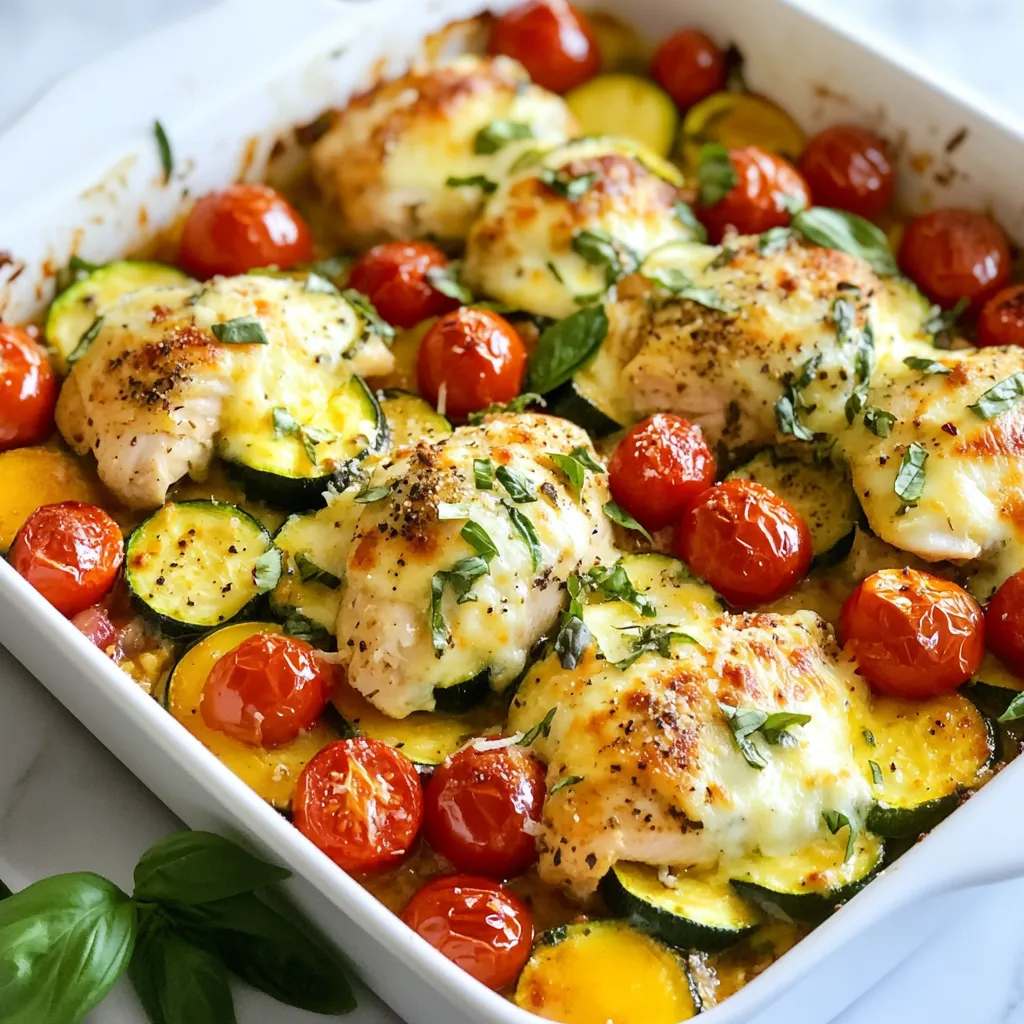 To make Italian Chicken and Zucchini Bake, you need the right ingredients. Here’s what you will use: - 4 boneless, skinless chicken breasts - 2 medium zucchinis, sliced into rounds - 1 cup cherry tomatoes, halved - 1 red bell pepper, diced - 1 onion, sliced - 3 cloves garlic, minced - 1 teaspoon dried oregano - 1 teaspoon dried basil - ½ teaspoon crushed red pepper flakes - 1 cup mozzarella cheese, shredded - ½ cup Parmesan cheese, grated - 2 tablespoons olive oil - Salt and pepper to taste - Fresh basil leaves for garnish (optional) These fresh ingredients create a colorful and tasty dish. The chicken stays juicy, while the veggies add a crunch. The cheeses melt into the bake, giving it a creamy finish. You can adjust the red pepper flakes for spice. Fresh basil adds a pop of flavor if you choose to use it. Each ingredient plays a role in making this meal special. {{ingredient_image_1}} Start by preheating your oven to 400°F (200°C). This step is key for even cooking. A hot oven helps the chicken cook well while giving the veggies a nice roast. Next, grab a large bowl. In it, combine the sliced zucchinis, halved cherry tomatoes, diced red bell pepper, sliced onion, and minced garlic. Drizzle in the olive oil. Then, add the dried oregano, dried basil, crushed red pepper flakes, salt, and pepper. Toss the mixture so every piece gets coated. This blend will add lots of flavor to your bake. Now, take a baking dish and lay out the chicken breasts flat. Season both sides with salt and pepper. This simple step boosts the chicken's taste. Spread the vegetable mixture around the chicken in the dish. It creates a colorful and tasty base. Finally, sprinkle the shredded mozzarella cheese on top, followed by the grated Parmesan cheese. This cheesy layer adds richness to every bite. To get a great bake, start by preheating your oven. Set it to 400°F (200°C). This heat helps the chicken cook well and keeps the veggies tender. Cover the dish with foil for the first part of baking. This step traps moisture and keeps the chicken juicy. After 25 minutes, remove the foil. This lets the cheese get bubbly and brown. Let the bake rest for five minutes before serving. This step helps the juices settle. Mozzarella cheese works well for this dish. It melts nicely and adds a creamy taste. Parmesan cheese offers a sharp flavor that enhances the bake. If you want a twist, try using provolone or fontina. These cheeses can add a unique touch. Make sure to shred or grate the cheese before adding it. This helps it melt evenly throughout the dish. The crushed red pepper flakes add a nice kick. If you like it spicy, keep the amount the same. If you prefer milder flavors, reduce the flakes. You can also add more herbs for extra taste. Fresh herbs like parsley or thyme can work well. Just chop them finely and sprinkle on top before serving. This adds flavor without heat. Pro Tips Use Fresh Ingredients: Opt for fresh, seasonal vegetables for the best flavor and texture in your dish. Marinate the Chicken: For added flavor, marinate the chicken breasts in olive oil, garlic, and herbs for at least 30 minutes before baking. Layering Technique: Ensure an even distribution of vegetables and cheese for a consistent bake and better flavor integration. Resting Period: Allow the dish to rest after baking; this helps the juices redistribute and enhances the overall flavor. {{image_2}} You can change the protein in this dish. Try using turkey breasts or pork chops instead of chicken. Each option brings a unique flavor. If you prefer meatless meals, use chickpeas or lentils. These options add protein without meat. They also soak up the tasty juices. Adjust cooking time if using different proteins. Always check for doneness before serving. Feel free to mix up the veggies. Instead of zucchini, try eggplant or yellow squash. You can also add spinach or kale for extra greens. Carrots or broccoli can give a nice crunch too. Each vegetable adds its own flavor. Just keep the cooking times in mind. Some veggies cook faster than others. You want everything to be tender and tasty. If you want a dairy-free option, skip the cheese. You can use nutritional yeast for a cheesy flavor without dairy. It adds a nice umami taste. Another option is to use a dairy-free cheese substitute. These products melt well in the oven. Check the labels to ensure they fit your needs. This way, everyone can enjoy this tasty dish! After enjoying your Italian Chicken and Zucchini Bake, let it cool. Store leftovers in an airtight container. This keeps the flavors fresh. Place the container in the fridge. It will stay good for about three to four days. Always check for any signs of spoilage before eating. Want to save some for later? You can freeze this dish! First, let it cool completely. Then, wrap it tightly in plastic wrap or foil. Place it in a freezer-safe container. This way, you can enjoy it for up to three months. When you're ready to eat, just thaw it overnight in the fridge. To reheat, preheat your oven to 350°F (175°C). Place the dish in the oven for about 20 minutes. Cover it with foil to keep it moist. You can also use a microwave. Just heat it in short bursts, stirring in between. Make sure it's heated all the way through. Enjoy your delicious meal again! Yes, you can prepare this dish ahead of time. To do this, follow the steps up to arranging the chicken and vegetables in the baking dish. Cover the dish with plastic wrap and place it in the fridge. It can sit there for up to 24 hours. When you are ready to bake, remove it from the fridge, let it warm for about 15 minutes, then bake as directed. This method saves time and is great for meal prep. This dish pairs well with several sides. You might serve it with: - A fresh green salad - Garlic bread for dipping - Steamed rice or quinoa - Pasta tossed in olive oil and garlic These options add variety and complement the flavors of the chicken and zucchini bake. To check if the chicken is done, use a meat thermometer. The chicken should reach an internal temperature of 165°F (75°C). If you don’t have a thermometer, cut into the thickest part of the chicken. The meat should be white, not pink, and the juices should run clear. This ensures that it is safe to eat. This blog post shared a simple and tasty recipe for Italian Chicken and Zucchini Bake. You learned about fresh ingredients, easy steps, and expert tips. You can add your twist with different proteins or veggies. Remember to store any leftovers correctly for later enjoyment. Cooking this dish can be an exciting way to impress your family or friends. Enjoy your culinary adventure and savor every bite of this delicious meal.