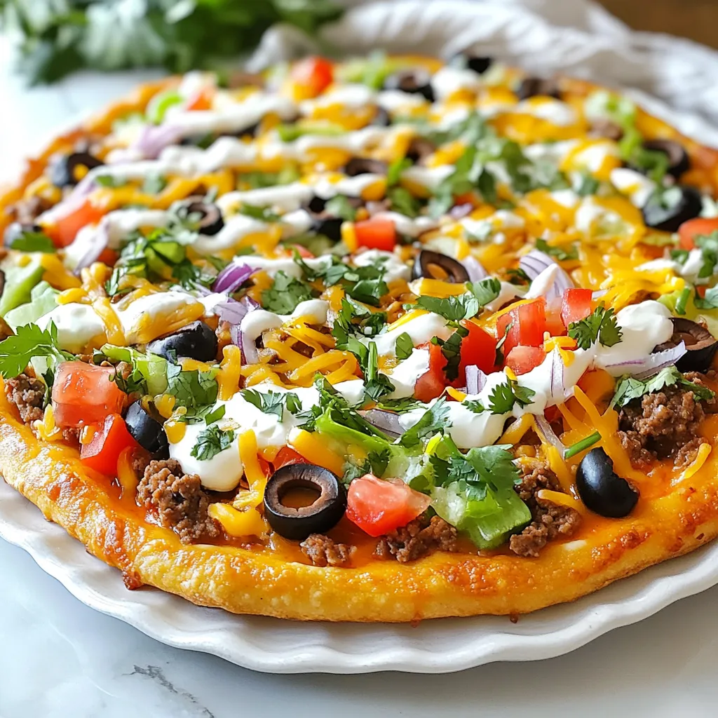 To make Taco Pizza, you need a few key ingredients. Here’s what you must have: - 1 pre-made pizza crust (store-bought or homemade) - 1 cup refried beans - 1 cup shredded cheddar cheese - 1 cup shredded mozzarella cheese - 1 cup cooked taco meat (ground beef or turkey seasoned with taco seasoning) - 1 medium tomato, diced - ½ cup black olives, sliced - ½ cup shredded lettuce - ¼ cup diced red onion - ¼ cup fresh cilantro, chopped - ½ cup sour cream (for drizzle) Feel free to make your Taco Pizza your own! Here are some optional ingredients you can add: - 1 tablespoon taco seasoning (for extra flavor) - Sliced jalapeños for heat - Corn for sweetness - Avocado slices for creaminess - Other favorite toppings like bell peppers or green onions To create your Taco Pizza, you’ll need a few handy tools: - Baking sheet or pizza stone - Rolling pin (if using homemade crust) - Mixing bowl for preparing toppings - Pizza cutter for easy slicing - Measuring cups for accurate portions With these ingredients and tools, you’re all set to create a delicious Taco Pizza that everyone will love! {{ingredient_image_1}} Start by preheating your oven to 425°F (220°C). This step is key for a crispy crust. Next, take your pre-made pizza crust. If it’s store-bought, simply roll it out on a baking sheet or a pizza stone. Make sure to leave a half-inch border around the edges. This will help hold all the tasty toppings. Now it’s time for the fun part! Spread 1 cup of refried beans evenly over the crust. This will act as a tasty base. Next, sprinkle 1 cup of shredded cheddar cheese. After that, add 1 cup of shredded mozzarella cheese on top. Next, layer on 1 cup of cooked taco meat. This can be ground beef or turkey seasoned with taco seasoning. After the meat, add diced tomatoes and ½ cup of sliced black olives. These will give your pizza a fresh touch. Place your pizza in the preheated oven. Bake it for 12-15 minutes. You want the cheese to be bubbly and melted, and the crust should look golden brown. Once it’s done, take it out of the oven. Let it cool for a couple of minutes. Finally, top your pizza with shredded lettuce, diced red onion, and fresh cilantro. Drizzle sour cream on top or serve it on the side for dipping. Enjoy your delicious Taco Pizza! To bake taco pizza just right, follow these steps. Preheat your oven to 425°F (220°C). This heat helps the crust get nice and crispy. Roll out or place your pizza crust on a baking sheet. Make sure it’s even. Spread refried beans across the crust, leaving a small edge. This adds great flavor. Layer on the cheddar and mozzarella cheese generously. Place cooked taco meat on top of the cheese. Bake for 12 to 15 minutes. Watch closely! The cheese should be bubbly and the crust golden. Let it cool for a few minutes before slicing. This helps the toppings stay put when you cut it. When serving taco pizza, think outside the box. Cut it into wedges for easy sharing. A sprinkle of extra cilantro adds a fresh look. Add a few olives on each slice for color. Lime wedges on the side give a tasty, zesty kick. Pair your pizza with a simple salad. A fresh green salad or a corn salad works well. You can also serve it with salsa or guacamole for extra flavor. Each bite will be a fiesta! To boost flavor, season your taco pizza wisely. Use taco seasoning in your meat. This adds a great kick! If you want more spice, add jalapeños or hot sauce. Try mixing different cheeses too. Pepper jack cheese brings a nice heat. You can also add spices like cumin or paprika to the beans. Don’t forget toppings! Fresh cilantro and diced red onion enhance each bite. Remember, the right seasonings make your taco pizza truly delicious! Pro Tips Pre-Bake the Crust: For a crispier crust, consider pre-baking the pizza crust for 5 minutes before adding the toppings. This helps prevent a soggy base. Customize Your Toppings: Feel free to mix and match your favorite taco toppings such as jalapeños, corn, or avocado to personalize your pizza. Use Fresh Ingredients: Using fresh veggies like tomatoes and lettuce will enhance the flavor and texture of your pizza. Always opt for the freshest produce available. Serve with a Side: Pair your Taco Pizza Delight with a fresh green salad or tortilla chips and salsa for a complete meal experience. {{image_2}} You can easily make a vegetarian taco pizza. Start with the same base. Use refried beans as your sauce. Instead of taco meat, pile on veggies like bell peppers, zucchini, and corn. Add a generous amount of cheese. I recommend using both cheddar and mozzarella for that perfect melt. Top it off with fresh tomatoes, olives, and lettuce after baking. This veggie twist tastes fresh and is hearty too. If you like heat, spice up your taco pizza! Use spicy taco seasoning on your meat. You can also add jalapeños or banana peppers for a kick. A drizzle of hot sauce before serving gives it an extra zing. Try using pepper jack cheese to add a creamy, spicy layer. For an even bolder flavor, mix in some sriracha with your sour cream for dipping. This spicy version will wake up your taste buds! For a gluten-free taco pizza, choose a gluten-free crust. Many stores offer pre-made options. You can also make your own with almond flour or cauliflower. The rest of the toppings stay the same. Use refried beans, cheese, and your favorite veggies or meats. Just be sure all ingredients are gluten-free. After baking, add your fresh toppings like lettuce and cilantro. This way, everyone can enjoy taco pizza without worry. To keep your leftover taco pizza fresh, first let it cool down. Once cool, slice the pizza into pieces. Place the slices in an airtight container. You can also wrap each slice in plastic wrap. Store it in the fridge for up to three days. This way, the flavors stay intact, and the crust remains tasty. When you're ready to enjoy your leftovers, preheat your oven to 350°F (175°C). Place the slices on a baking sheet. Heat for about 10-15 minutes. This makes the crust crispy again and warms the toppings. You can also use a microwave, but it may make the crust soft. If you choose the microwave, heat for 30 seconds at a time until warm. To freeze your taco pizza, first cool it completely. Slice the pizza as you would for storage. Wrap each slice tightly in plastic wrap. Then, place them in a freezer-safe bag. Squeeze out any air before sealing. You can freeze the pizza for up to two months. When you're ready to eat, thaw it in the fridge overnight and reheat as mentioned above. You can use many toppings for Taco Pizza. Here are some ideas: - Jalapeños for heat - Avocado slices for creaminess - Corn for sweetness - Fresh salsa for extra flavor - Chopped green onions for crunch Feel free to mix and match toppings. This lets you create your own flavor. Yes, you can use other meats. Ground turkey or chicken works well. You can also try beef, pork, or even plant-based meat. Season your meat to boost flavor. Just make sure it's cooked before adding it to your pizza. This step keeps the toppings nice and warm. To make a low-carb Taco Pizza, you can swap out the crust. Use a cauliflower crust or a fathead dough. You can also skip the beans and cheese. Instead, load up on meats and veggies. Use lettuce as a base and pile on your taco toppings. This keeps the fun flavors while cutting carbs. Taco pizza is simple and fun to make. You can customize it with your favorite toppings and spices. Follow the steps to prep, bake, and enjoy your delicious creation. Remember, you can make it vegetarian or spicy. Storing leftovers is easy, and reheating keeps it tasty. With these tips and tricks, you’ll impress everyone with your skills. Get ready to share and enjoy this tasty dish!