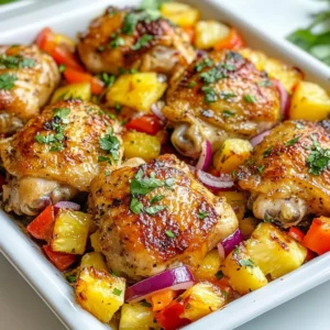 To make the Whole30 Hawaiian Chicken Sheet Pan, you'll need these fresh and vibrant ingredients: - 4 boneless, skinless chicken thighs - 1 red bell pepper, sliced - 1 yellow bell pepper, sliced - 1 red onion, sliced - 2 cups fresh pineapple chunks - 3 tablespoons coconut aminos - 1 tablespoon olive oil - 2 cloves garlic, minced - 1 inch fresh ginger, minced - 1 teaspoon ground turmeric - 1 teaspoon red pepper flakes (optional for heat) - Salt and pepper to taste - Fresh cilantro for garnish These ingredients create a colorful and tasty dish. The chicken thighs give a rich flavor. The bell peppers add crunch. Pineapple brings a sweet twist. Together, they create a perfect balance. The coconut aminos add depth without soy. Garlic and ginger elevate the taste. Turmeric gives a warm color and health benefits. Red pepper flakes can spice it up if you like heat. Fresh cilantro brightens the dish, making it visually appealing. Each bite will take you to the islands. Enjoy gathering these ingredients for your meal! {{ingredient_image_1}} 1. Preheat your oven to 425°F (220°C). This step is key for a crispy finish. 2. Line a large baking sheet with parchment paper. This makes cleanup easy and quick. 3. In a mixing bowl, combine the coconut aminos, olive oil, minced garlic, minced ginger, ground turmeric, and red pepper flakes. Add a pinch of salt and pepper. Whisk well until mixed. 4. Add the chicken thighs to the marinade. Let them sit for at least 10 minutes. This helps the flavors soak in. 1. On the prepared baking sheet, arrange the sliced red bell pepper, yellow bell pepper, red onion, and pineapple chunks. This creates a colorful base for your dish. 2. Place the marinated chicken thighs on top of the vegetables and pineapple. Drizzle any remaining marinade over everything. This adds extra flavor. 1. Bake the sheet pan in the preheated oven for 25-30 minutes. Check for doneness. The chicken should reach an internal temperature of 165°F (75°C) and be no longer pink. 2. Once cooked, remove the pan from the oven. Let it rest for about 5 minutes. This helps the juices stay in the chicken. 3. Garnish with fresh cilantro before serving. This adds a nice touch and bright flavor. To keep the chicken juicy, marinate it for at least 10 minutes. This helps the chicken soak up the flavors. For extra moisture, consider using thighs instead of breasts. They have more fat, which adds flavor and keeps them tender. You can mix up the marinade flavor to suit your taste. Try adding lime juice for a zesty kick. Or, use a splash of pineapple juice for more sweetness. You can also swap garlic for shallots for a milder taste. Feel free to adjust the spices too. If you like heat, add more red pepper flakes. If you prefer less spice, skip them. Pair this dish with simple sides. Steamed broccoli or cauliflower rice work well. They balance the sweet flavors of the chicken and pineapple. For a fresh touch, serve a green salad on the side. It adds crunch and color. To make your dish look appealing, use a large platter. Spread the chicken and veggies evenly for a nice display. Garnish with fresh cilantro for a pop of green. This makes the dish look vibrant and fresh. Pro Tips Marinate Longer for Flavor: If time allows, marinate the chicken thighs for 30 minutes or even overnight in the refrigerator. This will enhance the flavor and tenderness of the chicken. Use Fresh Pineapple: For the best flavor, opt for fresh pineapple instead of canned. The sweetness and acidity of fresh pineapple will elevate the dish. Customize Your Veggies: Feel free to swap in your favorite vegetables such as zucchini or snap peas. This recipe is versatile, and using seasonal veggies can add variety. Check Chicken Temperature: Always use a meat thermometer to check that the chicken has reached an internal temperature of 165°F (75°C) to ensure it is safe to eat. {{image_2}} You can change the protein in this dish. Swap chicken for shrimp or pork. They both cook well and taste great with the sauce. You can also switch up the veggies and fruits. Use zucchini, broccoli, or mango instead of bell peppers and pineapple. Each swap brings its own flavor and keeps the dish fresh. Add more spices or herbs for extra flavor. Try fresh basil or cilantro for a pop of freshness. You can also use thyme or oregano for a different twist. If you like heat, add more red pepper flakes. For a milder taste, leave them out. You can also try a dash of hot sauce. Adjusting these flavors makes the meal your own. To store leftovers, let the dish cool first. Place the chicken and veggies in a container. Use airtight containers for best results. Make sure to keep it in the fridge. This meal stays fresh for up to three days. When you’re ready to eat, just reheat it on the stove or in the microwave. To freeze this meal, let it cool completely. Place the chicken and veggies in a freezer-safe bag. Squeeze out extra air before sealing. This dish can stay in the freezer for about three months. When you're ready to enjoy it again, thaw it in the fridge overnight. Reheat in the oven or microwave until hot. Yes, this recipe is Whole30 compliant. It uses fresh ingredients and avoids added sugars, dairy, and grains. The coconut aminos replace soy sauce, giving you that umami flavor without breaking the rules. Absolutely! Feel free to swap in your favorite veggies. Zucchini, carrots, or snap peas work well. Just keep the cooking time in mind, as some vegetables may need longer to cook. For thicker chicken pieces, increase the cooking time by 5 to 10 minutes. Always check the chicken's internal temperature. It should reach 165°F (75°C) to ensure it’s safe to eat. Yes, you can prepare this dish ahead of time. Marinate the chicken and chop the vegetables the night before. Store them in the fridge. When you're ready, just bake them! You now have a great recipe for sheet pan chicken with vibrant veggies and tasty fruit. From marinating the chicken to baking it, each step adds unique flavor. Remember, you can swap ingredients and customize flavors to suit your taste. Don’t forget to store leftovers properly to enjoy them later. This dish is not only healthy but fun to make, with endless options. Enjoy cooking and impress your friends with this colorful meal!