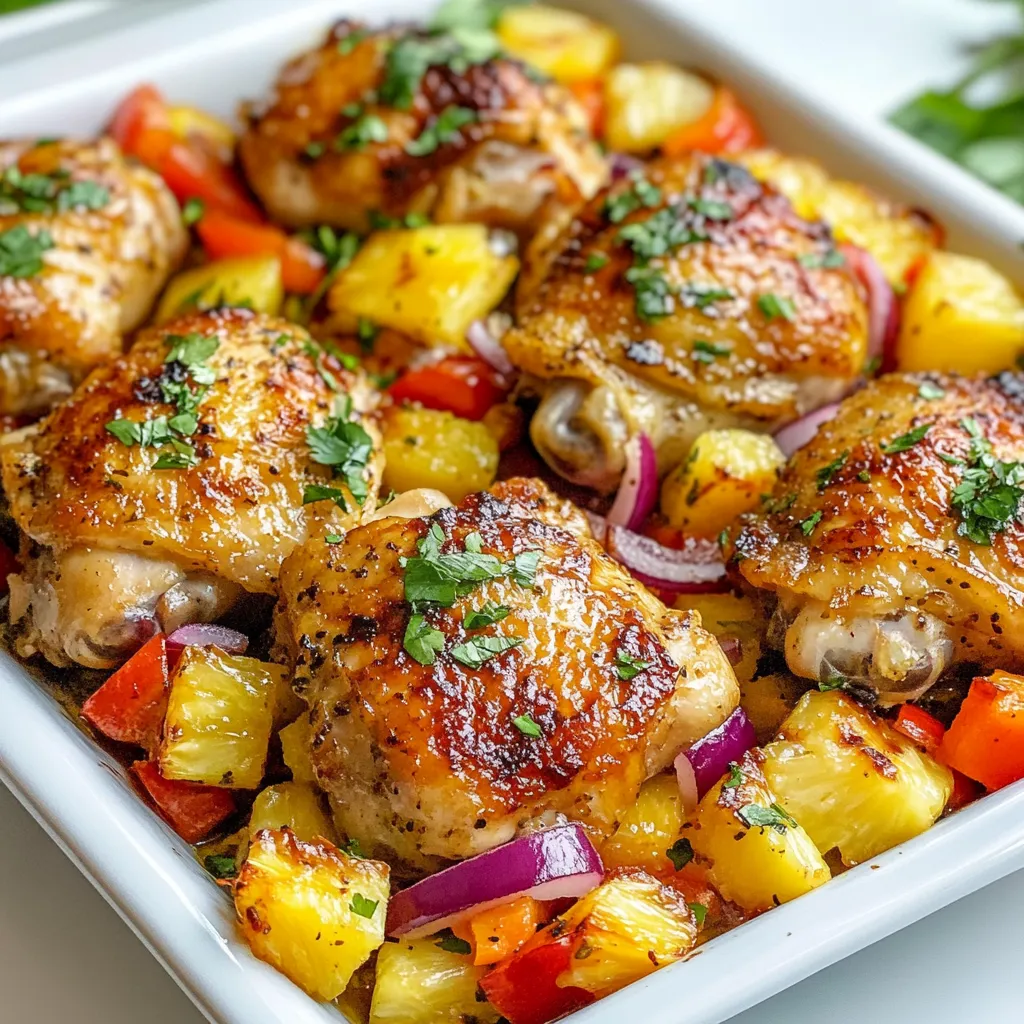 To make the Whole30 Hawaiian Chicken Sheet Pan, you'll need these fresh and vibrant ingredients: - 4 boneless, skinless chicken thighs - 1 red bell pepper, sliced - 1 yellow bell pepper, sliced - 1 red onion, sliced - 2 cups fresh pineapple chunks - 3 tablespoons coconut aminos - 1 tablespoon olive oil - 2 cloves garlic, minced - 1 inch fresh ginger, minced - 1 teaspoon ground turmeric - 1 teaspoon red pepper flakes (optional for heat) - Salt and pepper to taste - Fresh cilantro for garnish These ingredients create a colorful and tasty dish. The chicken thighs give a rich flavor. The bell peppers add crunch. Pineapple brings a sweet twist. Together, they create a perfect balance. The coconut aminos add depth without soy. Garlic and ginger elevate the taste. Turmeric gives a warm color and health benefits. Red pepper flakes can spice it up if you like heat. Fresh cilantro brightens the dish, making it visually appealing. Each bite will take you to the islands. Enjoy gathering these ingredients for your meal! {{ingredient_image_1}} 1. Preheat your oven to 425°F (220°C). This step is key for a crispy finish. 2. Line a large baking sheet with parchment paper. This makes cleanup easy and quick. 3. In a mixing bowl, combine the coconut aminos, olive oil, minced garlic, minced ginger, ground turmeric, and red pepper flakes. Add a pinch of salt and pepper. Whisk well until mixed. 4. Add the chicken thighs to the marinade. Let them sit for at least 10 minutes. This helps the flavors soak in. 1. On the prepared baking sheet, arrange the sliced red bell pepper, yellow bell pepper, red onion, and pineapple chunks. This creates a colorful base for your dish. 2. Place the marinated chicken thighs on top of the vegetables and pineapple. Drizzle any remaining marinade over everything. This adds extra flavor. 1. Bake the sheet pan in the preheated oven for 25-30 minutes. Check for doneness. The chicken should reach an internal temperature of 165°F (75°C) and be no longer pink. 2. Once cooked, remove the pan from the oven. Let it rest for about 5 minutes. This helps the juices stay in the chicken. 3. Garnish with fresh cilantro before serving. This adds a nice touch and bright flavor. To keep the chicken juicy, marinate it for at least 10 minutes. This helps the chicken soak up the flavors. For extra moisture, consider using thighs instead of breasts. They have more fat, which adds flavor and keeps them tender. You can mix up the marinade flavor to suit your taste. Try adding lime juice for a zesty kick. Or, use a splash of pineapple juice for more sweetness. You can also swap garlic for shallots for a milder taste. Feel free to adjust the spices too. If you like heat, add more red pepper flakes. If you prefer less spice, skip them. Pair this dish with simple sides. Steamed broccoli or cauliflower rice work well. They balance the sweet flavors of the chicken and pineapple. For a fresh touch, serve a green salad on the side. It adds crunch and color. To make your dish look appealing, use a large platter. Spread the chicken and veggies evenly for a nice display. Garnish with fresh cilantro for a pop of green. This makes the dish look vibrant and fresh. Pro Tips Marinate Longer for Flavor: If time allows, marinate the chicken thighs for 30 minutes or even overnight in the refrigerator. This will enhance the flavor and tenderness of the chicken. Use Fresh Pineapple: For the best flavor, opt for fresh pineapple instead of canned. The sweetness and acidity of fresh pineapple will elevate the dish. Customize Your Veggies: Feel free to swap in your favorite vegetables such as zucchini or snap peas. This recipe is versatile, and using seasonal veggies can add variety. Check Chicken Temperature: Always use a meat thermometer to check that the chicken has reached an internal temperature of 165°F (75°C) to ensure it is safe to eat. {{image_2}} You can change the protein in this dish. Swap chicken for shrimp or pork. They both cook well and taste great with the sauce. You can also switch up the veggies and fruits. Use zucchini, broccoli, or mango instead of bell peppers and pineapple. Each swap brings its own flavor and keeps the dish fresh. Add more spices or herbs for extra flavor. Try fresh basil or cilantro for a pop of freshness. You can also use thyme or oregano for a different twist. If you like heat, add more red pepper flakes. For a milder taste, leave them out. You can also try a dash of hot sauce. Adjusting these flavors makes the meal your own. To store leftovers, let the dish cool first. Place the chicken and veggies in a container. Use airtight containers for best results. Make sure to keep it in the fridge. This meal stays fresh for up to three days. When you’re ready to eat, just reheat it on the stove or in the microwave. To freeze this meal, let it cool completely. Place the chicken and veggies in a freezer-safe bag. Squeeze out extra air before sealing. This dish can stay in the freezer for about three months. When you're ready to enjoy it again, thaw it in the fridge overnight. Reheat in the oven or microwave until hot. Yes, this recipe is Whole30 compliant. It uses fresh ingredients and avoids added sugars, dairy, and grains. The coconut aminos replace soy sauce, giving you that umami flavor without breaking the rules. Absolutely! Feel free to swap in your favorite veggies. Zucchini, carrots, or snap peas work well. Just keep the cooking time in mind, as some vegetables may need longer to cook. For thicker chicken pieces, increase the cooking time by 5 to 10 minutes. Always check the chicken's internal temperature. It should reach 165°F (75°C) to ensure it’s safe to eat. Yes, you can prepare this dish ahead of time. Marinate the chicken and chop the vegetables the night before. Store them in the fridge. When you're ready, just bake them! You now have a great recipe for sheet pan chicken with vibrant veggies and tasty fruit. From marinating the chicken to baking it, each step adds unique flavor. Remember, you can swap ingredients and customize flavors to suit your taste. Don’t forget to store leftovers properly to enjoy them later. This dish is not only healthy but fun to make, with endless options. Enjoy cooking and impress your friends with this colorful meal!
