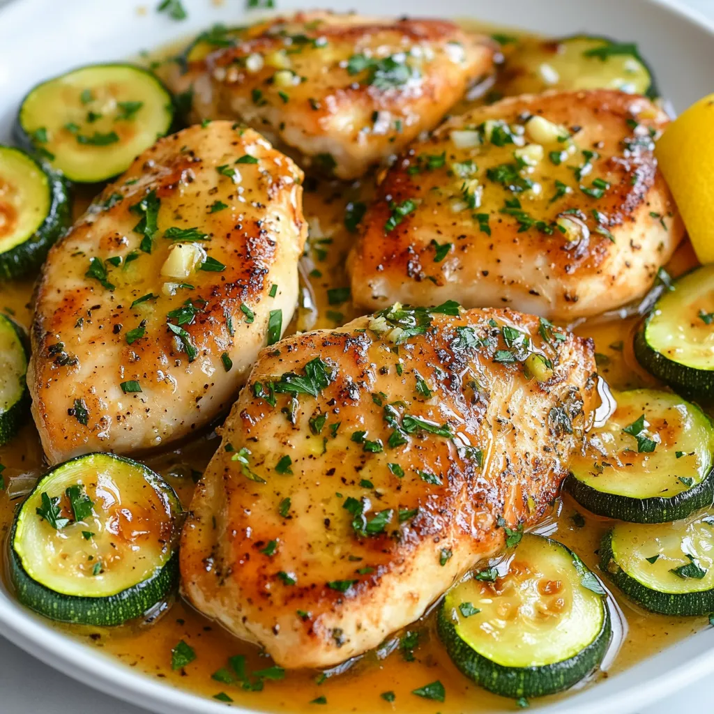 For One-Pan Garlic Butter Chicken with Zucchini, you will need: - 4 boneless, skinless chicken breasts - 4 tablespoons unsalted butter - 4 cloves garlic, minced - 2 medium zucchini, sliced into half-moons - 1 teaspoon paprika - 1 teaspoon Italian seasoning - Salt and pepper, to taste - Juice of 1 lemon - Fresh parsley, chopped (for garnish) These simple ingredients create a tasty dish. The garlic and butter add depth, while zucchini brings freshness. You can add more flavor with these options: - A pinch of red pepper flakes for heat - Grated Parmesan cheese for a cheesy touch - Fresh basil or thyme for an herbal twist These extras can elevate your dish even more. Try them and find your favorite combo. To make this recipe, gather these tools: - A large skillet - A sharp knife for slicing - A cutting board - A lemon juicer for easy juice extraction These tools help you prepare the meal quickly and easily. Having the right equipment makes cooking more fun! {{ingredient_image_1}} Start by gathering your ingredients. You need: - 4 boneless, skinless chicken breasts - 4 tablespoons unsalted butter - 4 cloves garlic, minced - 2 medium zucchini, sliced into half-moons - 1 teaspoon paprika - 1 teaspoon Italian seasoning - Salt and pepper, to taste - Juice of 1 lemon - Fresh parsley, chopped (for garnish) Now, wash the zucchini and slice them into half-moons. Mince the garlic and set it aside. Take the chicken breasts out and season them with salt, pepper, paprika, and Italian seasoning on both sides. This step adds great flavor to your chicken. Heat a large skillet over medium heat. Add 2 tablespoons of butter to the skillet. Once it melts, add the seasoned chicken breasts. Cook them for about 5 to 7 minutes on each side. You want them golden brown and fully cooked. To check if they are done, cut into one to see if the inside is no longer pink. Once cooked, remove the chicken and set it aside on a plate. In the same skillet, add the other 2 tablespoons of butter. Then, add the minced garlic. Sauté the garlic for about 1 minute. You want it to smell great, but don’t let it burn. Next, add the sliced zucchini to the skillet. Sauté the zucchini for 4 to 5 minutes until they begin to soften. Stir often to ensure they cook evenly. After the zucchini is soft, return the cooked chicken to the skillet. Squeeze the juice of one lemon over the chicken and zucchini. Toss everything together gently. Heat it all through for another 2 to 3 minutes. Taste and adjust the seasoning if needed. Before serving, sprinkle fresh parsley on top for a pop of color and flavor. Enjoy your delicious one-pan garlic butter chicken with zucchini! Use boneless, skinless chicken breasts for this dish. They cook fast and stay juicy. Look for chicken that is fresh and firm. Avoid any with an off smell or discoloration. Thinner pieces cook more evenly, so pound them a bit if needed. Cut the zucchini into half-moons. This shape helps them cook evenly. Sauté them until they are tender but still crisp. Overcooked zucchini can become mushy. Watch closely, cooking them for just 4-5 minutes should do the trick. Seasoning is key for great taste. Use salt, pepper, paprika, and Italian herbs. These add depth to both the chicken and the zucchini. Squeeze fresh lemon juice over the dish for brightness. Fresh parsley adds a nice touch at the end. Adjust seasonings to your taste, and don’t be afraid to experiment! Pro Tips Rest the Chicken: Allow the chicken to rest for a few minutes after cooking. This helps the juices redistribute, making the chicken more tender and flavorful. Use Fresh Garlic: For the best flavor, use fresh garlic cloves instead of pre-minced garlic. It adds a pungent aroma and taste that elevates the dish. Customize the Veggies: Feel free to add other vegetables like bell peppers or asparagus for added nutrition and color. Just adjust the cooking time accordingly. Serve with a Side: This dish pairs well with rice or quinoa. They will soak up the delicious garlic butter sauce, making your meal even more satisfying. {{image_2}} If you want to switch the chicken, you can use turkey or pork. Both meats work well in this dish. You can also use chicken thighs for more flavor. Just remember to adjust the cooking time. Thighs may need a bit longer to cook through. You can add more veggies to this dish. Bell peppers, mushrooms, or spinach will add great taste. Just slice them up and toss them in when you add the zucchini. This way, you get more colors and nutrients in your meal. Try mixing in broccoli for a nice crunch or carrots for a touch of sweetness. Feel free to switch the herbs and spices to suit your taste. You can use thyme or rosemary for a different flavor. If you like a bit of heat, add some red pepper flakes. For a smoky taste, use smoked paprika instead of regular paprika. Experimenting with flavors keeps this dish exciting every time you make it! To store your leftovers, let the chicken and zucchini cool first. Use an airtight container for best results. Place the chicken and zucchini in the container together. This helps keep them fresh. Store the container in the fridge. Your leftovers will last up to three days. When you're ready to eat again, take the chicken and zucchini out. You can reheat them in a skillet over medium heat. This keeps the flavors intact. Stir gently for about five minutes until everything is warm. You can also use the microwave. Heat in short bursts of 30 seconds, stirring in between. If you want to save some for later, freezing works well. Make sure to cool the dish completely. Place the chicken and zucchini in a freezer-safe bag. Remove as much air as possible. This helps prevent freezer burn. You can freeze for up to three months. When ready to eat, thaw in the fridge overnight and reheat. Yes, you can use frozen chicken breasts. Just remember to thaw them first. Thawing helps ensure even cooking. You can place them in the fridge overnight. If you're in a hurry, use the microwave's defrost setting. Cook the chicken longer if it’s still cold. If you need a butter substitute, try olive oil or coconut oil. Both oils add good flavor. You can also use ghee for a buttery taste. For a dairy-free option, avocado oil works well too. Each choice brings a unique flavor to the dish. This dish will last about three to four days in the fridge. Make sure to store it in an airtight container. This keeps it fresh and tasty. If you notice any changes in smell or color, it’s best to throw it away. Yes, you can make it ahead of time. Cook everything and let it cool down. Then store it in the fridge. Reheat it when you’re ready to eat. This makes for a quick meal on busy days. Just ensure the chicken is heated to 165°F before serving. This blog post covered all you need to make a great chicken and zucchini dish. We reviewed key ingredients, cooking steps, and useful tips. Remember to choose the right chicken and season well. You can even switch out veggies or herbs for variety. Proper storage helps ensure your leftovers stay fresh. With these ideas, you can enjoy this meal time and again. Enjoy your cooking and explore your options!