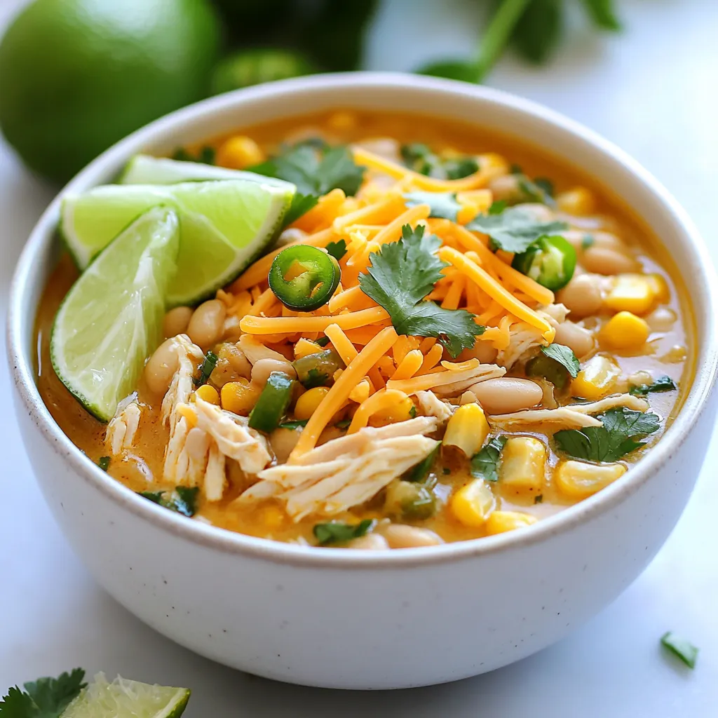 To make a delicious high protein white chicken chili, gather these key items: - 1 lb boneless, skinless chicken breasts - 1 tablespoon olive oil - 1 medium onion, diced - 2 cloves garlic, minced - 2 cans (15 oz each) white beans, drained and rinsed - 1 can (4 oz) diced green chiles - 2 cups low-sodium chicken broth - 1 teaspoon ground cumin - 1 teaspoon chili powder - ½ teaspoon smoked paprika - ½ teaspoon dried oregano - Salt and pepper to taste - 1 cup corn kernels (fresh or frozen) - ½ cup Greek yogurt - 1 cup shredded cheddar cheese (optional) - Fresh cilantro and lime wedges for garnish These ingredients work together to create a hearty and filling meal. The chicken provides protein, while beans add fiber. The spices bring warmth and flavor. You can elevate your chili with these tasty toppings: - Shredded cheddar cheese - Fresh cilantro - Lime wedges These garnishes add color and enhance the dish’s flavor. The cheese brings creaminess, while lime adds a fresh zing. This high protein white chicken chili is not only tasty but also good for you. Each serving offers: - Calories: Approximately 400 - Protein: About 35 grams - Carbohydrates: Around 40 grams - Fat: Roughly 10 grams This meal packs a punch of protein, making it perfect for a post-workout meal or a filling lunch. The combination of chicken, beans, and Greek yogurt boosts its nutritional value. Enjoy your bowl of goodness, knowing it fuels your body! {{ingredient_image_1}} Start by gathering all your ingredients. You will need: - 1 lb boneless, skinless chicken breasts - 1 tablespoon olive oil - 1 medium onion, diced - 2 cloves garlic, minced - 2 cans (15 oz each) white beans, drained and rinsed - 1 can (4 oz) diced green chiles - 2 cups low-sodium chicken broth - 1 teaspoon ground cumin - 1 teaspoon chili powder - ½ teaspoon smoked paprika - ½ teaspoon dried oregano - Salt and pepper to taste - 1 cup corn kernels - ½ cup Greek yogurt - 1 cup shredded cheddar cheese (optional) - Fresh cilantro and lime wedges for garnish First, heat the olive oil in a large pot over medium heat. Next, add the diced onion. Cook until the onion turns soft, about five minutes. Stir in the minced garlic and cook for another one to two minutes. This step adds a lot of flavor. While the onion and garlic cook, season the chicken breasts. Use salt, pepper, cumin, chili powder, smoked paprika, and oregano. Once seasoned, add the chicken to the pot. Pour in the chicken broth and bring the mixture to a simmer. Cover the pot and cook for 20-25 minutes. The chicken needs to be fully cooked. After cooking, remove the chicken from the pot. Use two forks to shred the chicken into pieces. Return the shredded chicken back to the pot. Now, stir in the white beans, diced green chiles, and corn. Cook for another ten minutes. This lets all the flavors mix together. Finally, reduce the heat and stir in the Greek yogurt. This makes the chili creamy and adds protein. Adjust the seasonings to your taste. Shredding chicken can be easy. Use two forks to pull the chicken apart. A helpful tip is to let the chicken cool slightly before shredding. This can make it easier to handle. If you want smaller pieces, shred it a bit more. You want the chicken to blend well with the other ingredients. To boost flavor in your chili, always start with fresh ingredients. Use high-quality chicken and spices. Sauté the onions and garlic until soft. This brings out their natural sweetness. Add the spices early, letting them bloom in the oil. This step makes the chili more aromatic. Don't skip the Greek yogurt; it adds creaminess and protein. Always taste your chili as it cooks. Adjust salt and spices to fit your taste. You can easily make this chili your own. Want more veggies? Toss in bell peppers or zucchini. If you like heat, add jalapeños or hot sauce. For a smoky flavor, try adding chipotle peppers. You can also swap white beans for black beans or lentils. If you’re on a low-carb diet, skip the beans and add more chicken. Love a thicker chili? Blend part of it and stir it back in. For best results, use a large pot or Dutch oven. It holds heat well and allows for even cooking. A good knife makes chopping veggies quick and easy. Use a sturdy cutting board to keep your workspace safe. For shredding chicken, two forks work great. You might also want a ladle for serving. Lastly, keep measuring spoons handy to ensure accurate spice amounts. This keeps your chili flavorful and well-balanced. Pro Tips Use Rotisserie Chicken: For an even quicker meal, substitute cooked rotisserie chicken for the raw chicken breasts. Just add it in at the end to heat through. Adjust the Spice Level: If you prefer a milder chili, reduce the amount of chili powder and green chiles. For more heat, add diced jalapeños or a dash of cayenne pepper. Make it Ahead: This chili tastes even better the next day! Make a batch in advance and store it in the fridge for up to 3 days or freeze for up to a month. Garnish Creatively: Experiment with toppings like avocado slices, crushed tortilla chips, or a drizzle of hot sauce to add extra flavor and texture. {{image_2}} You can easily make this chili vegetarian or vegan. Replace the chicken with extra beans or lentils. Use vegetable broth instead of chicken broth for a rich flavor. Swap Greek yogurt with a plant-based yogurt for creaminess without dairy. This way, you keep the protein high while making it plant-friendly. If you like heat, add more diced green chiles or some jalapeños. For a milder chili, just use fewer spices. You can also add a pinch of cayenne pepper for a gentle kick. Taste as you go, and adjust to your liking. This way, everyone can enjoy their own spice level. This chili is naturally gluten-free, but always check labels. Some canned goods may contain gluten. Use certified gluten-free broth and beans. If you want to thicken the chili, use cornstarch mixed with water. This keeps your meal safe and delicious for gluten-sensitive diners. To store leftover high protein white chicken chili, let it cool first. Once cool, transfer it to an airtight container. Keep it in the fridge for up to four days. Make sure to label the container with the date. This helps you know when it is best to eat. You can freeze this chili for longer storage. Use freezer-safe containers or heavy-duty freezer bags. Make sure to leave some space at the top for expansion. It will stay fresh for up to three months in the freezer. When you’re ready to eat, just thaw it in the fridge overnight. Reheat the chili on the stove for the best flavor. Pour it into a pot and heat over medium heat. Stir often and add a splash of broth if it seems too thick. You can also use the microwave. Place it in a microwave-safe bowl, cover it loosely, and heat in short bursts, stirring in between. Always check that it is hot throughout before serving. To spice up your chili, add more chili powder or diced jalapeños. You can also try adding hot sauce or cayenne pepper. Taste as you go, and find the heat you like best. For a fun twist, roast your peppers before adding them for a smoky flavor. Yes, you can use canned chicken. It saves time and works well in this chili. Drain and rinse the canned chicken before adding it. Mix it in during the last few minutes of cooking. This keeps it tender and helps it soak up the flavors. High-protein meals help you feel full longer. They support muscle growth and repair. Protein also helps maintain healthy skin and hair. Eating protein can boost your metabolism, too. This chili packs a punch with lean chicken and Greek yogurt, making it a smart choice. Your chili will last about 3 to 4 days in the fridge. Store it in an airtight container to keep it fresh. If you want it to last longer, consider freezing it. Just remember to let it cool before putting it in the freezer. This blog post covered how to make a tasty high-protein white chicken chili. You learned about essential ingredients, cooking steps, and smart tips for great flavor. I shared ways to customize your dish and keep leftovers fresh. Remember, making this chili can be easy and fun. Enjoy it your way, whether spicy or mild. Keep exploring different flavors and make it a dish you'll love. Your kitchen journey starts here!