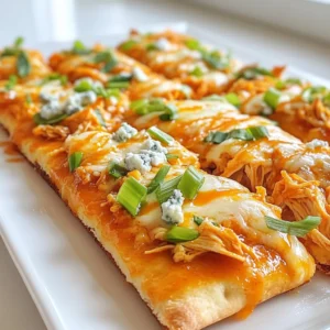 - 2 large flatbreads or naan - 1 cup cooked chicken, shredded - ½ cup buffalo sauce (adjust to taste) - 1 cup mozzarella cheese, shredded - ½ cup blue cheese, crumbled (optional) - ¼ cup green onions, sliced - 1 tablespoon olive oil - Salt and pepper to taste - Fresh cilantro for garnish (optional) Creating Buffalo chicken flatbread is simple and fun. You need just a few key ingredients. First, choose your base. Flatbreads or naan work great. They provide a nice texture. Next, use cooked chicken. Shredded chicken is easy to mix with the sauce. I prefer using rotisserie chicken for speed. Buffalo sauce is key to this dish. It gives the flatbread its signature kick. Adjust the amount based on your taste. Add more for extra heat! Mozzarella cheese adds creaminess. It melts beautifully and ties the dish together. Blue cheese is optional but adds a nice tang. If you like bold flavors, use it! Green onions give a fresh crunch. Slice them thinly for easy topping. You will need olive oil to brush on the flatbreads. This helps them get crispy in the oven. Always season your dish with salt and pepper to enhance the flavors. Finally, you can garnish with fresh cilantro. It adds a pop of color and flavor. With these ingredients, you are ready to create a delicious Buffalo chicken flatbread! {{ingredient_image_1}} - Preheat your oven: Start by setting your oven to 450°F (230°C). This high heat helps the flatbread turn crispy and the cheese melt perfectly. - Combine chicken and buffalo sauce: In a mixing bowl, add 1 cup of shredded chicken. Pour in ½ cup of buffalo sauce. Mix well until the chicken is fully coated. You can add salt and pepper to taste. This step packs a punch of flavor. - Prepare the flatbreads: Take your 2 large flatbreads or naan. Lightly brush 1 tablespoon of olive oil on each flatbread. This helps them crisp up nicely while baking. Place the flatbreads on a baking sheet, ready for the next steps. - Distribute chicken mixture on flatbreads: Evenly spoon the buffalo chicken mixture over each flatbread. Make sure to cover them well so every bite has flavor. - Add cheese toppings: Sprinkle 1 cup of shredded mozzarella cheese over the chicken. If you love blue cheese, add ½ cup of crumbled blue cheese on top. This adds a rich and tangy flavor. - Bake and cool: Place the baking sheet in the oven. Bake for about 10 to 12 minutes. Keep an eye on it; you want the cheese bubbly and golden brown. Once done, take it out and let it cool for a few minutes before serving. - Garnish with green onions and cilantro: After cooling, scatter ¼ cup of sliced green onions on top. If you like, add fresh cilantro for a fresh touch. - How to slice and serve: Slice the flatbread into squares or wedges. Serve it warm, and enjoy the delicious blend of flavors! To achieve the perfect crispy flatbread, start by preheating your oven to 450°F (230°C). This high heat helps the flatbread get nice and crunchy. Brush olive oil on the flatbread before adding toppings. This adds flavor and helps it crisp up. Bake until the cheese is bubbly and golden brown. If you want to adjust spice levels with buffalo sauce, start small. Add just half a cup and mix it with the chicken. Taste the mixture before adding more sauce. You can always add more sauce later, but you can't take it out once it's in. Using rotisserie chicken can save you time. It’s already cooked and just needs shredding. This step cuts down your prep time a lot. You can also use pre-made sauces and flatbreads. This makes your cooking even quicker and easier, while still tasty. For pairings, serve buffalo chicken flatbread with celery sticks or carrot sticks. They add crunch and freshness. You can also dip them in ranch or blue cheese dressing for extra flavor. As for beverages, iced tea or a light lager beer pairs well. These drinks balance the heat of the buffalo sauce. Enjoy your meal! Pro Tips Use Homemade Buffalo Sauce: For a more personalized touch, try making your own buffalo sauce. This allows you to control the heat level and flavor profile to suit your taste. Experiment with Cheeses: While mozzarella is classic, feel free to mix in other cheeses like cheddar or pepper jack for added flavor and a kick of spice! Preheat the Baking Sheet: By placing your baking sheet in the oven while it preheats, you can create a crispier flatbread crust when you add the toppings. Garnish Just Before Serving: For the freshest taste, add green onions and cilantro right before serving. This keeps the herbs vibrant and enhances the dish's presentation. {{image_2}} You can change up your buffalo chicken flatbread with different toppings. - Additional cheese options: Try using pepper jack for a spicy kick or cheddar for a sharp flavor. Mixing cheeses can create a richer taste. - Veggie add-ins: Add sliced bell peppers, mushrooms, or spinach for extra nutrients and color. These veggies pair nicely with the spicy chicken. If you're looking to lighten your meal, there are easy swaps. - Low-calorie substitutes: Use low-fat cheese or Greek yogurt instead of blue cheese. You can also replace the buffalo sauce with a low-calorie version. - Gluten-free options: Use gluten-free flatbreads or cauliflower crust for a tasty alternative. This option fits well for those with gluten intolerance. The type of flatbread can change your dish's taste and texture. - Whole wheat or pita bread: Whole wheat flatbreads add fiber and a nutty flavor. Pita bread offers a softer base and is easy to find. - Homemade vs. store-bought: Making flatbread at home allows for customization. However, store-bought options are great for quick meals. Just pick the one that fits your time and taste! To keep your buffalo chicken flatbread fresh, store it in an airtight container. This helps maintain moisture and flavor. You can also wrap it tightly in plastic wrap. Keep it in the fridge for best results. When you want to reheat, preheat your oven to 350°F (175°C). Place the flatbread on a baking sheet and heat for about 5-10 minutes. This keeps it crispy. Avoid using the microwave, as it can make the flatbread soggy. Yes, you can freeze buffalo chicken flatbread! First, let it cool completely. Then, wrap each piece in plastic wrap and place them in a freezer bag. Remove as much air as possible. This prevents freezer burn. To thaw, move it to the fridge overnight. Then, reheat in the oven as mentioned before. In the fridge, buffalo chicken flatbread lasts about 3-4 days. Make sure to check for any signs of spoilage. If the flatbread feels slimy or has an off smell, it’s time to toss it. Always trust your senses. Keeping an eye on freshness helps you enjoy your flatbreads at their best! What is buffalo chicken flatbread? Buffalo chicken flatbread is a tasty dish made with flatbread topped with spicy chicken. It usually features a mix of buffalo sauce, cheese, and other toppings. This dish combines bold flavors with a crunchy base. Can I make it ahead of time? Yes, you can prepare buffalo chicken flatbread ahead of time. Just cook the chicken and mix it with buffalo sauce. Store this mixture in the fridge. When ready to serve, assemble the flatbreads and bake them. What's the best buffalo sauce to use? The best buffalo sauce depends on your taste. I recommend a medium heat sauce for a good balance. Brands like Frank's RedHot or Texas Pete are popular choices. Feel free to try different sauces to find your favorite. Where can I find buffalo chicken flatbread? You can find buffalo chicken flatbread at many casual dining spots and pizza places. Check local restaurants or pizzerias that serve innovative dishes. Some may even offer it as a special. Popular restaurants offering this dish Chain restaurants like Buffalo Wild Wings and Domino's often serve buffalo chicken flatbread. Many local pubs and eateries may also have their unique take on this dish. Always ask for recommendations from friends or use food apps to find nearby options. Can I make it vegetarian? Yes, you can make a vegetarian version of buffalo chicken flatbread. Replace the chicken with roasted cauliflower or chickpeas for a hearty option. Use the same buffalo sauce for that spicy kick. What pairings go well with buffalo chicken flatbread? Buffalo chicken flatbread pairs well with fresh veggies, like carrot sticks and celery. You can also serve it with a cooling dip, like ranch or blue cheese dressing. For drinks, try a light beer or a refreshing soda. Buffalo chicken flatbread is simple and fun to make. We covered what you need, from the chicken to the cheese. I gave clear steps for preparing and baking your dish. Tips on cooking and serving help you maximize flavor. Variations let you get creative, and storage info ensures you keep your leftovers fresh. Try this dish for a tasty meal, perfect for any time. Enjoy your cooking!