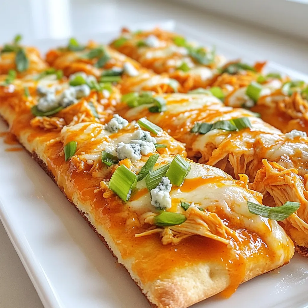 - 2 large flatbreads or naan - 1 cup cooked chicken, shredded - ½ cup buffalo sauce (adjust to taste) - 1 cup mozzarella cheese, shredded - ½ cup blue cheese, crumbled (optional) - ¼ cup green onions, sliced - 1 tablespoon olive oil - Salt and pepper to taste - Fresh cilantro for garnish (optional) Creating Buffalo chicken flatbread is simple and fun. You need just a few key ingredients. First, choose your base. Flatbreads or naan work great. They provide a nice texture. Next, use cooked chicken. Shredded chicken is easy to mix with the sauce. I prefer using rotisserie chicken for speed. Buffalo sauce is key to this dish. It gives the flatbread its signature kick. Adjust the amount based on your taste. Add more for extra heat! Mozzarella cheese adds creaminess. It melts beautifully and ties the dish together. Blue cheese is optional but adds a nice tang. If you like bold flavors, use it! Green onions give a fresh crunch. Slice them thinly for easy topping. You will need olive oil to brush on the flatbreads. This helps them get crispy in the oven. Always season your dish with salt and pepper to enhance the flavors. Finally, you can garnish with fresh cilantro. It adds a pop of color and flavor. With these ingredients, you are ready to create a delicious Buffalo chicken flatbread! {{ingredient_image_1}} - Preheat your oven: Start by setting your oven to 450°F (230°C). This high heat helps the flatbread turn crispy and the cheese melt perfectly. - Combine chicken and buffalo sauce: In a mixing bowl, add 1 cup of shredded chicken. Pour in ½ cup of buffalo sauce. Mix well until the chicken is fully coated. You can add salt and pepper to taste. This step packs a punch of flavor. - Prepare the flatbreads: Take your 2 large flatbreads or naan. Lightly brush 1 tablespoon of olive oil on each flatbread. This helps them crisp up nicely while baking. Place the flatbreads on a baking sheet, ready for the next steps. - Distribute chicken mixture on flatbreads: Evenly spoon the buffalo chicken mixture over each flatbread. Make sure to cover them well so every bite has flavor. - Add cheese toppings: Sprinkle 1 cup of shredded mozzarella cheese over the chicken. If you love blue cheese, add ½ cup of crumbled blue cheese on top. This adds a rich and tangy flavor. - Bake and cool: Place the baking sheet in the oven. Bake for about 10 to 12 minutes. Keep an eye on it; you want the cheese bubbly and golden brown. Once done, take it out and let it cool for a few minutes before serving. - Garnish with green onions and cilantro: After cooling, scatter ¼ cup of sliced green onions on top. If you like, add fresh cilantro for a fresh touch. - How to slice and serve: Slice the flatbread into squares or wedges. Serve it warm, and enjoy the delicious blend of flavors! To achieve the perfect crispy flatbread, start by preheating your oven to 450°F (230°C). This high heat helps the flatbread get nice and crunchy. Brush olive oil on the flatbread before adding toppings. This adds flavor and helps it crisp up. Bake until the cheese is bubbly and golden brown. If you want to adjust spice levels with buffalo sauce, start small. Add just half a cup and mix it with the chicken. Taste the mixture before adding more sauce. You can always add more sauce later, but you can't take it out once it's in. Using rotisserie chicken can save you time. It’s already cooked and just needs shredding. This step cuts down your prep time a lot. You can also use pre-made sauces and flatbreads. This makes your cooking even quicker and easier, while still tasty. For pairings, serve buffalo chicken flatbread with celery sticks or carrot sticks. They add crunch and freshness. You can also dip them in ranch or blue cheese dressing for extra flavor. As for beverages, iced tea or a light lager beer pairs well. These drinks balance the heat of the buffalo sauce. Enjoy your meal! Pro Tips Use Homemade Buffalo Sauce: For a more personalized touch, try making your own buffalo sauce. This allows you to control the heat level and flavor profile to suit your taste. Experiment with Cheeses: While mozzarella is classic, feel free to mix in other cheeses like cheddar or pepper jack for added flavor and a kick of spice! Preheat the Baking Sheet: By placing your baking sheet in the oven while it preheats, you can create a crispier flatbread crust when you add the toppings. Garnish Just Before Serving: For the freshest taste, add green onions and cilantro right before serving. This keeps the herbs vibrant and enhances the dish's presentation. {{image_2}} You can change up your buffalo chicken flatbread with different toppings. - Additional cheese options: Try using pepper jack for a spicy kick or cheddar for a sharp flavor. Mixing cheeses can create a richer taste. - Veggie add-ins: Add sliced bell peppers, mushrooms, or spinach for extra nutrients and color. These veggies pair nicely with the spicy chicken. If you're looking to lighten your meal, there are easy swaps. - Low-calorie substitutes: Use low-fat cheese or Greek yogurt instead of blue cheese. You can also replace the buffalo sauce with a low-calorie version. - Gluten-free options: Use gluten-free flatbreads or cauliflower crust for a tasty alternative. This option fits well for those with gluten intolerance. The type of flatbread can change your dish's taste and texture. - Whole wheat or pita bread: Whole wheat flatbreads add fiber and a nutty flavor. Pita bread offers a softer base and is easy to find. - Homemade vs. store-bought: Making flatbread at home allows for customization. However, store-bought options are great for quick meals. Just pick the one that fits your time and taste! To keep your buffalo chicken flatbread fresh, store it in an airtight container. This helps maintain moisture and flavor. You can also wrap it tightly in plastic wrap. Keep it in the fridge for best results. When you want to reheat, preheat your oven to 350°F (175°C). Place the flatbread on a baking sheet and heat for about 5-10 minutes. This keeps it crispy. Avoid using the microwave, as it can make the flatbread soggy. Yes, you can freeze buffalo chicken flatbread! First, let it cool completely. Then, wrap each piece in plastic wrap and place them in a freezer bag. Remove as much air as possible. This prevents freezer burn. To thaw, move it to the fridge overnight. Then, reheat in the oven as mentioned before. In the fridge, buffalo chicken flatbread lasts about 3-4 days. Make sure to check for any signs of spoilage. If the flatbread feels slimy or has an off smell, it’s time to toss it. Always trust your senses. Keeping an eye on freshness helps you enjoy your flatbreads at their best! What is buffalo chicken flatbread? Buffalo chicken flatbread is a tasty dish made with flatbread topped with spicy chicken. It usually features a mix of buffalo sauce, cheese, and other toppings. This dish combines bold flavors with a crunchy base. Can I make it ahead of time? Yes, you can prepare buffalo chicken flatbread ahead of time. Just cook the chicken and mix it with buffalo sauce. Store this mixture in the fridge. When ready to serve, assemble the flatbreads and bake them. What's the best buffalo sauce to use? The best buffalo sauce depends on your taste. I recommend a medium heat sauce for a good balance. Brands like Frank's RedHot or Texas Pete are popular choices. Feel free to try different sauces to find your favorite. Where can I find buffalo chicken flatbread? You can find buffalo chicken flatbread at many casual dining spots and pizza places. Check local restaurants or pizzerias that serve innovative dishes. Some may even offer it as a special. Popular restaurants offering this dish Chain restaurants like Buffalo Wild Wings and Domino's often serve buffalo chicken flatbread. Many local pubs and eateries may also have their unique take on this dish. Always ask for recommendations from friends or use food apps to find nearby options. Can I make it vegetarian? Yes, you can make a vegetarian version of buffalo chicken flatbread. Replace the chicken with roasted cauliflower or chickpeas for a hearty option. Use the same buffalo sauce for that spicy kick. What pairings go well with buffalo chicken flatbread? Buffalo chicken flatbread pairs well with fresh veggies, like carrot sticks and celery. You can also serve it with a cooling dip, like ranch or blue cheese dressing. For drinks, try a light beer or a refreshing soda. Buffalo chicken flatbread is simple and fun to make. We covered what you need, from the chicken to the cheese. I gave clear steps for preparing and baking your dish. Tips on cooking and serving help you maximize flavor. Variations let you get creative, and storage info ensures you keep your leftovers fresh. Try this dish for a tasty meal, perfect for any time. Enjoy your cooking!
