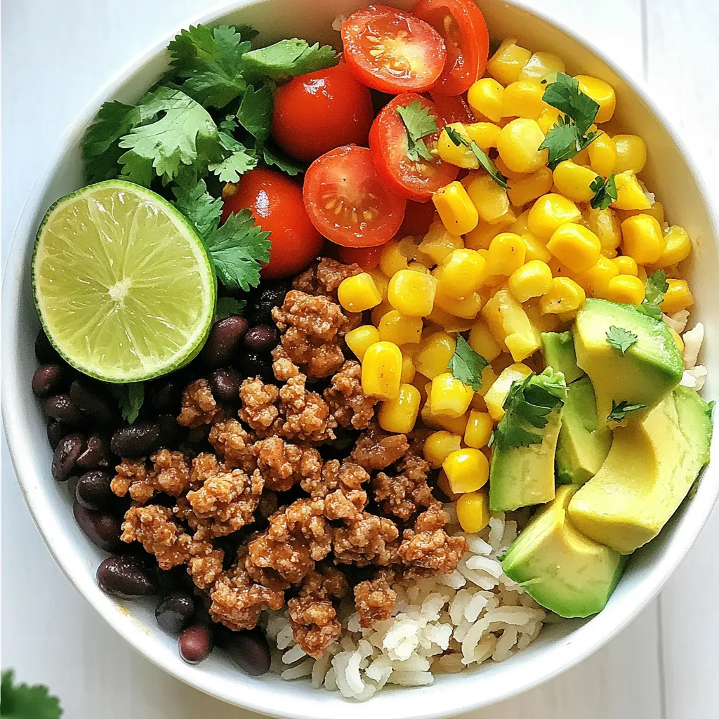 - 1 lb ground turkey - 2 cups cooked brown rice or quinoa - 1 small onion, chopped - 2 cloves garlic, minced - 1 cup cherry tomatoes, halved - 1 avocado, diced - Fresh cilantro, chopped - 1 tablespoon chili powder - 1 teaspoon cumin - 1 teaspoon smoked paprika - 1 tablespoon olive oil - Salt and pepper to taste In this healthy turkey taco bowl, I focus on fresh, wholesome ingredients. Ground turkey offers lean protein, while brown rice or quinoa adds fiber and nutrients. The chopped onion and minced garlic bring depth to the dish. I love using cherry tomatoes for their sweetness and color. Avocado adds creaminess and healthy fats, making the bowl satisfying. Fresh cilantro gives it a bright finish. For seasoning, I use chili powder, cumin, and smoked paprika. These spices create warmth and flavor. I cook everything in olive oil, which is a heart-healthy choice. Salt and pepper enhance the taste, making each bite enjoyable. This combination makes a nutritious and flavorful meal. You’ll love how easy it is to pull together! {{ingredient_image_1}} 1. Heat 1 tablespoon of olive oil in a large skillet over medium heat. 2. Add 1 small chopped onion. Sauté for about 3-4 minutes until soft. 3. Add 2 minced garlic cloves. Cook for 1 more minute until it smells great. 4. Increase the heat to medium-high. Add 1 pound of ground turkey. 5. Cook for 5-7 minutes, breaking it apart until it is browned and cooked. 6. Stir in 1 tablespoon of chili powder, 1 teaspoon of cumin, and 1 teaspoon of smoked paprika. 7. Season with salt and pepper to taste. Mix well so the turkey is coated with spices. 1. Mix in 1 cup of black beans, rinsed and drained. 2. Add 1 cup of corn (fresh, frozen, or canned). 3. Stir everything together. Heat for another 3-4 minutes until it is warm throughout. 1. In a serving bowl, layer 2 cups of cooked brown rice or quinoa as the base. 2. Top it with the turkey mixture. Add 1 cup of halved cherry tomatoes and 1 diced avocado. 3. Garnish with fresh cilantro. Serve with lime wedges on the side for a zesty kick. To make your turkey taco bowl shine, start by sautéing the onion and garlic. Heat the olive oil in a large skillet over medium heat. Add the chopped onion and cook for 3 to 4 minutes. This softens the onion and builds flavor. Next, add the minced garlic and cook for just one more minute. This step brings out the garlic's fragrance. To get a perfectly browned turkey, increase the heat to medium-high. Add the ground turkey to the skillet. Cook for 5 to 7 minutes, breaking it up with a spoon. Make sure it cooks all the way through. The turkey should turn a nice golden color. This browning adds depth to your dish. When serving your taco bowl, think about how it looks. Use colorful bowls to make it pop. Layer your ingredients in sections. For example, place the rice at the bottom, followed by the turkey, beans, corn, and then the tomatoes and avocado. This creates a vibrant look. Garnishing makes a big difference too! Sprinkle fresh cilantro on top for color. Serve lime wedges on the side. A squeeze of lime adds a fresh twist that brightens the flavors. To kick up the flavor, consider adding a pinch of cayenne pepper or some onion powder. These spices can add a nice kick without overpowering the dish. You might also try paprika or taco seasoning for extra depth. For sauces, I recommend serving with salsa or a dollop of Greek yogurt. This adds creaminess and a touch of tang. You can also use hot sauce if you love heat. Each addition can make your taco bowl unique! Pro Tips Use Lean Turkey: Opt for lean ground turkey to keep the dish healthy while still delivering great flavor. Spice it Up: Adjust the amount of chili powder based on your spice tolerance for a customized heat level. Fresh Ingredients: Use fresh produce when possible, especially for the tomatoes and avocados, to enhance taste and nutrition. Meal Prep Friendly: Prepare a larger batch and store leftovers in the fridge for quick meals throughout the week. {{image_2}} You can easily swap out ground turkey for other meats. Try ground chicken, beef, or even tofu for a plant-based option. Each choice adds a different flavor and texture. For grains, consider using cauliflower rice instead of brown rice or quinoa. Cauliflower rice is low in carbs and adds a nice crunch. It cooks quickly, making it a great choice for busy nights. Change up the spices to create your perfect taco bowl. Instead of chili powder, use taco seasoning for more heat. You can also try adding smoked chipotle for a smoky kick. Feel free to include seasonal vegetables, too! Bell peppers, zucchini, or even sweet potatoes can boost flavor and nutrition. You can roast them or sauté them with the turkey for added depth. To make this meal low-carb, skip the rice and use lettuce leaves. This creates a fresh base for your turkey mix. You can also add more veggies to fill you up. For gluten-free or dairy-free options, make sure your spices and toppings fit your needs. Use gluten-free grains and skip cheese if you're dairy-free. This way, you can still enjoy a delicious meal that meets your dietary needs. To keep your Healthy Turkey Taco Bowl fresh, use airtight containers. Store the leftover taco bowl in the fridge. It will stay good for about three to four days. If you want to save it longer, you can freeze it. Just make sure to separate the grains from the turkey mixture. This helps maintain the texture. Use freezer-safe bags or containers to prevent freezer burn. For the best taste, reheat your taco bowl gently. You can use the microwave or stovetop. If using the microwave, place it in a bowl and cover it. Heat it for 1-2 minutes until warm. Stir halfway through for even heating. For stovetop, add a little olive oil to a pan. Heat on medium until warm, stirring often. This method keeps the flavors bright. Consume your leftovers within four days when stored in the fridge. If frozen, they can last up to three months. Always check for spoilage before eating. Signs include a sour smell, changes in color, or a slimy texture. If you notice any of these, it's best to toss it out. Keeping track of how long your food lasts ensures you enjoy it safely. You can enjoy many side dishes with a turkey taco bowl. Here are some great choices: - Spanish rice: This adds a nice flavor. - Guacamole: It brings creamy goodness. - Salsa: Fresh salsa adds a tasty kick. - Chips: Tortilla chips are fun to crunch. - Salad: A light salad can balance the meal. Yes, you can switch proteins easily. Here are some options: - Chicken: Use ground chicken for a leaner choice. - Beef: Ground beef gives a rich flavor. - Turkey sausage: This adds spice and zest. - Meat alternatives: Try lentils or plant-based meat for a vegan option. To make the taco bowl friendly for kids, try these tips: - Mild spices: Cut back on chili powder and cumin. - Add cheese: Sprinkle shredded cheese on top for extra flavor. - Serve separately: Let kids build their own bowls. - Use fun toppings: Add colorful veggies they like. Yes, this taco bowl is great for meal prep. Here’s how: - Cook in bulk: Make a large batch of the turkey mix. - Store separately: Keep the rice or quinoa and toppings apart to stay fresh. - Reheat easily: Use a microwave or stovetop to warm up. - Lasts well: Store in the fridge for up to four days. This blog post covered a delicious turkey taco bowl recipe. You learned about the key ingredients, from the main protein and grains to spices and toppings. The step-by-step instructions made cooking simple and enjoyable. We also discussed tips for cooking, presentation, flavor enhancements, and healthy variations. Remember, storing and reheating your leftovers properly can make meals last longer. Keep experimenting with flavors and ingredients to make this dish your own. Enjoy your cooking journey with this tasty and versatile recipe!