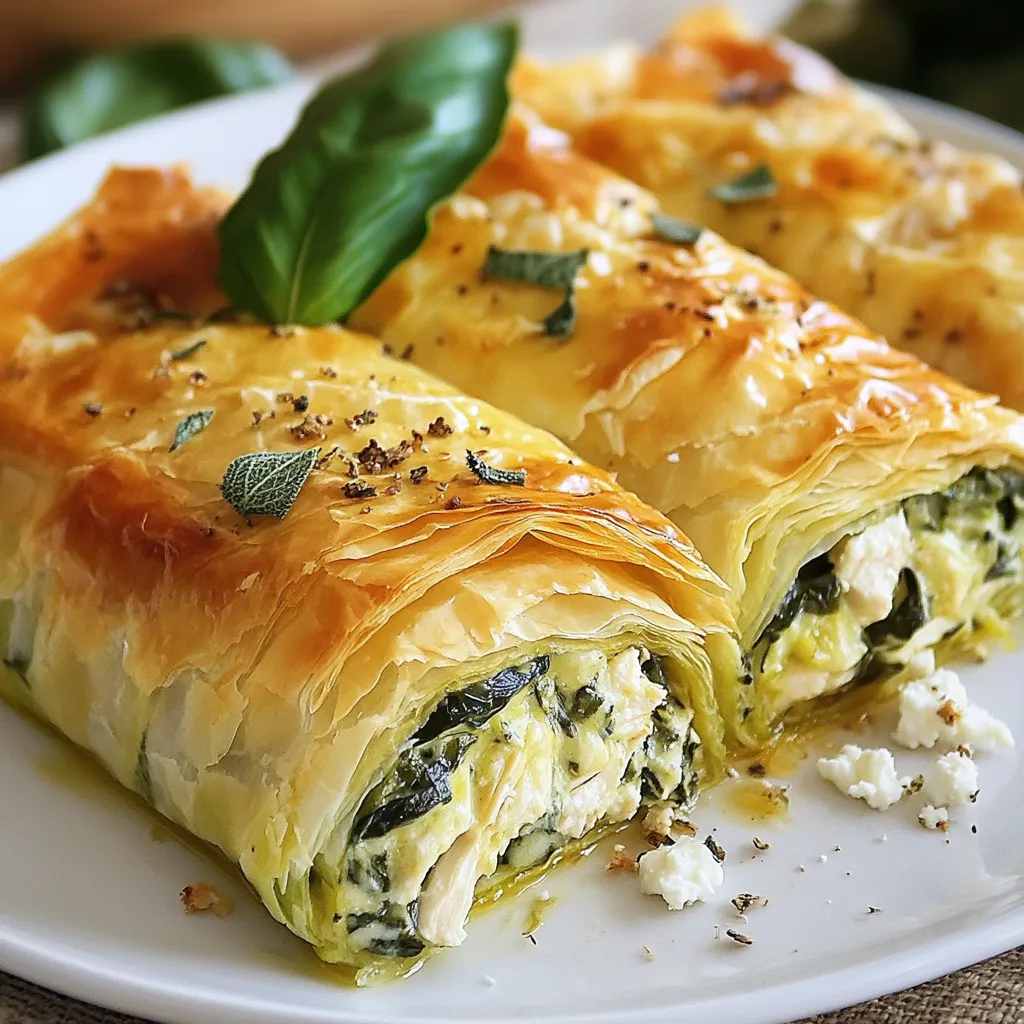 To make the Chicken Spinach Filo Pie, you will need: - 2 cups cooked chicken, shredded - 2 cups fresh spinach, roughly chopped - 1 cup ricotta cheese - 1 cup feta cheese, crumbled - 1 medium onion, finely chopped - 2 cloves garlic, minced - 1 teaspoon nutmeg - 1 teaspoon salt - ½ teaspoon black pepper - 10 sheets of filo pastry - ½ cup melted butter (for brushing) - 1 egg, beaten (for egg wash) These ingredients blend together to create a tasty pie. The chicken adds protein, while the spinach provides vitamins. The cheeses give the pie a creamy texture. You can swap some ingredients if you want. Here are a few ideas: - Use cooked turkey instead of chicken for a different flavor. - Try cottage cheese if you don’t have ricotta. - Use goat cheese instead of feta for a tangy taste. - Any leafy greens can replace spinach, like kale or Swiss chard. - If you need a gluten-free option, look for gluten-free filo pastry. These swaps can fit your taste or dietary needs. This Chicken Spinach Filo Pie serves about 4-6 people. Each serving provides: - Calories: Approximately 350 - Protein: 24g - Fat: 20g - Carbohydrates: 24g - Fiber: 2g This dish is rich in protein and has a good amount of healthy fats. It can be part of a balanced meal. Enjoy this pie as a comforting dinner option! {{ingredient_image_1}} Start with all your ingredients ready. This makes cooking much easier and faster. Chop the onion and garlic finely. This way, they blend well with the other flavors. Roughly chop the spinach but not too small. You want some texture in the pie. Shred the cooked chicken into small pieces so it mixes well. First, preheat your oven to 375°F (190°C). In a large skillet, heat some olive oil over medium heat. Add the chopped onion and garlic. Cook them for about 5 minutes until the onion turns clear. Then, toss in the chopped spinach. Cook until it wilts, which takes about 3 minutes. After that, remove the skillet from the heat and let it cool a bit. In a mixing bowl, combine the shredded chicken, ricotta cheese, crumbled feta cheese, and the cooked spinach mix. Add nutmeg, salt, and black pepper. Stir well until everything blends nicely. Next, take one sheet of filo pastry and lay it flat on a clean surface. Brush it lightly with melted butter. Place another sheet on top, repeating this until you have 5 layers. Spoon the chicken and spinach mix along one edge. Shape it into a log and roll it up tightly. Fold the sides over the filling as you roll. Once done, place the rolled pies seam-side down on a baking tray lined with parchment paper. Brush the tops with beaten egg. This gives them a nice golden color. Bake in the oven for 25-30 minutes until they are golden brown and crispy. After baking, let them cool for a few minutes before slicing. Enjoy your delicious Chicken Spinach Filo Pie! Filo pastry can be tricky. It dries out fast. Keep your sheets covered with a damp cloth while you work. This keeps them moist and easy to handle. Always work on a clean, dry surface. Gently layer each sheet and brush with melted butter. This adds flavor and helps create that perfect crunch. To get that golden crunch, brush each layer of pastry well with butter. Use enough butter but don’t drown it. This oil helps the layers separate and crisp up nicely. Bake your pie until it turns golden brown. This usually takes about 25-30 minutes. Watch your pie closely at the end. It can brown quickly. This pie pairs well with a simple side salad. A mix of greens with a light dressing works best. You can also serve it with yogurt or tzatziki. These add a nice creaminess to the dish. For a festive touch, sprinkle fresh herbs on top before serving. Enjoy your delicious Chicken Spinach Filo Pie warm for the best flavor! Pro Tips Use Fresh Spinach: Fresh spinach provides a vibrant flavor and texture that frozen spinach cannot replicate. If you do use frozen, make sure to thaw and drain it thoroughly to avoid excess moisture. Layering Filo Pastry: For the best results, make sure to brush each layer of filo with melted butter to create a crispy and flaky texture. Don’t skip this step! Cool Filling Before Wrapping: Allow the filling mixture to cool slightly before wrapping in filo. This prevents the pastry from becoming soggy and helps maintain a crispy finish. Check for Doneness: Keep an eye on the pies towards the end of baking. Every oven is different; you want a deep golden brown color and a crispy texture, which indicates they are done. {{image_2}} You can change the chicken in this dish. Use cooked turkey for a twist. If you want more flavor, add cooked bacon or ham. For a spicy kick, try shredded rotisserie chicken with spices. You can also use leftover chicken from other meals. This pie is all about using what you have. If you want a vegetarian dish, skip the chicken. Instead, use more spinach or add mushrooms. You can add chopped bell peppers for crunch. Another option is artichokes or zucchini. These veggies give great taste and texture. You can keep the ricotta and feta for creaminess. Spice things up with herbs and spices. Add fresh basil or dill for a fresh taste. You can also try sun-dried tomatoes for a savory kick. If you like heat, add red pepper flakes or jalapeños. For a touch of sweetness, some caramelized onions work well too. Mix and match to find your favorite flavor! You can store leftovers in an airtight container. Make sure to let the pie cool first. Place it in the fridge. It will stay fresh for up to three days. If you want to keep it longer, consider freezing it. To reheat, preheat your oven to 350°F (175°C). Place the pie on a baking sheet. Cover it with foil to keep it moist. Bake for about 15-20 minutes. Check to see if it is heated through. You can also use a microwave, but the crust may get soggy. To freeze, wrap the cooled pie tightly in plastic wrap. Then, wrap it in aluminum foil for extra protection. Label and date the package. You can freeze it for up to three months. When ready to eat, thaw it in the fridge overnight before reheating. You can serve this pie with a fresh salad. A light green salad adds crunch. You might also enjoy it with a side of roasted veggies. Roasted carrots or zucchini can balance the flavors. A yogurt sauce pairs well, too. It adds a creamy texture that complements the pie. Yes, you can prepare it ahead. Make the filling and fill the pastry. Then, cover it and chill in the fridge. Bake it when you're ready to serve. This way, you save time on busy days. Just remember, fresh is best, so enjoy it soon after baking. Look for a golden brown color on the filo. It should be crispy and flaky. You can also check the filling. It should be hot and bubbly inside. A food thermometer can help; the center should be at least 165°F (74°C). If it meets these signs, it’s ready to enjoy! This blog post detailed how to create a tasty Chicken Spinach Filo Pie. We covered key ingredients, useful substitutions, and helpful nutritional facts. You learned step-by-step instructions, including cooking tips and serving ideas. We also explored variations for different diets and preferences. Plus, we provided storage tips to keep your leftovers fresh. Remember, cooking is about fun and creativity. With these tips, you can make this dish your own and impress everyone at the table. Enjoy your cooking adventure!