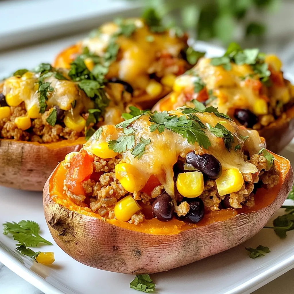 To make Turkey Stuffed Sweet Potatoes, gather these items: - 4 medium sweet potatoes - 1 pound ground turkey - 1 small onion, finely chopped - 2 cloves garlic, minced - 1 teaspoon ground cumin - 1 teaspoon smoked paprika - ½ teaspoon chili powder - 1 cup black beans, rinsed and drained - 1 cup corn (fresh or frozen) - 1 cup diced tomatoes (canned or fresh) - ½ cup shredded cheese (cheddar or Monterey Jack) - Salt and pepper to taste - 2 tablespoons olive oil - Fresh cilantro, chopped (for garnish) These ingredients create a tasty, healthy meal. Each item adds flavor and nutrition. You can switch some ingredients based on what you have. Here are a few ideas: - Use ground chicken or beef instead of turkey. - Swap black beans for kidney beans or pinto beans. - If you don’t have sweet potatoes, try using regular potatoes. - For cheese, any melting cheese works well. - Fresh herbs can replace cilantro; try parsley or green onions. These swaps keep the dish delicious and flexible for your taste. This dish is not just tasty; it is also good for you. Here is a quick look at the nutrition: - Sweet potatoes are high in fiber and vitamins. - Ground turkey is a lean protein source. - Black beans add more protein and fiber. - Corn brings some natural sweetness and nutrients. - Cheese gives calcium but can add fat, so use it sparingly. Overall, Turkey Stuffed Sweet Potatoes offer a balanced meal filled with flavor and nutrients. {{ingredient_image_1}} Start by washing the sweet potatoes well. This step is important to remove dirt. Use a fork to prick them a few times. This helps steam escape while they bake. Place the sweet potatoes on a baking sheet. Bake them in a preheated oven at 400°F for 45 to 60 minutes. They are done when you can easily pierce them with a knife. While the sweet potatoes bake, heat two tablespoons of olive oil in a large skillet over medium heat. Add one small onion, finely chopped, and two minced garlic cloves. Cook for about three to four minutes, until the onion is soft and clear. Then, add one pound of ground turkey. Break it apart with a spatula, and cook until it's browned. This should take about seven to ten minutes. Next, stir in one teaspoon of ground cumin, one teaspoon of smoked paprika, and half a teaspoon of chili powder. Don’t forget to add salt and pepper to taste. Mix well. Finally, add one cup of rinsed black beans, one cup of corn, and one cup of diced tomatoes. Stir everything together, and let it simmer for five minutes. Once the sweet potatoes are baked, take them out of the oven. Let them cool a bit so you can handle them. Carefully cut each sweet potato in half lengthwise. Scoop out a little bit of the flesh to make room for the filling. Stuff each half with the turkey mixture, packing it in well. Top with half a cup of shredded cheese. Place the stuffed sweet potatoes back in the oven for an extra ten minutes. They are ready when the cheese is melted and bubbly. Before serving, sprinkle fresh, chopped cilantro on top for a nice finish. Enjoy your tasty and healthy dish! To cook sweet potatoes well, start by washing them. Use a fork to poke holes in them. This helps steam escape. Bake them at 400°F (200°C) for 45-60 minutes. They should be tender when you poke them with a knife. If you want a quicker method, try microwaving them. Cook them for 8-10 minutes, flipping halfway through. Check for doneness by squeezing gently. They should feel soft. When cooking turkey, use lean ground turkey for less fat. In a skillet, heat olive oil over medium heat. Add chopped onion and minced garlic first. Cook until the onion is clear. Next, add the turkey and break it apart. Cook until it turns brown. This usually takes about 7-10 minutes. Season the turkey with cumin, smoked paprika, and chili powder. Make sure to mix well. This adds flavor and depth to your dish. For toppings, shredded cheese is a must. Cheddar or Monterey Jack works well. Add cheese on top of the stuffed sweet potatoes before baking them again. Fresh cilantro adds brightness. Sprinkle it on right before serving. You can also try avocado or sour cream for creaminess. If you want a spicy kick, add jalapeños or hot sauce. These toppings make your dish even more delicious and fun! Pro Tips Choose the Right Sweet Potatoes: Look for sweet potatoes that are firm and free from bruises or blemishes. This ensures you get the best flavor and texture. Spice It Up: Adjust the spices to your taste. If you like it spicier, consider adding diced jalapeños or a dash of hot sauce to the turkey mixture. Cheese Alternatives: Experiment with different types of cheese for topping. Feta or pepper jack can add a unique twist to the dish! Meal Prep Friendly: Make the turkey mixture ahead of time and store it in the fridge. Just stuff the sweet potatoes and bake when you're ready to serve. {{image_2}} For a tasty vegetarian option, swap the turkey for plant-based meat. Ground tempeh or lentils work well. Both options add protein and flavor. You can also use quinoa for a healthy twist. Add the same spices to enhance the taste. This way, the dish stays filling and nutritious. You can easily change the flavor of this dish. Try adding different spices like oregano or cayenne pepper for heat. You could also mix in some chopped bell peppers or zucchini for more veggies. If you like a smoky taste, add smoked paprika or chipotle powder. These small changes can give your stuffed sweet potatoes a new life. Cheese adds a creamy touch. While cheddar or Monterey Jack are classic choices, feel free to explore. Feta or goat cheese can add a nice tangy flavor. Vegan cheese is also an option if you prefer dairy-free. Just pick what you love and sprinkle it on top before baking. This will make your stuffed sweet potatoes even more delicious. To store leftover turkey stuffed sweet potatoes, let them cool first. Place them in an airtight container. You can keep them in the fridge for up to three days. This keeps the sweet potatoes fresh and tasty. When you're ready to eat, reheat the sweet potatoes. You can use the oven or a microwave. If using an oven, set it to 350°F (175°C). Bake for about 15-20 minutes. If using a microwave, heat for 1-2 minutes. Check if it's warm all the way through. Freezing is a great option for meal prep. First, let the stuffed sweet potatoes cool completely. Wrap each one in plastic wrap. Then, place them in a freezer-safe bag or container. They can last up to three months in the freezer. To reheat, thaw overnight in the fridge before following the reheating instructions. This way, you have a quick and healthy meal ready to go! Yes, you can use other meats. Ground chicken or beef works great too. You might try pork for a different taste. Just ensure you cook each type of meat until it's fully done. Each meat adds its own flavor to the dish. The sweet potatoes are done when they feel soft. You can check by piercing them with a knife. If the knife goes in easily, they are ready. This usually takes about 45 to 60 minutes at 400°F. Keep an eye on them to avoid overcooking. You can serve many things with Turkey Stuffed Sweet Potatoes. A green salad adds freshness and crunch. You might enjoy a side of sautéed veggies for color. Rice or quinoa can make the meal more filling. Don't forget some salsa or guacamole for extra flavor! We explored the ingredients for stuffed sweet potatoes, including substitutions and nutrition. I provided clear steps to prep, cook, and assemble your dish. You also learned tips for perfect cooking and tasty variations. Lastly, we discussed storage and reheating to keep meals fresh. Stuffed sweet potatoes are easy and fun. Experiment with flavors and ingredients. You can enjoy this dish in many ways!