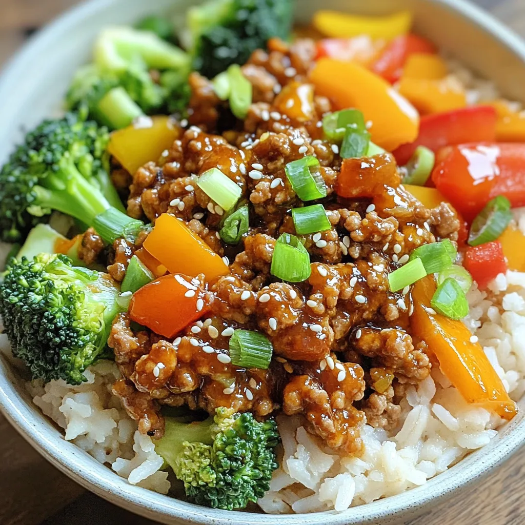 - 1 lb ground turkey - 2 tablespoons hot honey - 1 tablespoon olive oil - 1 red bell pepper, diced - 1 cup broccoli florets - 3 green onions, chopped - Sesame seeds for garnish - 2 cloves garlic, minced - 1 teaspoon grated ginger - 1 tablespoon soy sauce (or tamari for gluten-free) - 1 cup cooked brown rice (or quinoa) - Salt and pepper to taste This recipe starts with some key ingredients that make it shine. Ground turkey serves as the base protein, offering a lean option that cooks up quickly. Hot honey adds a sweet and spicy kick that elevates the dish. Olive oil is essential for sautéing, giving the turkey a nice, rich flavor. Next, we add colorful veggies. Diced red bell pepper brings sweetness, while broccoli florets add crunch and nutrition. Chopped green onions provide a fresh finish, and sesame seeds bring a nutty touch that enhances the overall experience. Don't forget the seasonings! Garlic and ginger create a fragrant base that wakes up your senses. Soy sauce adds umami, tying everything together. Finally, cooked brown rice or quinoa gives you a hearty base, while salt and pepper balance the flavors perfectly. This Hot Honey Ground Turkey Bowl combines these ingredients for a meal that is both easy and packed with flavor. Enjoy creating your bowl! {{ingredient_image_1}} First, heat the olive oil in a large skillet over medium heat. Add the minced garlic and grated ginger. Sauté these for about one minute until they smell great. Next, add the ground turkey to the skillet. Use a spatula to break it up. Cook for five to seven minutes. You want the turkey to brown and cook through. Now, stir in the hot honey and soy sauce. Mix well to coat the turkey evenly. This is where the magic happens. The hot honey adds sweetness and spice. Season with salt and pepper to your taste. Cook this for an additional two minutes. Let the flavors blend together nicely. In a separate pot, steam the broccoli florets for about four to five minutes. You want them to be tender but still bright green. In the last minute of cooking, add the diced red bell pepper to the turkey mixture. Cook until the bell pepper is slightly soft. This adds color and crunch to your bowl. Now, you’re ready to build your delicious Hot Honey Ground Turkey Bowl! You can adjust the hot honey amount to fit your taste. If you want more heat, add an extra tablespoon. If you prefer it milder, use less. Taste as you go to find the right balance. This lets you control the spice level for everyone at the table. For meal prep, store the turkey mixture in an airtight container. Keep the rice or quinoa separate to avoid sogginess. You can store everything in the fridge for up to four days. To reheat, use the microwave or a skillet. Add a splash of water to keep it moist. This way, your meal stays fresh and tasty. Seasoning is key to a great dish. Always taste your food as you cook. Adjust salt and pepper to enhance flavors. A bit of soy sauce adds depth, but don’t overdo it. The right balance makes all the difference. This ensures each bite is full of flavor and satisfaction. Pro Tips Use Fresh Ingredients: Fresh vegetables and quality ground turkey will enhance the flavor and nutritional value of your bowl. Adjust the Heat: If you prefer a milder dish, reduce the amount of hot honey or add a splash of lime juice for balance. Meal Prep Friendly: This recipe is great for meal prep! Cook a larger batch and store in the fridge for quick lunches throughout the week. Customize Your Bowl: Feel free to add other vegetables or toppings like avocado, corn, or a drizzle of sriracha for extra flavor! {{image_2}} You can swap ground turkey for chicken or tofu. If you choose chicken, use the same amount. Ground chicken cooks fast, just like turkey. For tofu, use extra-firm tofu. Crumble it up and cook it until golden. This adds a nice texture and flavor. Both options keep the bowl tasty and healthy. Feel free to add other veggies. Seasonal vegetables make the bowl fresh and colorful. Try adding spinach, zucchini, or carrots. These veggies cook quickly. They add crunch and nutrition. You can also use frozen vegetables if fresh ones aren’t available. Just make sure to adjust cooking time based on what you use. You can change the flavor with extra spices and sauces. Try adding chili flakes for more heat. A dash of lime juice brightens the dish too. You might like a splash of sesame oil for a nutty taste. Experiment with different sauces like sriracha or hoisin sauce. Each will give your bowl a new twist. To keep your Hot Honey Ground Turkey Bowl fresh, store leftovers in an airtight container. Place it in the fridge. It stays good for about 3 to 4 days. Make sure it cools down before sealing. This helps avoid steam buildup, which can make the food soggy. If you want to freeze your bowl, use a freezer-safe container. Let the dish cool completely first. Then, portion it out for easy meals later. You can freeze it for up to 2 months. Just remember to label the container with the date. This way, you’ll know when it needs to be eaten. When you're ready to enjoy your bowl again, there are a few good methods. For best results, you can reheat it in the microwave. Place it in a bowl and cover it loosely with a lid or a paper towel. Heat in 1-minute intervals, stirring in between. You can also use a skillet on low heat. Add a splash of water or broth to help steam it. This keeps the turkey moist and tasty! You can pair your bowl with some tasty sides. Here are a few ideas: - Steamed green beans - Roasted sweet potatoes - A fresh garden salad - Crispy wontons or rice chips These sides bring balance to your meal. They add crunch and freshness. You can mix and match based on what you like. Enjoy your meal with friends or family for a fun dinner. Yes, this recipe can be gluten-free! Just swap regular soy sauce for tamari. Tamari is made without wheat, so it’s safe for gluten-free diets. Always check labels on sauces and other ingredients. You can also serve it over quinoa instead of brown rice. Quinoa is naturally gluten-free. Make sure all your ingredients are labeled gluten-free for safety. Absolutely! You can try different sweeteners. Here are some options: - Maple syrup for a rich flavor - Agave nectar for a milder taste - Regular honey, if you don't mind the heat Each sweetener gives a unique twist to your bowl. Feel free to experiment! Adjust amounts based on your taste. This blog post walks you through a tasty hot honey ground turkey bowl. We covered the main ingredients, from ground turkey to fresh vegetables. You learned how to prepare and combine flavors while cooking. Plus, we shared tips for adjustments and meal prep. Final thoughts: This dish is versatile and easy to make. Explore different proteins, veggies, and flavors to suit your taste. Enjoy this healthy meal that’s both delicious and satisfying. Your kitchen will soon be filled with fantastic aromas!