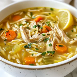 - Chicken and Vegetables - 1 lb boneless, skinless chicken breasts - 1 small onion, finely chopped - 2 cloves garlic, minced - 2 large carrots, diced - 2 stalks celery, diced - Broth and Pasta - 6 cups chicken broth - ½ cup orzo pasta - Seasonings and Garnish - 3 large eggs - ¼ cup fresh lemon juice (about 2 lemons) - 1 tablespoon lemon zest - 1 teaspoon dried oregano - Salt and pepper to taste - Fresh parsley, chopped (for garnish) In this dish, the chicken gives protein and heartiness. The onion, garlic, carrots, and celery add layers of flavor. Chicken broth serves as a rich base, while orzo pasta adds a nice texture. The lemon juice and zest bring bright notes. Oregano rounds out the flavors with its earthy taste. Using fresh parsley as a garnish not only looks good but adds freshness. Each ingredient plays a role in creating a warm, inviting bowl that comforts you on cool days. {{ingredient_image_1}} Heating the Base Start by heating a splash of olive oil in a large pot over medium heat. Add a small, finely chopped onion and sauté it until it turns translucent, about five minutes. This step builds a rich base for your soup. Adding Vegetables Next, add two minced garlic cloves, two diced carrots, and two diced celery stalks. Stir them occasionally for about three to four minutes. You want the veggies to soften but not lose their crunch. Cooking the Chicken and Orzo Now, pour in six cups of chicken broth and bring it to a boil. Once boiling, add one pound of boneless, skinless chicken breasts, half a cup of orzo pasta, one teaspoon of dried oregano, salt, and pepper. Cover the pot and let it simmer for 15 to 20 minutes until the chicken is fully cooked. Afterward, remove the chicken, shred it with two forks, and return it to the soup. Whisking the Eggs In a separate bowl, crack three large eggs and whisk them well. This will add richness to the soup. Tempering the Eggs To temper the eggs, slowly add a ladle of the hot soup into the bowl while whisking continuously. This step prevents the eggs from curdling. Once mixed, gradually stir the tempered egg mixture back into the soup. Add a quarter cup of fresh lemon juice and one tablespoon of lemon zest. Mix thoroughly to combine all the flavors. Combining Ingredients After combining all the ingredients, check the seasoning. Adjust with more salt and pepper if needed. Allow the soup to heat through for another two to three minutes, but do not let it boil. Adjusting Seasoning Tasting the soup is crucial. Make sure the balance of flavors is just right for you. Garnishing the Soup Serve the soup hot, garnished with freshly chopped parsley for a splash of color and added flavor. Enjoy your comforting bowl of Greek Lemon Chicken Soup! Choosing the Right Chicken Broth Use a good chicken broth. It makes all the difference. I prefer low-sodium broth for better control over salt. You can also make your own broth for a rich taste. Just simmer chicken bones and veggies for hours. Fresh vs. Dried Herbs Fresh herbs give a vibrant flavor. I often use fresh parsley for garnish. Dried herbs work well too. If you use dried, remember they are more potent. Use one-third the amount of dried herbs compared to fresh. Shredding Chicken Efficiently Once your chicken is cooked, remove it from the pot. Use two forks to shred the chicken quickly. This method makes it easy and fun! Shredded chicken mixes well with the soup and infuses flavor. Avoiding Curdled Eggs To keep the eggs smooth, temper them first. Slowly add hot soup to the whisked eggs while mixing. This step warms the eggs gently. Then stir the egg mixture back into the soup for a creamy texture. Garnishing Ideas A sprinkle of fresh parsley adds color and flavor. You can also add a slice of lemon on the side. It looks nice and gives an extra zing. Serving Suggestions Serve the soup hot in bowls. Pair it with crusty bread or a fresh salad. This makes a lovely meal that feels special. Enjoy your warm bowl of comfort! Pro Tips Choose Quality Chicken: Opt for organic or free-range chicken for better flavor and texture in your soup. Perfectly Cooked Orzo: Add the orzo towards the end of cooking to prevent it from becoming mushy. Fresh Lemon Juice: Use fresh lemon juice instead of bottled for a brighter, more vibrant flavor in the soup. Tempering the Eggs: Always temper the eggs gradually with hot soup to prevent curdling and ensure a creamy texture. {{image_2}} Vegetable Options You can change up the veggies in this soup. Try adding spinach or kale for greens. Zucchini can add a nice texture. Bell peppers can give it a sweet crunch. You can mix and match to your taste! Gluten-Free Alternatives If you need a gluten-free option, swap out orzo with rice or quinoa. Both will work well and keep the soup hearty. Just be mindful of cooking times, as rice may take longer. Traditional Greek Versions In Greece, you might find this soup made with lemon and egg, just like our recipe. Some regions add dill for extra flavor. Others use chicken thighs for a richer taste. Each area has its twist, keeping the dish fresh and exciting. Creative Twists on the Recipe Feel free to get creative! Some cooks add a hint of spice with red pepper flakes. Others might toss in roasted garlic for depth. You can even switch the chicken for chickpeas for a plant-based version! Pairing Suggestions Greek Lemon Chicken Soup pairs well with crusty bread or a fresh salad. A side of Greek salad adds a cool crunch. You can serve it with pita chips for a fun twist. Serving with Sides For a complete meal, consider serving it with stuffed grape leaves. They are a tasty addition and complement the soup well. This makes for a satisfying and balanced meal! - Refrigeration Tips: Let the soup cool down to room temperature. Then, pour it into a sealed container. Store it in the fridge for up to four days. Make sure it is airtight to keep the flavors fresh. - Freezing Instructions: For longer storage, freeze the soup. Use a freezer-safe container and leave space at the top for expansion. It can last for up to three months in the freezer. - Best Methods: The best way to reheat Greek lemon chicken soup is on the stove. Pour the soup into a pot and heat it over medium heat. Stir often to warm it evenly. You can also use a microwave. Heat in short bursts, stirring in between to avoid hot spots. - Avoiding Texture Change: When reheating, avoid boiling the soup. High heat can change the texture of the orzo and eggs. Heat until just warm enough to enjoy. - Recommended Storage Duration: In the fridge, eat the soup within four days. For frozen soup, try to eat it within three months for the best taste. - Signs of Spoilage: If you notice any off smell or strange color, it is best to throw it out. If the soup looks slimy or has an odd texture, do not eat it. Always trust your senses when it comes to food safety. Yes, you can use rotisserie chicken. It saves time and adds flavor. Just shred the meat and add it when you combine the chicken with the broth. This method cuts down on cooking time. It also gives you a rich, savory taste. To make this soup dairy-free, skip the eggs. Instead, use a vegan egg replacer. You can also add more lemon juice for a tangy flavor. Make sure your broth is dairy-free too. This keeps the soup light while still being tasty. You can serve this soup with crusty bread or a fresh salad. A simple Greek salad pairs well too, with tomatoes, cucumbers, and olives. This keeps the meal light and delicious. You might also enjoy a squeeze of lemon on the side. Yes, you can create a vegetarian version. Use vegetable broth instead of chicken broth. Replace the chicken with chickpeas or tofu for protein. Add more veggies like spinach or zucchini to enhance the flavor. This version is still filling and full of taste. This blog post outlined how to make a tasty Greek Lemon Chicken Soup. We covered key ingredients, step-by-step cooking methods, and helpful tips for flavor and presentation. I shared easy ways to store the soup and answered common questions. Ultimately, this soup is versatile and delightful. You can customize it to fit your taste. Try different vegetables or serving suggestions for a fun twist. Enjoy the comfort this recipe brings to your meals!