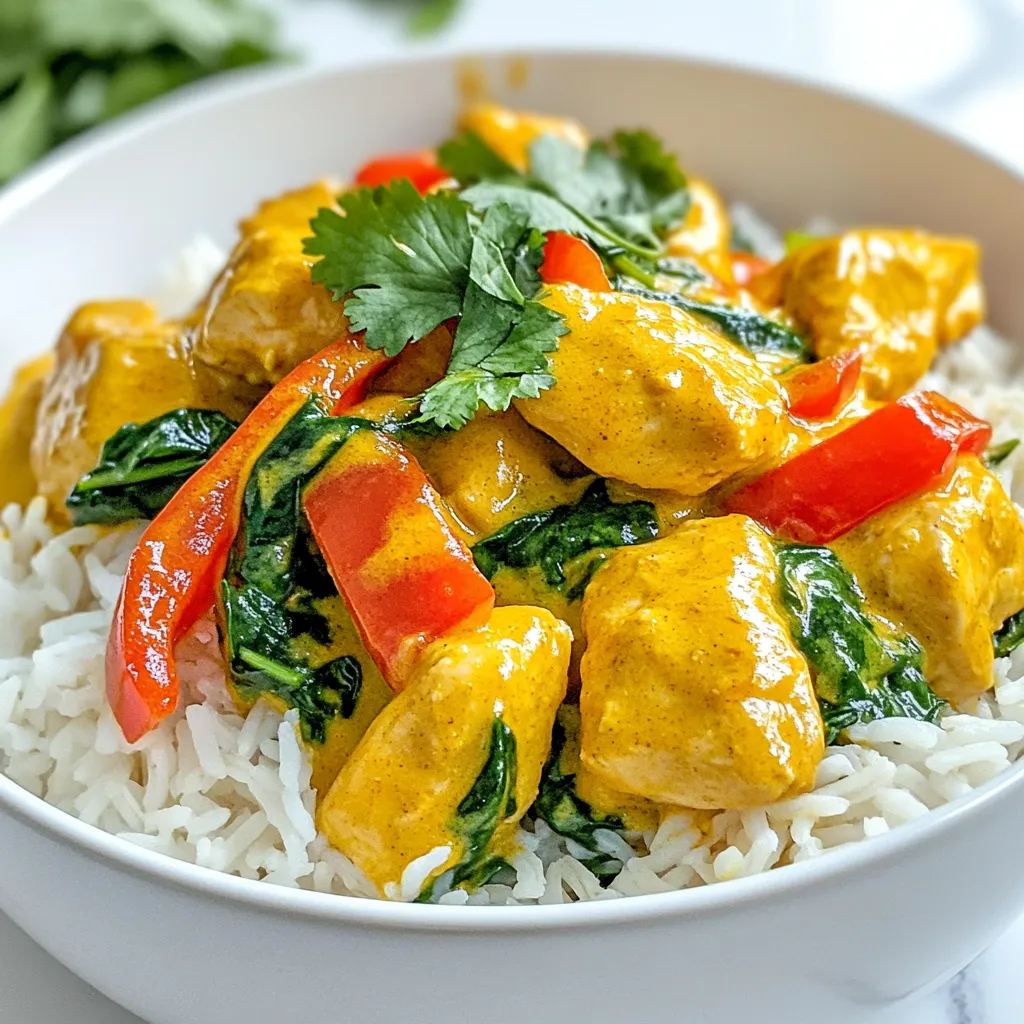 - 1 lb chicken breast, cut into bite-sized pieces - 1 can coconut milk (14 oz) - 2 tablespoons red curry paste - 1 medium onion, finely chopped - 2 cloves garlic, minced - 1 inch ginger, grated - 1 red bell pepper, sliced - 1 cup spinach leaves - 1 tablespoon fish sauce (or soy sauce) - 1 tablespoon brown sugar - Fresh cilantro, for garnish - Salt and pepper to taste In coconut chicken curry, the main ingredients create a rich and creamy base. The chicken breast provides protein, while the coconut milk adds a smooth texture. Red curry paste brings warmth and depth to the dish. Aromatics like onion, garlic, and ginger are essential. They add layers of flavor right from the start. The red bell pepper adds sweetness and color. Spinach brings freshness and nutrients, making the dish vibrant. For seasoning, fish sauce or soy sauce enhances the umami flavor. Brown sugar balances the heat from the curry. Fresh cilantro adds a bright finish, while salt and pepper adjust the taste. These ingredients make coconut chicken curry a simple yet flavorful delight. You can easily customize it based on what you have at home. {{ingredient_image_1}} 1. Start by heating the vegetable oil in a large skillet over medium heat. 2. Add the chopped onion and sauté it for 3-4 minutes. You want it translucent and soft. 3. Next, add the minced garlic and grated ginger. Cook them for 1-2 minutes until they smell great. 4. Now, increase the heat to medium-high. Add the chicken pieces to the pan. 5. Cook the chicken until it is browned on the outside, about 5-7 minutes. 1. Once the chicken is browned, stir in the red curry paste. Mix it well to coat the chicken. 2. Sauté for another 2 minutes. This helps the spices bloom and add depth to the dish. 3. Next, pour in the coconut milk. Bring the mixture to a gentle simmer. 1. Add the sliced red bell pepper and brown sugar to the pan. 2. If you like, you can include fish sauce or soy sauce for a vegetarian option. Stir well. 3. Let the curry simmer for about 10 minutes. This will cook the chicken fully and make it tender. 4. In the last few minutes, toss in the spinach leaves. Stir until they are just wilted. 5. Before serving, taste the curry and adjust the seasoning with salt and pepper as needed. To ensure chicken tenderness, cut the chicken breast into small pieces. This helps it cook evenly. When you sauté the chicken, make sure it gets a nice brown color. This adds flavor to the dish. Let the chicken cook without stirring too much. This way, it sears well. Balancing flavors is key to a great coconut chicken curry. The red curry paste brings heat, while coconut milk adds creaminess. Use fish sauce or soy sauce to enhance the savory taste. Add brown sugar for a touch of sweetness. Taste as you cook. Adjust salt and pepper to match your preference. Serve your coconut chicken curry over fluffy jasmine rice. The rice soaks up the yummy sauce. Use a large spoon to pile the curry on the rice. It looks inviting and delicious. For garnishing, sprinkle fresh cilantro on top. This adds a bright green color. You can also add lime wedges. The zest from lime makes each bite refreshing and tasty. If you want to make this dish ahead of time, it's easy! Cook the curry and let it cool down. Store it in an airtight container in the fridge. It will stay fresh for about 3 days. When you reheat, do it on the stove. This method keeps the texture nice. Add a splash of water if it seems thick. Stir well until it's hot. You can also use the microwave, but check it often to avoid overcooking. Pro Tips Marinate the Chicken: For even more flavor, marinate the chicken pieces in a bit of coconut milk and curry paste for at least 30 minutes before cooking. Adjust Spice Level: If you prefer a spicier curry, add extra red curry paste or some sliced fresh chili peppers when cooking. Vegetable Variations: Feel free to mix in or substitute other vegetables like carrots, zucchini, or peas for added nutrition and color. Leftover Storage: Store any leftovers in an airtight container in the fridge for up to 3 days. Reheat gently on the stove for best results. {{image_2}} You can easily make coconut chicken curry vegetarian. Just swap the chicken for tofu. Tofu absorbs flavors well and gives a nice texture. For the sauce, replace fish sauce with soy sauce. This keeps the savory taste while making it plant-based. You still get great flavor and satisfaction. Do you like it mild or spicy? You can adjust the heat by adding less or more red curry paste. For a kick, try adding some chili flakes. Adding extra vegetables boosts nutrition. You can toss in carrots, peas, or even broccoli. These veggies add crunch and color to your dish. Want to enhance the taste? Experiment with herbs like basil or cilantro. These add freshness and depth to your curry. You can also pair your curry with different rice or noodles. Jasmine rice is classic, but brown rice or rice noodles work well too. The right pairing makes every bite delightful. To store your coconut chicken curry, let it cool first. Then, place it in an airtight container. This helps keep it fresh. Refrigerate the curry within two hours of cooking. It will last for up to four days in the fridge. If you want to save it for later, freezing is a great option. Put the curry into a freezer-safe container. Make sure to leave some space at the top, as the curry may expand. You can freeze it for up to three months. When reheating, you want to keep the flavors bright. The best way is to use the stovetop. Pour the curry into a saucepan. Heat it over medium heat, stirring often. This helps maintain the texture and taste. If you're in a hurry, you can use the microwave. Place the curry in a microwave-safe bowl. Cover with a lid or microwave-safe wrap. Heat in short bursts, stirring in between. This way, it heats evenly. Coconut chicken curry lasts for four days in the fridge. If you freeze it, it can last for three months. Always check for any signs of spoilage before eating. If it smells off or looks strange, it's best to throw it away. Enjoy your delicious coconut chicken curry without worry! You can use several proteins instead of chicken. Consider these options: - Tofu: Use firm tofu, cut into cubes. Cook for about 8-10 minutes. - Shrimp: Add shrimp towards the end. Cook for 3-5 minutes, until pink. - Chickpeas: Use canned chickpeas, drained. Add them for 10 minutes to warm. - Pork: Thinly slice pork tenderloin. Cook for 8-10 minutes until browned. These choices give you varied flavors and textures, while keeping the dish tasty. Yes, you can prepare coconut chicken curry in advance. Here’s how: - Cook and cool: Make the curry, then cool it quickly. - Store: Place it in an airtight container. Refrigerate for up to 3 days. - Freeze: For longer storage, freeze it for up to 3 months. When you reheat, warm it gently on the stove. Add a bit of water if it’s too thick. Coconut chicken curry pairs well with many dishes. Here are some great suggestions: - Rice: Steamed jasmine rice is perfect. It soaks up the curry sauce well. - Naan: Soft naan bread is great for dipping. - Salad: A fresh cucumber salad adds crunch and coolness. - Beverages: Enjoy with iced tea or coconut water for a tropical feel. These sides and drinks enhance the meal and balance the rich flavors. In this post, we explored making coconut chicken curry. We covered essential ingredients like chicken breast and coconut milk, aromatics, and seasonings. I explained the step-by-step process, along with helpful cooking and presentation tips. You learned about variations, storage, and common questions. Coconut chicken curry is versatile and can suit your tastes. I hope you try it and enjoy the flavors. Happy cooking!