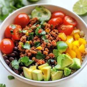 For these tasty power bowls, you need: - 1 lb ground chicken - 1 cup quinoa - 2 cups chicken broth (or water) - 1 cup cherry tomatoes, halved - 1 large avocado, diced - 1 cup black beans, drained and rinsed - 1 bell pepper, diced (red or yellow) - 1 teaspoon cumin - 1 teaspoon smoked paprika - 1 tablespoon olive oil - Salt and pepper to taste Each ingredient adds flavor and nutrition. Ground chicken is lean and packed with protein. Quinoa is a healthy grain rich in fiber. Cherry tomatoes give a sweet burst, while avocado adds creaminess. Black beans are full of nutrients, and bell peppers add crunch. You can make your bowls even better with these toppings: - Fresh cilantro for garnish - Lime wedges for serving Cilantro brightens the dish with fresh flavor. Lime juice adds a zesty kick that enhances all the flavors. This meal is not only delicious but also nutritious. Ground chicken provides protein, which helps build muscle. Quinoa offers complex carbs for energy and fiber for digestion. Avocado gives healthy fats that keep you full. Black beans add more protein and fiber, making this bowl a well-rounded meal. With colorful veggies, you get vitamins and minerals to boost your health. This bowl is a smart choice for a quick, healthy meal. {{ingredient_image_1}} Start by rinsing the quinoa. Place it in a fine mesh strainer and run cold water over it. This step cleans the quinoa and removes any bitter taste. Next, take a medium saucepan and add the rinsed quinoa and chicken broth or water. Bring this mixture to a boil over high heat. Once boiling, reduce the heat to low. Cover the saucepan and let it simmer for 15 to 20 minutes. In this time, the quinoa will absorb the liquid and become fluffy. After cooking, take it off the heat and let it sit covered for 5 more minutes. Finally, use a fork to fluff the quinoa before serving. While the quinoa cooks, grab a large skillet and heat olive oil over medium heat. Once the oil is hot, add the ground chicken. Cook it for about 5 to 7 minutes. As it cooks, break it apart with a spatula. You want to cook it until it turns white and no longer pink. After that, season the chicken with cumin, smoked paprika, salt, and pepper. Stir well to mix the spices into the meat. Let it cook for another 2 to 3 minutes to deepen the flavor of the chicken. Now comes the fun part: assembling your power bowl! Start with a scoop of fluffy quinoa as the base. On top of the quinoa, add the cooked ground chicken. Next, layer on halved cherry tomatoes, diced avocado, black beans, and diced bell pepper. This mix adds color and crunch. For the finishing touch, sprinkle fresh cilantro over the top. Serve lime wedges on the side so you can squeeze fresh juice onto your bowl. This adds a zesty kick to each bite! To cook quinoa, rinse it well under cold water. This removes any bitter taste. In a medium pot, mix one cup of quinoa with two cups of chicken broth or water. Bring it to a boil, then lower the heat and cover it. Let it simmer for 15 to 20 minutes. The quinoa will be fluffy when done. After cooking, let it sit for five minutes. Finally, fluff it with a fork for the best texture. To make ground chicken tastier, use simple spices. I love adding cumin and smoked paprika. These spices bring warmth and depth to the dish. Cook the chicken until it turns golden brown. This adds a nice flavor too. Don’t forget to season with salt and pepper. You can also add minced garlic or onion for extra taste. A colorful bowl makes your meal more fun. Start with a base of quinoa. Then, add layers of cooked ground chicken, black beans, and fresh veggies. Cherry tomatoes and diced avocado add bright colors. Use deep plates to showcase the vibrant ingredients. Finally, add a sprinkle of fresh cilantro and lime wedges on the side. This not only looks pretty but also adds fresh flavors! Pro Tips Store Leftovers Properly: Keep any leftover power bowl components in separate airtight containers in the fridge to maintain freshness and prevent sogginess. Customize Your Veggies: Feel free to swap out any vegetables based on your preference or what you have on hand. Zucchini or corn can be great additions! Meal Prep for the Week: Prepare a larger batch of quinoa and chicken to assemble quick power bowls throughout the week for easy lunches or dinners. Add a Kick: For those who enjoy a little heat, consider adding diced jalapeños or a splash of hot sauce to your bowl for an extra kick! {{image_2}} If you want a meat-free option, try using lentils or chickpeas. Both options add protein and fiber. You can also swap ground chicken for crumbled tofu or tempeh. These choices will keep your power bowl filling and tasty. Many proteins work well in power bowls. Ground turkey is a great alternative. It has a similar texture and taste. For a twist, try shrimp or diced chicken breast. You can even use canned tuna for a quick meal. Each option brings unique flavors and keeps your bowls interesting. Spices can change the whole taste of your power bowl. For a kick, add chili powder or cayenne pepper. If you like herbs, try adding oregano or basil. Dressings can also enhance flavors. A simple lime vinaigrette or a spicy yogurt sauce will elevate your meal. Mix and match to find your favorite flavor combos! To keep your Ground Chicken Power Bowls fresh, store the leftovers in airtight containers. This helps prevent moisture loss and keeps flavors intact. Always let the bowls cool to room temperature before sealing. This step stops condensation, which can make the food soggy. Try to eat the leftovers within three days for the best taste. If you want to prepare your bowls in advance, freezing is a great option. First, make sure the bowls are completely cool. Then, divide the ingredients into portions. Use freezer-safe bags or containers to store them. For the best results, avoid freezing the avocado and fresh toppings. They do not freeze well and can become mushy. When it’s time to eat, you can reheat your bowls in a few ways. The microwave is quick and easy. Just cover the bowl with a microwave-safe lid, heat for one to two minutes. Stir halfway through to heat evenly. If you prefer, you can also use a skillet over low heat. This method keeps the texture nice and warm. Just add a splash of water to help steam the ingredients. Enjoy your flavorful meal again! Yes, you can make this recipe ahead of time. Cook the quinoa and ground chicken. Store them in separate containers in the fridge. They stay fresh for up to four days. You can prep the veggies, too. Just cut the tomatoes, avocado, and bell pepper. Keep them in airtight containers. Assemble your bowls when you're ready to eat. If you want a substitute for quinoa, try brown rice or farro. Both grains provide a nice texture and flavor. You can also use cauliflower rice for a low-carb option. Just sauté it lightly before adding to your bowl. Choose what you like best! Yes, there are low-carb options for this recipe. Instead of quinoa, you can use cauliflower rice. It adds a great base without extra carbs. You can skip the black beans, too, as they add carbs. Use more veggies instead, like spinach or zucchini. Store assembled power bowls in the fridge for about two days. Cover them tightly to keep them fresh. If you add avocado, it may brown quickly. Consider adding it fresh before serving. Enjoy your tasty bowls! Ground chicken power bowls are easy and healthy. You learned about key ingredients, cooking steps, and tips for success. I shared ways to customize your bowls and store leftovers. Each section shows how fun and simple it is to make these dishes. Enjoy making your power bowls your way. Use this guide to explore flavors, textures, and nutrition. Cooking should be enjoyable!