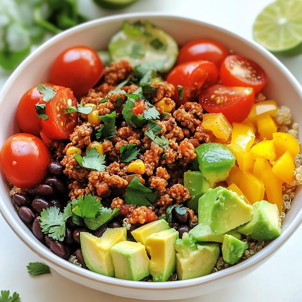 For these tasty power bowls, you need: - 1 lb ground chicken - 1 cup quinoa - 2 cups chicken broth (or water) - 1 cup cherry tomatoes, halved - 1 large avocado, diced - 1 cup black beans, drained and rinsed - 1 bell pepper, diced (red or yellow) - 1 teaspoon cumin - 1 teaspoon smoked paprika - 1 tablespoon olive oil - Salt and pepper to taste Each ingredient adds flavor and nutrition. Ground chicken is lean and packed with protein. Quinoa is a healthy grain rich in fiber. Cherry tomatoes give a sweet burst, while avocado adds creaminess. Black beans are full of nutrients, and bell peppers add crunch. You can make your bowls even better with these toppings: - Fresh cilantro for garnish - Lime wedges for serving Cilantro brightens the dish with fresh flavor. Lime juice adds a zesty kick that enhances all the flavors. This meal is not only delicious but also nutritious. Ground chicken provides protein, which helps build muscle. Quinoa offers complex carbs for energy and fiber for digestion. Avocado gives healthy fats that keep you full. Black beans add more protein and fiber, making this bowl a well-rounded meal. With colorful veggies, you get vitamins and minerals to boost your health. This bowl is a smart choice for a quick, healthy meal. {{ingredient_image_1}} Start by rinsing the quinoa. Place it in a fine mesh strainer and run cold water over it. This step cleans the quinoa and removes any bitter taste. Next, take a medium saucepan and add the rinsed quinoa and chicken broth or water. Bring this mixture to a boil over high heat. Once boiling, reduce the heat to low. Cover the saucepan and let it simmer for 15 to 20 minutes. In this time, the quinoa will absorb the liquid and become fluffy. After cooking, take it off the heat and let it sit covered for 5 more minutes. Finally, use a fork to fluff the quinoa before serving. While the quinoa cooks, grab a large skillet and heat olive oil over medium heat. Once the oil is hot, add the ground chicken. Cook it for about 5 to 7 minutes. As it cooks, break it apart with a spatula. You want to cook it until it turns white and no longer pink. After that, season the chicken with cumin, smoked paprika, salt, and pepper. Stir well to mix the spices into the meat. Let it cook for another 2 to 3 minutes to deepen the flavor of the chicken. Now comes the fun part: assembling your power bowl! Start with a scoop of fluffy quinoa as the base. On top of the quinoa, add the cooked ground chicken. Next, layer on halved cherry tomatoes, diced avocado, black beans, and diced bell pepper. This mix adds color and crunch. For the finishing touch, sprinkle fresh cilantro over the top. Serve lime wedges on the side so you can squeeze fresh juice onto your bowl. This adds a zesty kick to each bite! To cook quinoa, rinse it well under cold water. This removes any bitter taste. In a medium pot, mix one cup of quinoa with two cups of chicken broth or water. Bring it to a boil, then lower the heat and cover it. Let it simmer for 15 to 20 minutes. The quinoa will be fluffy when done. After cooking, let it sit for five minutes. Finally, fluff it with a fork for the best texture. To make ground chicken tastier, use simple spices. I love adding cumin and smoked paprika. These spices bring warmth and depth to the dish. Cook the chicken until it turns golden brown. This adds a nice flavor too. Don’t forget to season with salt and pepper. You can also add minced garlic or onion for extra taste. A colorful bowl makes your meal more fun. Start with a base of quinoa. Then, add layers of cooked ground chicken, black beans, and fresh veggies. Cherry tomatoes and diced avocado add bright colors. Use deep plates to showcase the vibrant ingredients. Finally, add a sprinkle of fresh cilantro and lime wedges on the side. This not only looks pretty but also adds fresh flavors! Pro Tips Store Leftovers Properly: Keep any leftover power bowl components in separate airtight containers in the fridge to maintain freshness and prevent sogginess. Customize Your Veggies: Feel free to swap out any vegetables based on your preference or what you have on hand. Zucchini or corn can be great additions! Meal Prep for the Week: Prepare a larger batch of quinoa and chicken to assemble quick power bowls throughout the week for easy lunches or dinners. Add a Kick: For those who enjoy a little heat, consider adding diced jalapeños or a splash of hot sauce to your bowl for an extra kick! {{image_2}} If you want a meat-free option, try using lentils or chickpeas. Both options add protein and fiber. You can also swap ground chicken for crumbled tofu or tempeh. These choices will keep your power bowl filling and tasty. Many proteins work well in power bowls. Ground turkey is a great alternative. It has a similar texture and taste. For a twist, try shrimp or diced chicken breast. You can even use canned tuna for a quick meal. Each option brings unique flavors and keeps your bowls interesting. Spices can change the whole taste of your power bowl. For a kick, add chili powder or cayenne pepper. If you like herbs, try adding oregano or basil. Dressings can also enhance flavors. A simple lime vinaigrette or a spicy yogurt sauce will elevate your meal. Mix and match to find your favorite flavor combos! To keep your Ground Chicken Power Bowls fresh, store the leftovers in airtight containers. This helps prevent moisture loss and keeps flavors intact. Always let the bowls cool to room temperature before sealing. This step stops condensation, which can make the food soggy. Try to eat the leftovers within three days for the best taste. If you want to prepare your bowls in advance, freezing is a great option. First, make sure the bowls are completely cool. Then, divide the ingredients into portions. Use freezer-safe bags or containers to store them. For the best results, avoid freezing the avocado and fresh toppings. They do not freeze well and can become mushy. When it’s time to eat, you can reheat your bowls in a few ways. The microwave is quick and easy. Just cover the bowl with a microwave-safe lid, heat for one to two minutes. Stir halfway through to heat evenly. If you prefer, you can also use a skillet over low heat. This method keeps the texture nice and warm. Just add a splash of water to help steam the ingredients. Enjoy your flavorful meal again! Yes, you can make this recipe ahead of time. Cook the quinoa and ground chicken. Store them in separate containers in the fridge. They stay fresh for up to four days. You can prep the veggies, too. Just cut the tomatoes, avocado, and bell pepper. Keep them in airtight containers. Assemble your bowls when you're ready to eat. If you want a substitute for quinoa, try brown rice or farro. Both grains provide a nice texture and flavor. You can also use cauliflower rice for a low-carb option. Just sauté it lightly before adding to your bowl. Choose what you like best! Yes, there are low-carb options for this recipe. Instead of quinoa, you can use cauliflower rice. It adds a great base without extra carbs. You can skip the black beans, too, as they add carbs. Use more veggies instead, like spinach or zucchini. Store assembled power bowls in the fridge for about two days. Cover them tightly to keep them fresh. If you add avocado, it may brown quickly. Consider adding it fresh before serving. Enjoy your tasty bowls! Ground chicken power bowls are easy and healthy. You learned about key ingredients, cooking steps, and tips for success. I shared ways to customize your bowls and store leftovers. Each section shows how fun and simple it is to make these dishes. Enjoy making your power bowls your way. Use this guide to explore flavors, textures, and nutrition. Cooking should be enjoyable!