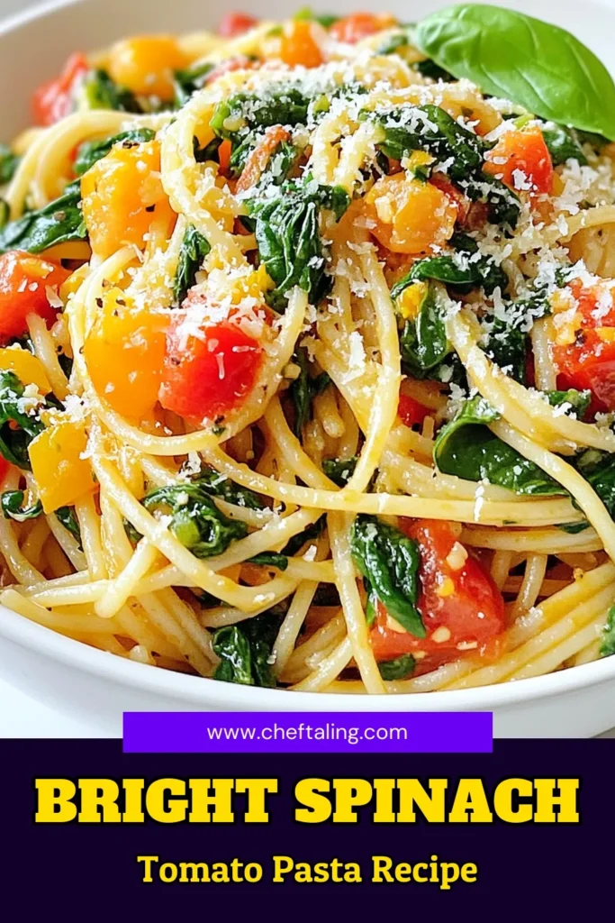Discover the vibrant flavors of this spinach tomato pasta, a quick tomato pasta recipe that’s perfect for busy days. Made with whole wheat spaghetti, this healthy pasta dish is a delightful vegetarian pasta with spinach that combines fresh ingredients for a delicious meal. Ready in just 25 minutes, it’s perfect for any weeknight dinner. Try this whole wheat spaghetti recipe today! Save it for your next meal! #SpinachTomatoPasta #HealthyPasta #VegetarianRecipes #QuickDinnerIdeas