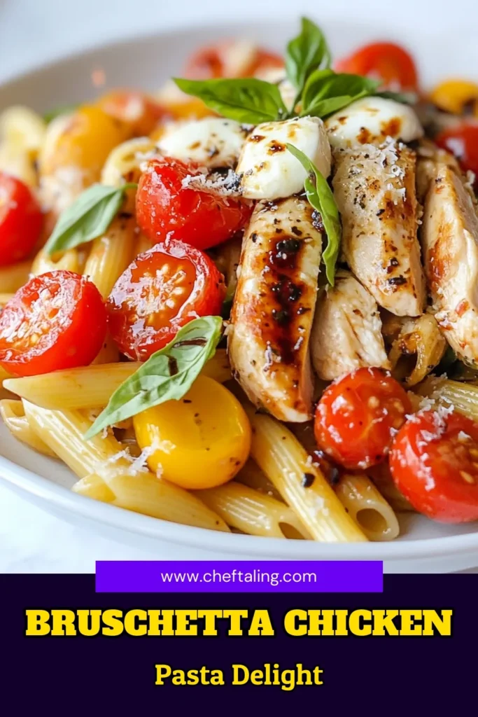 Discover the delight of Bruschetta Chicken Pasta, an easy pasta recipe that combines juicy chicken and fresh cherry tomatoes for a mouthwatering meal. This Italian chicken recipe features al dente penne pasta tossed with a flavorful bruschetta mixture, topped with melted mozzarella cheese. Perfect for a weeknight dinner, this dish promises to impress. Try it today and elevate your pasta game! Save this recipe for quick access! #BruschettaChickenPasta #EasyPastaRecipes #ChickenAndTomatoPasta #ItalianChickenRecipes