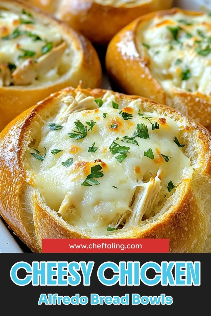Discover the ultimate comfort food with these Chicken Alfredo Bread Bowls! Perfect for a cozy night in, this easy Chicken Alfredo recipe uses crusty sourdough bread bowls to hold creamy, cheesy goodness. Packed with shredded chicken and topped with gooey mozzarella, these baked Chicken Alfredo bowls are sure to impress. Try this Garlic Bread Recipe today for a delicious twist! Save for later! #ChickenAlfredoBreadBowls #GarlicBreadRecipe #SourdoughBreadBowls #EasyChickenAlfredo