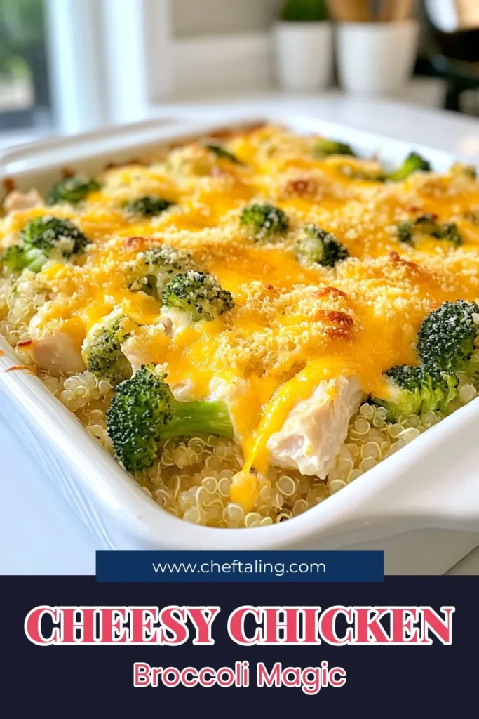 Discover the ultimate cheesy chicken broccoli casserole that will please everyone at the dinner table! This healthy chicken casserole blends tender chicken, fresh broccoli, and creamy goodness for a meal that's both nutritious and delicious. Perfect as an easy quinoa casserole, this chicken and broccoli recipe is a weeknight winner. Get the full recipe and start cooking this creamy broccoli chicken bake today! Save for later! #HealthyCasserole #ChickenBroccoli #EasyCasserole #DinnerIdeas
