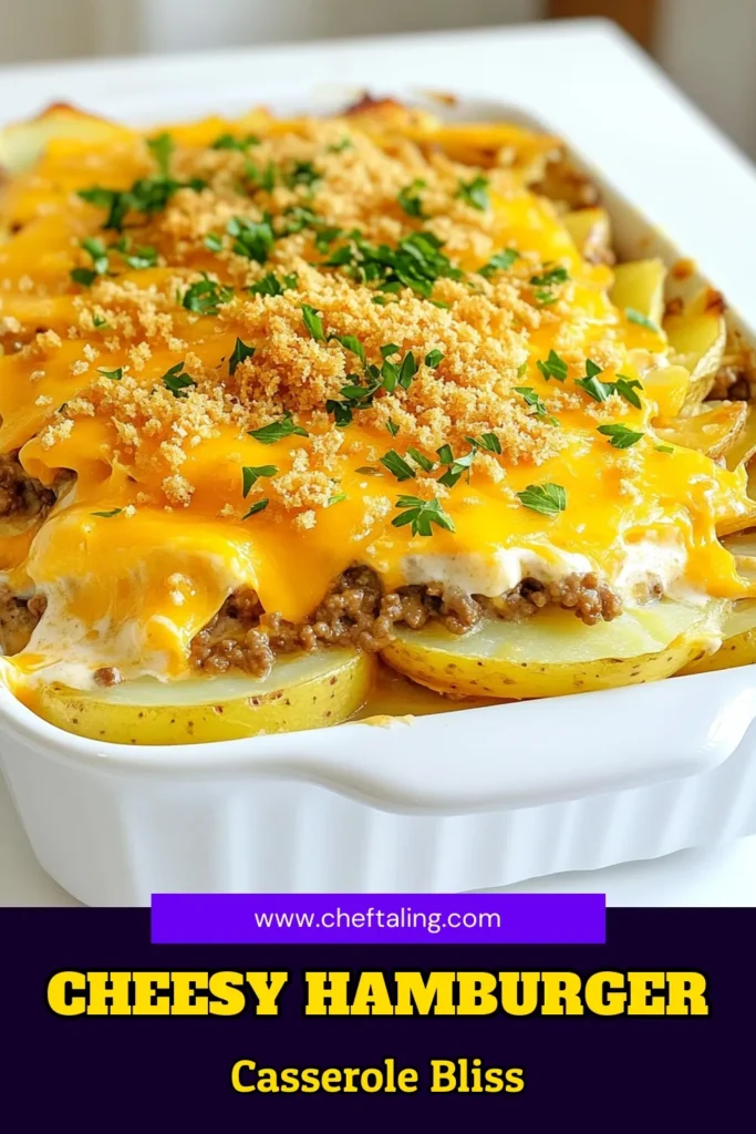 Satisfy your cravings with this delicious Cheesy Hamburger Potato Casserole! Layered with ground beef, creamy cheddar cheese, and hearty potatoes, this comforting dish is perfect for family dinners or meal prep. Ready in just over an hour, it's a crowd-pleaser that everyone will love. Don't miss out on this easy recipe—click to explore the full instructions and enjoy a warm, cheesy delight tonight! #CasseroleRecipes #ComfortFood #EasyDinner #CheesyGoodness