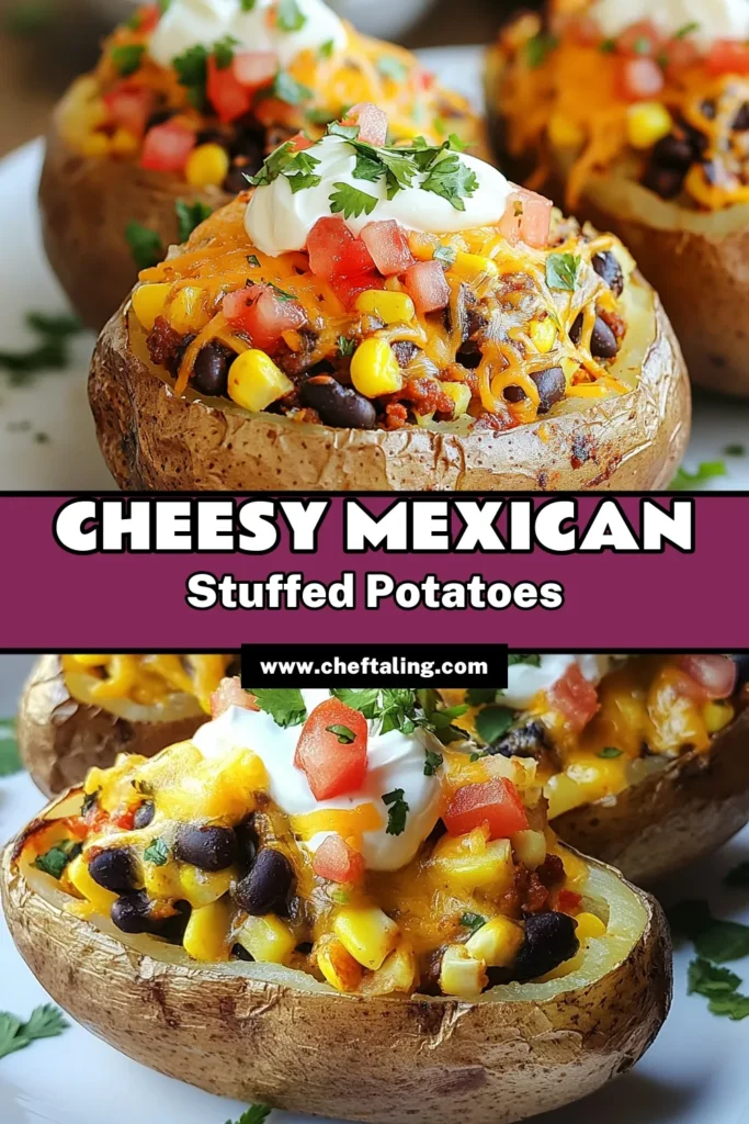 Indulge in these Cheesy Mexican Stuffed Potatoes for a delightful twist on traditional baked potato recipes. Packed with nutritious black beans and corn, these Mexican-inspired potato dishes are perfect for any meal. These easy vegetarian baked potatoes are not only delicious but also a crowd-pleaser. Try this simple recipe for a satisfying and healthy option. Save now and enjoy the flavors! #StuffedPotatoes #VegetarianRecipes #MexicanFood #BakedPotatoes