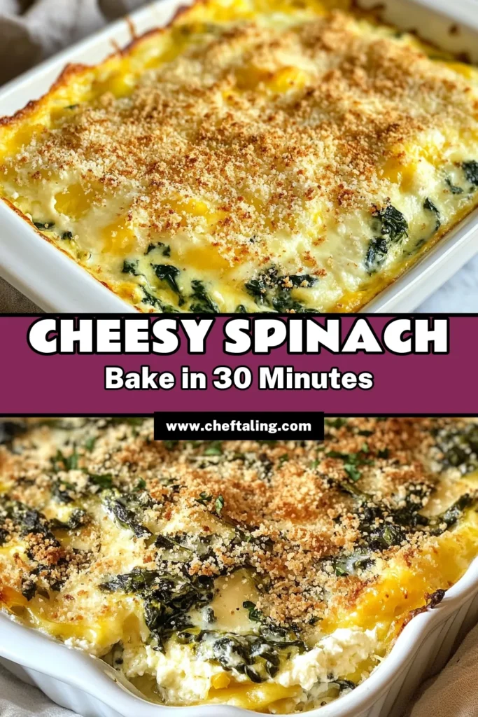 Discover this delicious cheesy spinach bake recipe that combines fresh spinach, ricotta, and mozzarella into a mouthwatering dish! This spinach mozzarella bake is perfect as a healthy cheesy side dish or an easy spinach bake with breadcrumbs. It's simple to prepare and sure to impress your family and friends. Try this ricotta spinach casserole today and elevate your meal! Save this recipe for later! #CheesySpinachBake #SpinachMozzarellaBake #HealthySideDish #EasyRecipes
