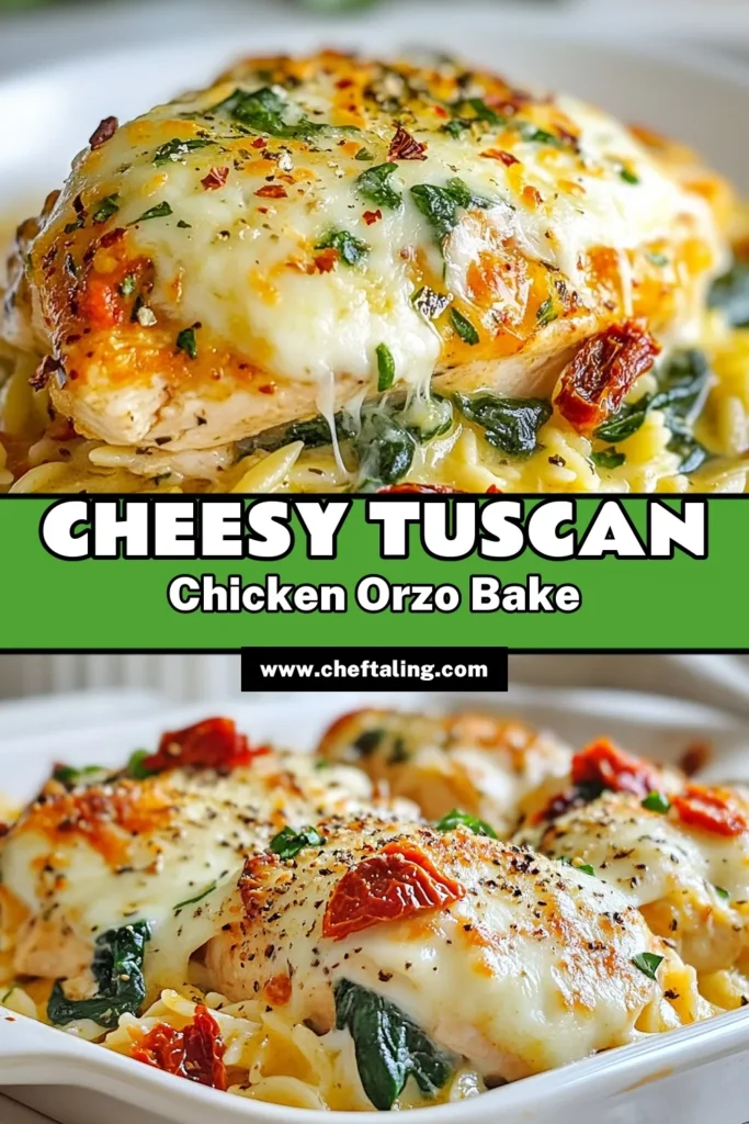 Discover the deliciousness of this Tuscan Chicken Orzo Bake, an easy chicken orzo recipe perfect for weeknight dinners. Packed with baked orzo with spinach, tender chicken, and melted mozzarella, this one pan Tuscan chicken dish will quickly become a family favorite. Enjoy a hearty meal that's both simple to make and full of flavor. Save this recipe now and impress your loved ones tonight! #TuscanChicken #EasyRecipes #OnePanMeals #OrzoPasta