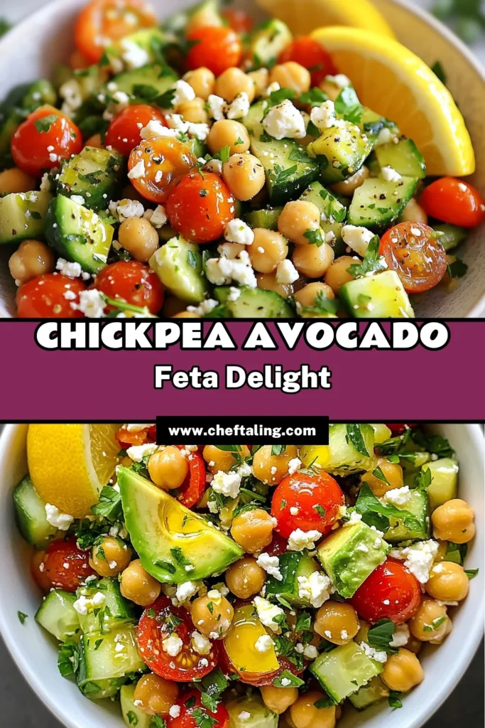 This Chickpea Feta Avocado Salad is a must-try Mediterranean salad recipe packed with flavor and nutrition! Perfect as a light meal or side dish, this easy avocado salad combines chickpeas, creamy avocado, tangy feta cheese, and fresh veggies. Enjoy a healthy chickpea recipe that delights your taste buds in just 15 minutes. Save this recipe for a vibrant, refreshing dish anytime! #ChickpeaAvocadoSalad #FetaCheeseSalad #HealthyChickpeaRecipe #MediterraneanSalad