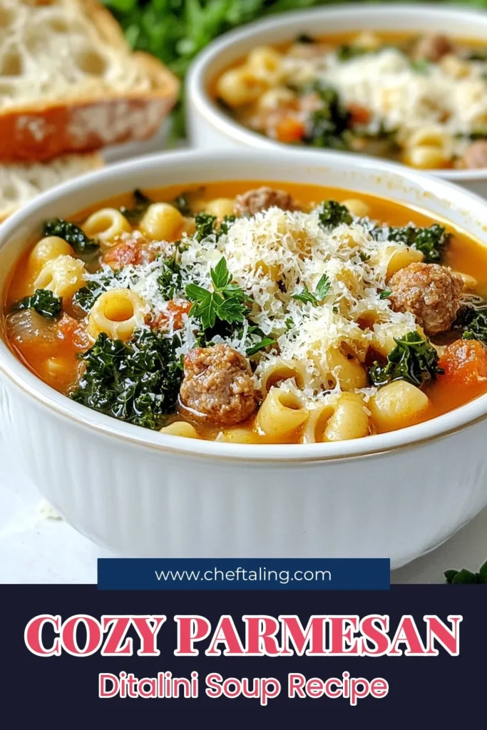 Discover this delightful Parmesan Ditalini Soup with Sausage that's perfect for any meal! This Parmesan soup recipe combines rich flavors of Italian sausage, kale, and tender ditalini pasta for a hearty dish you’ll love. Enjoy a healthy soup recipe that warms you from the inside out. Try this easy kale soup with Parmesan today! Save this recipe for your next cozy dinner! #ParmesanSoup #DitaliniSoup #ItalianSausageSoup #HealthySoupRecipes
