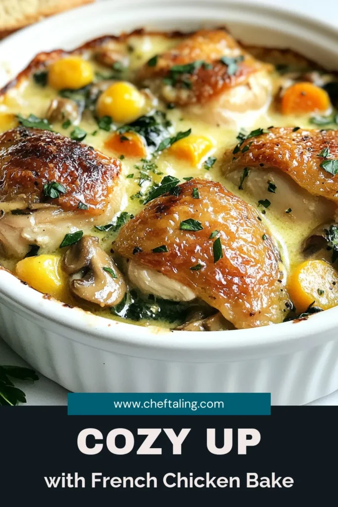 Discover the ultimate cozy chicken casserole recipe with this delicious French chicken casserole. Featuring tender chicken thighs, a creamy mushroom chicken bake sauce, and topped with melty Gruyère cheese, this one-pan chicken casserole is perfect for weeknight dinners. Easy to make and packed with flavor, it’s sure to please the whole family. Try this heartwarming dish today! Save the recipe for later! #FrenchChickenCasserole #CozyCasserole #CreamyMushroomChicken #OnePanDinner