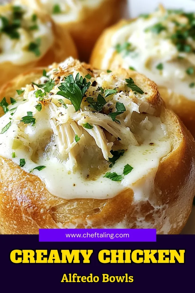 Indulge in the ultimate comfort food with these Chicken Alfredo Garlic Bread Bowls! This easy chicken Alfredo recipe features creamy chicken Alfredo served in warm sourdough bread bowls, making each bite a delicious treat. Perfect for dinner or a cozy night in, this garlic bread bowls recipe will impress your family and friends. Save this recipe for a fun twist on a classic favorite! #ChickenAlfredoBreadBowls #GarlicBreadBowls #CreamyChickenAlfredo #SourdoughBowls