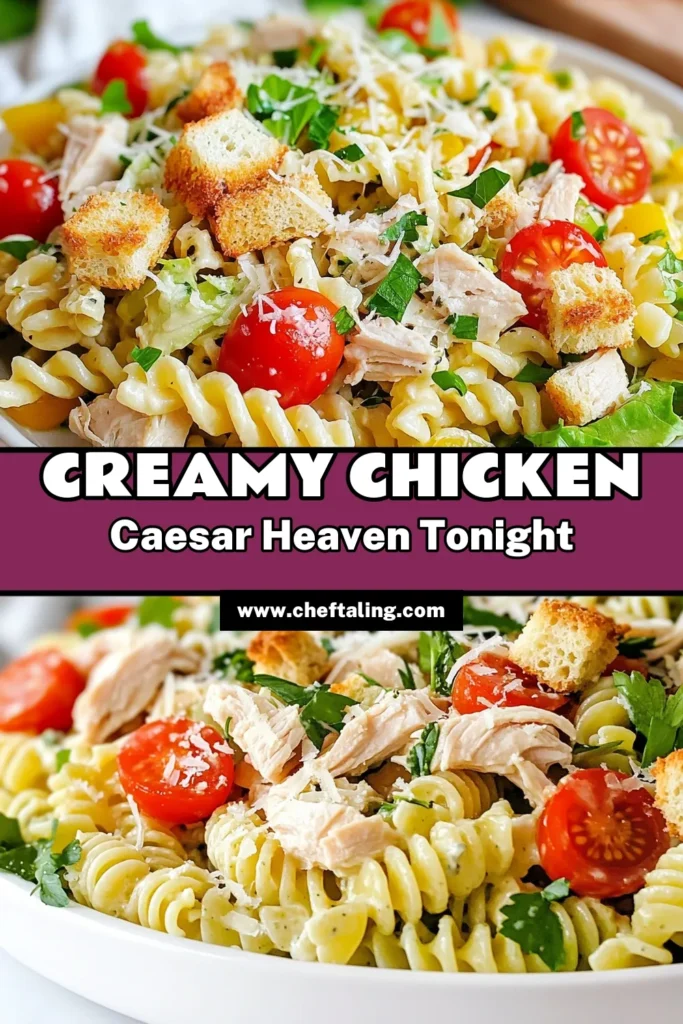 Discover the delight of this Creamy Chicken Caesar Pasta Salad packed with flavor and easy to prepare! Perfect for quick dinner ideas, this rotini pasta salad combines shredded chicken, fresh romaine, and cherry tomatoes, all tossed in a rich Caesar dressing. This recipe is a hit for anyone looking for easy pasta salad recipes. Save this one for a tasty meal that’s ready in just 30 minutes! #PastaSalad #QuickDinner #ChickenCaesar #EasyRecipes
