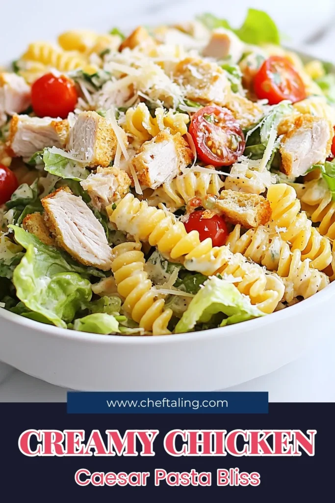 Discover the ultimate Creamy Chicken Pasta Salad that combines flavors in a delightful Caesar Pasta Salad Recipe! This easy pasta salad with dressing features rotini pasta, diced chicken, fresh romaine, and a zesty blend of Caesar dressing and Greek yogurt for a healthy chicken salad that's perfect for any occasion. Ready in just 15 minutes, it's great for meal prep or gatherings. Try it today and save the recipe! #PastaSalad #HealthyRecipes #ChickenSalad #QuickMeals