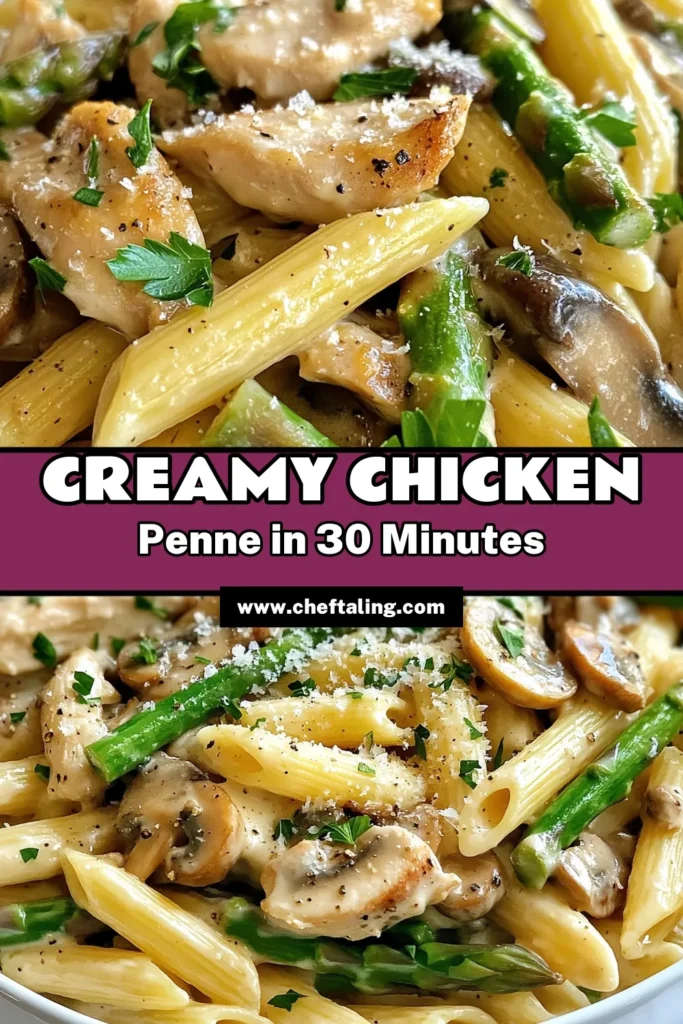 Discover the deliciousness of Mushroom Asparagus Chicken Penne, a creamy chicken penne recipe that's perfect for any night! This easy penne pasta dish combines tender chicken and colorful vegetables for a satisfying meal. In just 30 minutes, you can whip up this quick dinner recipe that your family will love. Don’t wait, try making this chicken and vegetable pasta today! Save this recipe for later! #PastaRecipes #QuickDinner #EasyRecipes #MushroomPenne