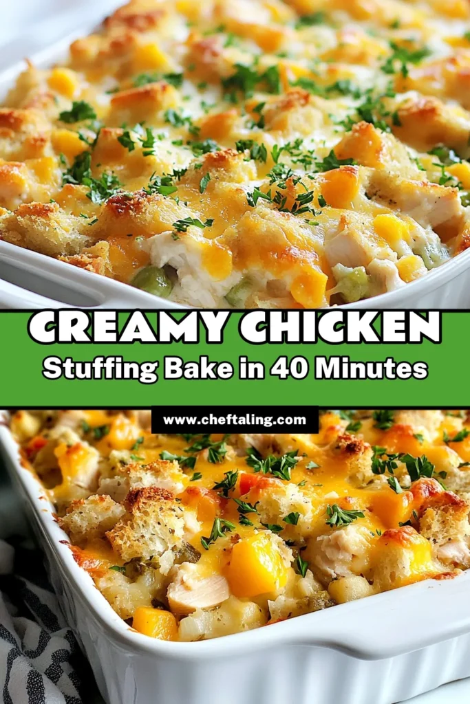 Looking for a quick and delicious weeknight meal? Try this easy chicken casserole! Our creamy chicken casserole features tender shredded chicken and a flavorful stuffing mix, making it the perfect chicken and stuffing bake for busy families. This stuffing casserole recipe is not only simple to make but also satisfying and hearty. Get ready to impress your family with this quick chicken dinner recipe! Save this post for your next meal idea! #EasyChickenCasserole #StuffingCasseroleRecipe #ChickenAndStuffingBake #QuickDinnerIdeas