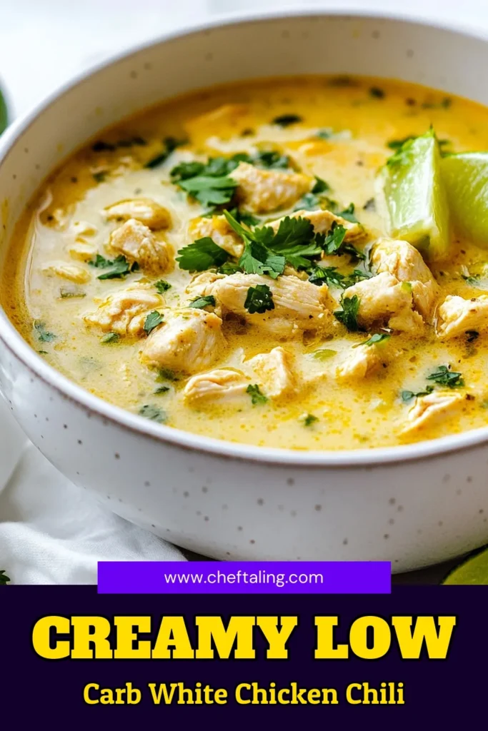 Warm up with this deliciously creamy low-carb white chicken chili that’s perfect for any day! This easy low-carb chili is a must-try for those following a keto lifestyle. Packed with flavor, this creamy chicken chili recipe features tender chicken, spicy jalapeños, and a rich, velvety texture. Perfect for a cozy dinner! Discover the joy of healthy chicken chili recipes today. Save this low-carb white chicken chili for your next meal! #LowCarbChili #KetoRecipes #HealthyEating #ChiliRecipe