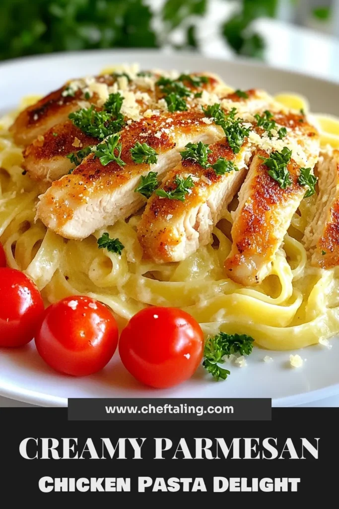 Indulge in this Cheesy Parmesan Chicken Pasta, an Easy Chicken Pasta Recipe that brings comfort to your table. Featuring savory Fettuccine Alfredo with Chicken, this Creamy Parmesan Pasta is perfect for busy weeknights. With tender chicken strips and fresh ingredients, this Italian Chicken Pasta Dish is sure to impress. Get the full recipe and bring deliciousness to your dinner! Save this for later! #PastaRecipes #ChickenDinner #ItalianCuisine #ComfortFood