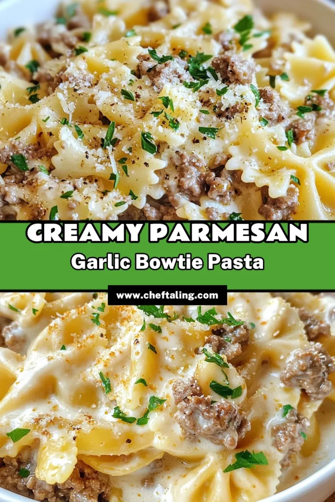 Indulge in this creamy Parmesan garlic beef pasta dish that’s perfect for a quick weeknight meal! This bowtie pasta recipe features tender beef, aromatic garlic, and a rich Parmesan sauce that's sure to impress. Try this easy pasta dish for a satisfying garlic beef dinner that your family will love. Click to save this delicious recipe and make it tonight! #ParmesanGarlicBeefPasta #BowtiePastaRecipe #CreamyBeefPasta #EasyPastaDishes