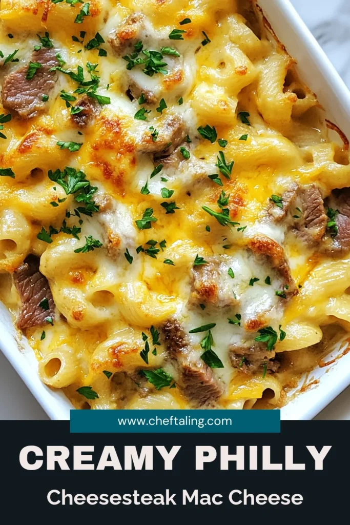 Indulge in this mouthwatering Philly cheesesteak mac and cheese for a high-protein twist on a classic favorite. This healthy mac and cheese recipe features tender flank steak and a creamy mac and cheese with beef that is both satisfying and guilt-free. Perfect for an easy cheesy pasta bake, this dish is sure to become a family favorite. Save this delicious recipe for your next meal! #PhillyCheesesteakMacAndCheese #HealthyMacAndCheese #CheesyPastaBake #FlankSteakMacAndCheese