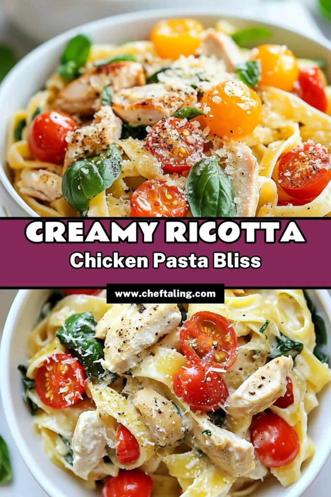 Indulge in this creamy chicken pasta dish that’s quick and easy to prepare! This ricotta cheese pasta recipe features tender chicken, fresh spinach, and vibrant cherry tomatoes, making it a delightful weeknight meal. Perfect for anyone craving an Italian chicken pasta dish, this creamy ricotta chicken pasta is both satisfying and delicious. Save this easy pasta with chicken recipe for your next dinner idea! #CreamyChickenPasta #RicottaCheese #EasyPasta #ItalianCuisine