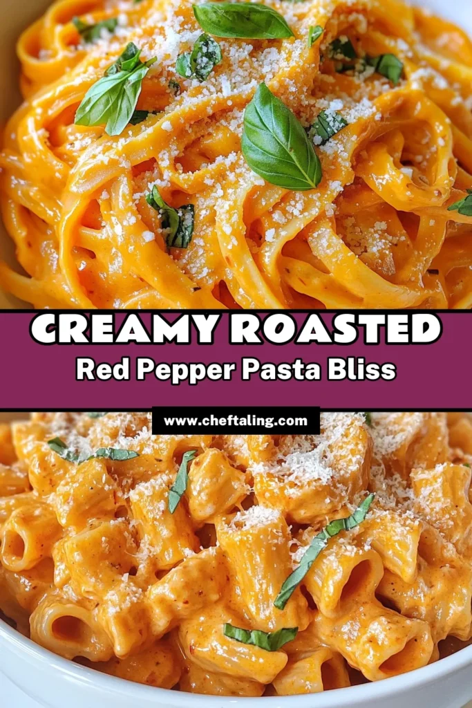 Indulge in this creamy roasted red pepper pasta that's perfect for weeknight dinners! This easy pasta recipe features a velvety roasted red pepper sauce that's both delicious and satisfying. In just 50 minutes, you can whip up a delightful vegetarian pasta dish that everyone will love. Don't miss out on this creamy pasta recipe—save it for your next meal! #CreamyPasta #VegetarianRecipes #PastaLove #EasyDinnerIdeas