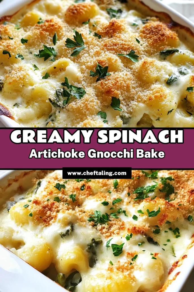Indulge in this creamy and delicious Savory Gnocchi Bake featuring a delightful Spinach Artichoke Recipe that's perfect for any night. This Easy Dinner Recipe combines potato gnocchi, fresh spinach, and artichoke hearts in a cheesy, baked dish that's sure to impress. Serve this Baked Spinach Artichoke Gnocchi at your next gathering for a cozy meal everyone will love. Save this recipe for your next dinner! #Gnocchi #SpinachArtichoke #DinnerIdeas #EasyRecipes