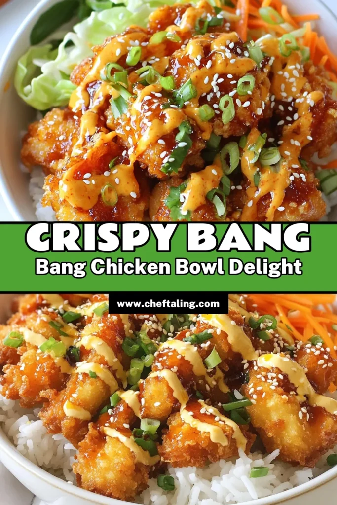 Looking for a delicious and quick chicken dinner? Try this Bang Bang Chicken Bowl! This spicy chicken recipe features crispy chicken pieces tossed in a creamy, zesty Bang Bang sauce over a bed of jasmine rice and fresh veggies. Perfect for a satisfying Asian-inspired chicken bowl that’s ready in just 30 minutes. Save this crunchy chicken recipe to impress your family with an easy weeknight meal! #BangBangChickenBowl #SpicyChickenRecipe #QuickChickenDinner #AsianInspiredCooking
